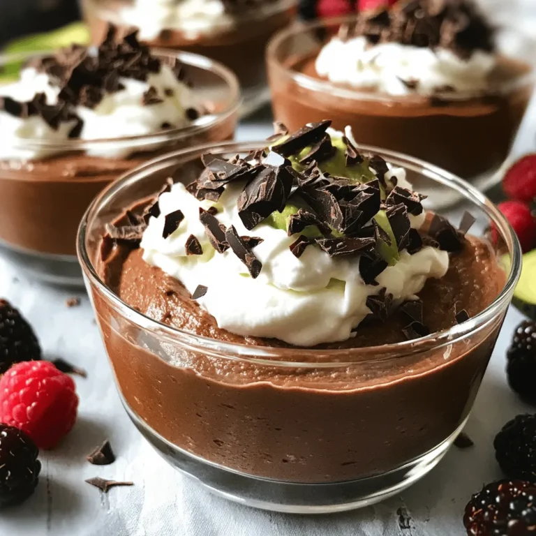 To make a rich and creamy chocolate avocado mousse, you need just a few simple items. These ingredients blend to create a smooth, decadent treat. Here’s the full list: - 2 ripe avocados, pitted and peeled - 1/2 cup unsweetened cocoa powder - 1/2 cup pure maple syrup or honey - 1/4 cup almond milk - 1 teaspoon vanilla extract - A pinch of salt - Optional toppings: Whipped coconut cream, dark chocolate shavings, fresh berries, crushed nuts Ripe avocados are key. They provide a creamy base and a mild flavor. Unsweetened cocoa powder gives the mousse its rich chocolate taste. The maple syrup or honey adds sweetness, but you can adjust it to your liking. Almond milk makes it smooth, while vanilla and salt enhance the flavors. You can top your mousse with whipped coconut cream for extra richness. Dark chocolate shavings add a nice crunch. Fresh berries bring a bright flavor, and crushed nuts add texture. Each topping makes this mousse even more special. Now, gather these ingredients to create a delightful dessert. Trust me, this mousse is a crowd-pleaser! Making chocolate avocado mousse is easy and fun. Follow these steps to create a rich treat. - Step 1: Blend ripe avocados until smooth. Start with two ripe avocados. Cut them, remove the pit, and scoop out the flesh. Place the avocado in a food processor. Blend until you get a silky texture. Make sure there are no lumps. This step is key for creaminess. - Step 2: Mix in cocoa powder, sweetener, almond milk, and vanilla. Add half a cup of unsweetened cocoa powder to the blender. Next, pour in half a cup of pure maple syrup or honey. If you want it sweeter, you can adjust this later. Add a quarter cup of almond milk and one teaspoon of vanilla extract. Don't forget a pinch of salt. This enhances the chocolate flavor. - Step 3: Adjust sweetness and chill before serving. Blend the mixture again until it's completely smooth. Taste the mousse. If it needs more sweetness, add a little more maple syrup or honey. Once it’s perfect, scoop the mousse into bowls or glasses. Chill in the fridge for at least 30 minutes. This helps the mousse firm up and gives it a nice texture. Now you’re ready to enjoy this rich and creamy delight! For the detailed recipe, check out the Full Recipe. To make the best chocolate avocado mousse, start with ripe avocados. Ripe avocados are soft and creamy. They blend into a smooth mixture. If your avocados are hard, wait a few days. Check them for a slight give when you press gently. Next, use a good blender or food processor. This helps achieve that creamy texture. Blend the avocados first until smooth. Scrape down the sides to get every bit mixed in. Then, add the cocoa powder, sweetener, almond milk, and vanilla. Blend again until everything is combined. The mousse should be rich and creamy. Taste your mousse before serving. You can adjust the sweetness to your liking. If it is not sweet enough, add more maple syrup or honey. Blend again to mix it well. This way, you get the perfect flavor balance. Enjoy the process and trust your taste buds! {{image_2}} You can easily change up the flavor of your chocolate avocado mousse. Here are some fun ideas to try: - Adding a hint of espresso or coffee: A small amount of espresso can enhance the chocolate flavor. Just one teaspoon can add a nice depth. Blend it right in with the other ingredients. You will love the rich taste! - Incorporating peanut butter or almond butter: Mixing in a spoonful of your favorite nut butter gives a creamy texture. This adds protein and a unique flavor. Just remember to adjust the sweetness since nut butters can have their own taste. - Try different sweeteners: You can swap maple syrup or honey for other sweeteners. Agave nectar or coconut sugar work well too. Taste as you go to find your perfect sweetness level. Each sweetener brings its own flavor profile, allowing you to create a mousse that is just right for you. These variations keep your mousse exciting and personalized. Experimenting with different flavors can make your dessert journey even more fun! For the complete recipe, check out the [Full Recipe]. To keep your chocolate avocado mousse fresh, use an airtight container. This will stop air from getting in and keep it creamy. If stored well, the mousse lasts for about 3 to 5 days in the fridge. If you want to save some for later, you can freeze it. Just scoop it into a freezer-safe container. Make sure to leave some space at the top, as it may expand. The mousse can stay good for up to 2 months in the freezer. When you are ready to eat it again, move the mousse to the fridge overnight to thaw. Give it a quick stir after thawing. This will help restore the smooth texture. Enjoy this rich and creamy delight whenever you crave it! For the full recipe, check out the section above. Yes, you can easily make this mousse dairy-free. Use almond milk or any non-dairy milk instead of regular milk. This keeps the mousse creamy and delicious without dairy. Check for a dark green or black skin color. Gently squeeze the avocado. It should feel soft but not mushy. If it is hard, leave it out to ripen for a few days. Sure! You can use coconut milk, oat milk, or soy milk. Each type adds a unique taste but keeps the mousse creamy. Avocados are full of healthy fats, vitamins, and fiber. They can improve heart health and help with digestion. Using avocados makes this mousse rich and nutritious. Serve the mousse in small bowls or glasses. Top it with whipped coconut cream, dark chocolate shavings, fresh berries, or crushed nuts for added flavor and fun. You can find the full recipe above for more details. This blog post shows you how to make a simple chocolate avocado mousse. You need ripe avocados, cocoa powder, and a sweetener. Proper blending gives a creamy texture, and you can add fun flavors like peanut butter. For storage, keep your mousse in an airtight container. This treat is healthy and easy to customize. Enjoy making this tasty dessert that pleases many palates. Dive into your kitchen and create something amazing!