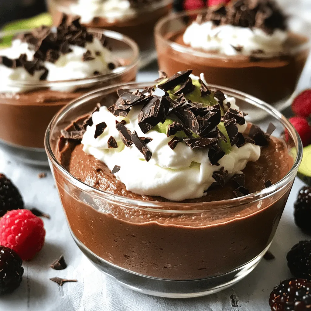 To make a rich and creamy chocolate avocado mousse, you need just a few simple items. These ingredients blend to create a smooth, decadent treat. Here’s the full list: - 2 ripe avocados, pitted and peeled - 1/2 cup unsweetened cocoa powder - 1/2 cup pure maple syrup or honey - 1/4 cup almond milk - 1 teaspoon vanilla extract - A pinch of salt - Optional toppings: Whipped coconut cream, dark chocolate shavings, fresh berries, crushed nuts Ripe avocados are key. They provide a creamy base and a mild flavor. Unsweetened cocoa powder gives the mousse its rich chocolate taste. The maple syrup or honey adds sweetness, but you can adjust it to your liking. Almond milk makes it smooth, while vanilla and salt enhance the flavors. You can top your mousse with whipped coconut cream for extra richness. Dark chocolate shavings add a nice crunch. Fresh berries bring a bright flavor, and crushed nuts add texture. Each topping makes this mousse even more special. Now, gather these ingredients to create a delightful dessert. Trust me, this mousse is a crowd-pleaser! Making chocolate avocado mousse is easy and fun. Follow these steps to create a rich treat. - Step 1: Blend ripe avocados until smooth. Start with two ripe avocados. Cut them, remove the pit, and scoop out the flesh. Place the avocado in a food processor. Blend until you get a silky texture. Make sure there are no lumps. This step is key for creaminess. - Step 2: Mix in cocoa powder, sweetener, almond milk, and vanilla. Add half a cup of unsweetened cocoa powder to the blender. Next, pour in half a cup of pure maple syrup or honey. If you want it sweeter, you can adjust this later. Add a quarter cup of almond milk and one teaspoon of vanilla extract. Don't forget a pinch of salt. This enhances the chocolate flavor. - Step 3: Adjust sweetness and chill before serving. Blend the mixture again until it's completely smooth. Taste the mousse. If it needs more sweetness, add a little more maple syrup or honey. Once it’s perfect, scoop the mousse into bowls or glasses. Chill in the fridge for at least 30 minutes. This helps the mousse firm up and gives it a nice texture. Now you’re ready to enjoy this rich and creamy delight! For the detailed recipe, check out the Full Recipe. To make the best chocolate avocado mousse, start with ripe avocados. Ripe avocados are soft and creamy. They blend into a smooth mixture. If your avocados are hard, wait a few days. Check them for a slight give when you press gently. Next, use a good blender or food processor. This helps achieve that creamy texture. Blend the avocados first until smooth. Scrape down the sides to get every bit mixed in. Then, add the cocoa powder, sweetener, almond milk, and vanilla. Blend again until everything is combined. The mousse should be rich and creamy. Taste your mousse before serving. You can adjust the sweetness to your liking. If it is not sweet enough, add more maple syrup or honey. Blend again to mix it well. This way, you get the perfect flavor balance. Enjoy the process and trust your taste buds! {{image_2}} You can easily change up the flavor of your chocolate avocado mousse. Here are some fun ideas to try: - Adding a hint of espresso or coffee: A small amount of espresso can enhance the chocolate flavor. Just one teaspoon can add a nice depth. Blend it right in with the other ingredients. You will love the rich taste! - Incorporating peanut butter or almond butter: Mixing in a spoonful of your favorite nut butter gives a creamy texture. This adds protein and a unique flavor. Just remember to adjust the sweetness since nut butters can have their own taste. - Try different sweeteners: You can swap maple syrup or honey for other sweeteners. Agave nectar or coconut sugar work well too. Taste as you go to find your perfect sweetness level. Each sweetener brings its own flavor profile, allowing you to create a mousse that is just right for you. These variations keep your mousse exciting and personalized. Experimenting with different flavors can make your dessert journey even more fun! For the complete recipe, check out the [Full Recipe]. To keep your chocolate avocado mousse fresh, use an airtight container. This will stop air from getting in and keep it creamy. If stored well, the mousse lasts for about 3 to 5 days in the fridge. If you want to save some for later, you can freeze it. Just scoop it into a freezer-safe container. Make sure to leave some space at the top, as it may expand. The mousse can stay good for up to 2 months in the freezer. When you are ready to eat it again, move the mousse to the fridge overnight to thaw. Give it a quick stir after thawing. This will help restore the smooth texture. Enjoy this rich and creamy delight whenever you crave it! For the full recipe, check out the section above. Yes, you can easily make this mousse dairy-free. Use almond milk or any non-dairy milk instead of regular milk. This keeps the mousse creamy and delicious without dairy. Check for a dark green or black skin color. Gently squeeze the avocado. It should feel soft but not mushy. If it is hard, leave it out to ripen for a few days. Sure! You can use coconut milk, oat milk, or soy milk. Each type adds a unique taste but keeps the mousse creamy. Avocados are full of healthy fats, vitamins, and fiber. They can improve heart health and help with digestion. Using avocados makes this mousse rich and nutritious. Serve the mousse in small bowls or glasses. Top it with whipped coconut cream, dark chocolate shavings, fresh berries, or crushed nuts for added flavor and fun. You can find the full recipe above for more details. This blog post shows you how to make a simple chocolate avocado mousse. You need ripe avocados, cocoa powder, and a sweetener. Proper blending gives a creamy texture, and you can add fun flavors like peanut butter. For storage, keep your mousse in an airtight container. This treat is healthy and easy to customize. Enjoy making this tasty dessert that pleases many palates. Dive into your kitchen and create something amazing!