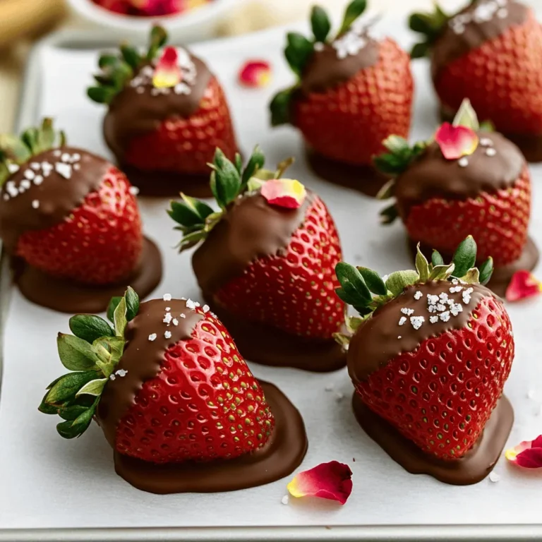 To make chocolate dipped strawberries, start with fresh strawberries. You want them ripe, juicy, and firm. Look for berries that have bright red color and green leaves. This recipe uses 1 pound of strawberries, which is about 20 to 25 berries. Make sure to wash them gently and pat them dry. If they are wet, the chocolate won’t stick well. For the coating, dark chocolate is the best choice. Use at least 70% cocoa for a rich flavor. You need 8 ounces of chocolate for this recipe. If you want a smoother texture, add 2 tablespoons of coconut oil. This will help the chocolate melt nicely and give a lovely shine. You can also use milk chocolate or white chocolate if you prefer a sweeter taste. To make your strawberries even more special, you can add some fun toppings! Consider using sea salt for a salty-sweet treat. Crushed dry rose petals can add a unique floral note. You can also sprinkle on chopped nuts, colorful sprinkles, or toasted coconut flakes. These extras can make your chocolate dipped strawberries look stunning and taste amazing. For the full recipe, check out the section titled Full Recipe. Start by rinsing the strawberries under cool water. Use a gentle touch to avoid bruising them. After rinsing, dry each strawberry well with a paper towel. This step is very important. If the strawberries are wet, the chocolate will not stick. Make sure you remove any dirt or leaves. Aim for fresh, ripe strawberries for the best taste. Next, take a microwave-safe bowl and add the dark chocolate. If you want smoother chocolate, add two tablespoons of coconut oil. Heat the bowl in the microwave for 30 seconds. Stop and stir the chocolate each time. It should melt in about 1-2 minutes. Be careful not to overheat. You want it smooth and shiny, not burnt. Now, grab a strawberry by the green stem. Dip it into the melted chocolate. Allow any extra chocolate to drip back into the bowl. For a nice touch, swirl the strawberry as you lift it. Place each dipped strawberry on a parchment-lined baking sheet. If you like, sprinkle a little sea salt or crushed rose petals on top. This adds a fun twist to the flavors. Once you finish dipping, put the baking sheet in the fridge. Chill the strawberries for about 30 minutes. This will help the chocolate harden. After that, you can serve them up and enjoy! For the full recipe, refer to the complete instructions above. To get a smooth and perfect chocolate coat, start with dry strawberries. Any water will make the chocolate clump. Melt your chocolate gently. Heat it in short bursts to avoid burning. Stir the chocolate well to keep it smooth. Dip each strawberry slowly. Coating it evenly gives a nice look. Allow excess chocolate to drip off before placing them on the parchment paper. If you have leftover chocolate dipped strawberries, store them properly. Place them in a single layer in an airtight container. Keep them in the fridge to stay fresh. They are best eaten within 2 days. After that, the chocolate may lose its shine. If you want to keep them longer, you can freeze them. Just remember, freezing will change their texture. For a special treat, make your chocolate dipped strawberries stand out. Use a fancy platter to display them. You can drizzle white chocolate over dark chocolate for a striking look. Add some crushed nuts or sprinkles for extra flair. Garnishing with sea salt or rose petals can impress guests. These little touches make your treats feel gourmet. Check out the Full Recipe for more details and tips! {{image_2}} You can switch things up by using white chocolate. It has a sweet, creamy taste. Just melt the white chocolate like you would with dark chocolate. Dip your strawberries and let them set. You can also add a bit of vanilla extract to the melted chocolate for extra flavor. White chocolate pairs well with fresh mint leaves or crushed cookies too. Dark chocolate is rich and bold. You can spice it up with a pinch of cinnamon or cayenne pepper. Just mix these spices into the melted chocolate. This adds a fun twist to the flavor. You can also use flavored extracts, like orange or almond. These flavors work great with the deep taste of dark chocolate. After dipping your strawberries, you can add toppings for a fun look. Chopped nuts add crunch and flavor. Sprinkles make them colorful and festive. Shredded coconut can give a tropical vibe. Just sprinkle these on while the chocolate is still wet. It makes your chocolate-dipped strawberries even more special. Try mixing and matching toppings to find your favorites! For more details on making these treats, check out the Full Recipe. To keep your chocolate dipped strawberries fresh, place them in the fridge. Use a covered container to prevent them from drying out. Make sure to layer them gently with paper towels between layers. This method helps absorb moisture and keeps the chocolate intact. Avoid stacking them too high, as they might get squished. You can freeze chocolate dipped strawberries for later use. First, allow them to set in the fridge for about 30 minutes. After that, place them in a single layer on a baking sheet. Freeze until solid, then transfer them to an airtight container. They can last up to three months in the freezer. When you want to enjoy them, let them thaw in the fridge. This method helps maintain their taste and texture. Chocolate dipped strawberries are best enjoyed fresh. When stored properly in the fridge, they can last for up to two days. After that, they may lose their flavor and texture. If you freeze them, you can extend their shelf life to about three months. Remember, the fresher you eat them, the better! For the full recipe, refer to the earlier section. You can skip the coconut oil. Just melt the dark chocolate alone. This will still work well. The chocolate may be a bit thicker, but it will taste great. If you find it hard to dip, add a tiny bit of warm milk. This can help thin it out. Just remember to dip the strawberries fast so the chocolate sticks well. Yes, you can use milk chocolate. It will taste sweeter and creamier. Keep in mind that milk chocolate melts differently than dark chocolate. You may need to adjust the melting time. Remember to watch it closely to avoid burning. If you want a richer flavor, mix dark chocolate with milk chocolate for a nice balance. You can find pre-made chocolate-dipped strawberries at many grocery stores. Check the fresh produce or bakery sections. Some stores even sell them in fancy boxes. You can also order them online from specialty shops. Be sure to read reviews to find the best quality. If you want something special, local chocolate shops often make great ones too. For an easy option, check out the Full Recipe to make your own! Making chocolate-dipped strawberries is simple and fun. We covered everything from ingredients to storage tips. You learned how to prepare fresh strawberries and melt chocolate perfectly. You also found variations, like using white or dark chocolate. Remember to store leftovers well and get creative with toppings. Whether it's a treat for yourself or a special occasion, these strawberries impress. Enjoy making and eating them. They are always a sweet delight!