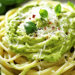 - 2 ripe avocados - 2 cloves garlic, minced - 1 cup fresh basil leaves - 1 tablespoon lemon juice - 1/4 cup olive oil - Salt and pepper to taste - 12 oz spaghetti or pasta of your choice - 1/2 teaspoon red pepper flakes (optional) - Grated Parmesan cheese (for serving) To make creamy avocado pasta, you need fresh and ripe ingredients. Start with two ripe avocados. These should feel soft but not mushy. Next, use two cloves of garlic, finely minced. The garlic adds a nice punch to the sauce. Fresh basil leaves bring a lovely aroma and flavor. You will need about one cup. Lemon juice adds brightness to the dish. Use one tablespoon for the perfect zing. Olive oil is key to a smooth sauce. You’ll need a quarter cup. Don’t forget salt and pepper to taste! They enhance all the flavors in this dish. For the pasta, I recommend twelve ounces of spaghetti or any pasta you love. If you like a bit of heat, add a half teaspoon of red pepper flakes. Lastly, don’t skip the grated Parmesan cheese for serving. It adds a savory finish you’ll enjoy. You can find the full recipe for a detailed guide. Begin by cooking the spaghetti according to the package instructions. I love using al dente pasta, as it holds the sauce well. While the pasta cooks, be sure to reserve 1/2 cup of pasta water. Once the pasta is ready, drain it in a colander and set it aside. Next, I create the creamy avocado sauce. In a food processor, combine the ripe avocados, minced garlic, fresh basil leaves, lemon juice, and olive oil. Blend everything until it’s smooth and creamy. If the sauce feels too thick, you can add a bit of the reserved pasta water. Just add one tablespoon at a time until it reaches your desired creaminess. Now for the fun part! In a large mixing bowl, mix the drained pasta with the creamy avocado sauce. Toss gently until the pasta is well coated. This is where the magic happens. Taste your dish and adjust the seasoning if needed. If you want a little heat, sprinkle in some red pepper flakes. Serve your creamy avocado pasta right away, and don’t forget to garnish it with grated Parmesan cheese for that extra touch. Enjoy every bite! For the complete recipe, check out the Full Recipe. To make your sauce just right, use pasta water. This water has starch, which helps thicken your sauce. If your sauce is too thick, slowly add pasta water. Start with one tablespoon at a time, blending well after each addition. You want a smooth and creamy texture. For blending, use a food processor. It makes the avocados creamy and mixes all the flavors well. If you want a little texture, blend less. To boost flavor, add spices and herbs. Try adding a pinch of dried oregano or thyme. Fresh herbs, like parsley or cilantro, work great too. Adjust with salt and pepper to taste. Always taste your sauce before serving. If it feels bland, add a bit more salt or lemon juice. This gives the sauce a fresh kick! For a nice finish, garnish with grated cheese. Parmesan cheese adds a rich flavor. You can also sprinkle fresh herbs on top. For a heartier meal, add protein like grilled chicken or shrimp. Roasted vegetables like cherry tomatoes or spinach pair well too. Mix them in for extra color and taste! {{image_2}} You can easily make this creamy avocado pasta vegan. Just skip the Parmesan cheese. You can use nutritional yeast instead. It adds a cheesy flavor without dairy. If you need gluten-free options, choose gluten-free pasta. Many brands offer great textures that work well with the creamy sauce. Try different herbs to change the flavor. Fresh cilantro or parsley can add a nice twist. You can even add spinach for extra greens. For cheese lovers, swap Parmesan with feta or goat cheese. These options will give you a tangy finish that’s delicious. Seasonal vegetables can brighten this dish. In summer, add cherry tomatoes or zucchini. In fall, roasted butternut squash works well. You can modify this pasta for different cuisines. Add soy sauce and sesame oil for an Asian flair. Experiment with spices to create your own unique dish. For the full recipe, check out the link provided! To keep your creamy avocado pasta fresh, store it in an airtight container. Place it in the fridge right after serving. This dish stays good for about 2 days. The avocado may turn brown, but it is still safe to eat. To reheat, use a skillet over low heat. Add a splash of olive oil or reserved pasta water to keep it creamy. Stir gently until warm. Avoid using the microwave, as it can make the pasta dry. Can creamy avocado pasta be frozen? Yes, but it’s best to freeze only the sauce. Cooked pasta does not freeze well with the sauce. To freeze, place the creamy avocado sauce in a freezer-safe container. Leave some space at the top for expansion. Seal tightly and store in the freezer for up to 3 months. When ready to use, thaw it in the fridge overnight. Reheat gently in a skillet, adding cooked pasta and a bit of reserved pasta water for a creamy finish. Creamy avocado pasta lasts about 2 days in the fridge. Store it in an airtight container to keep it fresh. The avocado sauce may darken, but it is still safe to eat. Yes, you can make the sauce ahead of time. Just blend the ingredients and store in the fridge. It stays good for 1 day. Absolutely! You can skip the garlic if you prefer. The dish will still taste great and be creamy. If you need a substitute for Parmesan cheese, try nutritional yeast for a vegan option. You can also use Pecorino or Grana Padano for a similar taste. Yes, this pasta recipe is great for meal prep. Just keep the sauce and pasta separate until you're ready to eat. This way, the pasta stays fresh and tasty. For the full recipe, refer back to the ingredients and instructions mentioned. Enjoy your cooking! Creamy avocado pasta is quick and easy to make with simple ingredients. You need ripe avocados, garlic, and fresh basil. Cooking the pasta and blending the sauce takes just minutes. This dish also allows for many tasty variations and dietary swaps. In summary, you can enjoy a healthy meal that fits your needs. Take these tips and share your own twists. You now have all you need to create a delicious, creamy delight. Enjoy each bite!