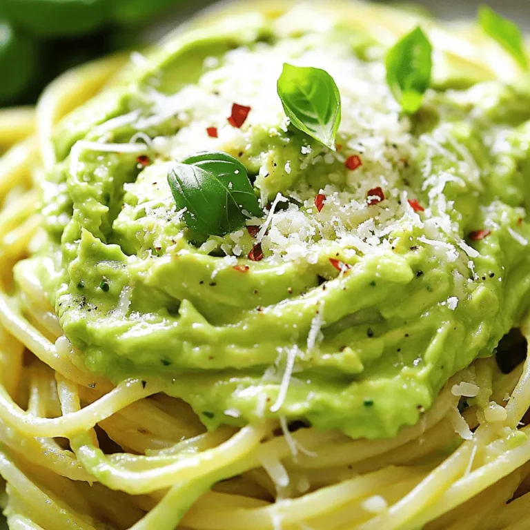- 2 ripe avocados - 2 cloves garlic, minced - 1 cup fresh basil leaves - 1 tablespoon lemon juice - 1/4 cup olive oil - Salt and pepper to taste - 12 oz spaghetti or pasta of your choice - 1/2 teaspoon red pepper flakes (optional) - Grated Parmesan cheese (for serving) To make creamy avocado pasta, you need fresh and ripe ingredients. Start with two ripe avocados. These should feel soft but not mushy. Next, use two cloves of garlic, finely minced. The garlic adds a nice punch to the sauce. Fresh basil leaves bring a lovely aroma and flavor. You will need about one cup. Lemon juice adds brightness to the dish. Use one tablespoon for the perfect zing. Olive oil is key to a smooth sauce. You’ll need a quarter cup. Don’t forget salt and pepper to taste! They enhance all the flavors in this dish. For the pasta, I recommend twelve ounces of spaghetti or any pasta you love. If you like a bit of heat, add a half teaspoon of red pepper flakes. Lastly, don’t skip the grated Parmesan cheese for serving. It adds a savory finish you’ll enjoy. You can find the full recipe for a detailed guide. Begin by cooking the spaghetti according to the package instructions. I love using al dente pasta, as it holds the sauce well. While the pasta cooks, be sure to reserve 1/2 cup of pasta water. Once the pasta is ready, drain it in a colander and set it aside. Next, I create the creamy avocado sauce. In a food processor, combine the ripe avocados, minced garlic, fresh basil leaves, lemon juice, and olive oil. Blend everything until it’s smooth and creamy. If the sauce feels too thick, you can add a bit of the reserved pasta water. Just add one tablespoon at a time until it reaches your desired creaminess. Now for the fun part! In a large mixing bowl, mix the drained pasta with the creamy avocado sauce. Toss gently until the pasta is well coated. This is where the magic happens. Taste your dish and adjust the seasoning if needed. If you want a little heat, sprinkle in some red pepper flakes. Serve your creamy avocado pasta right away, and don’t forget to garnish it with grated Parmesan cheese for that extra touch. Enjoy every bite! For the complete recipe, check out the Full Recipe. To make your sauce just right, use pasta water. This water has starch, which helps thicken your sauce. If your sauce is too thick, slowly add pasta water. Start with one tablespoon at a time, blending well after each addition. You want a smooth and creamy texture. For blending, use a food processor. It makes the avocados creamy and mixes all the flavors well. If you want a little texture, blend less. To boost flavor, add spices and herbs. Try adding a pinch of dried oregano or thyme. Fresh herbs, like parsley or cilantro, work great too. Adjust with salt and pepper to taste. Always taste your sauce before serving. If it feels bland, add a bit more salt or lemon juice. This gives the sauce a fresh kick! For a nice finish, garnish with grated cheese. Parmesan cheese adds a rich flavor. You can also sprinkle fresh herbs on top. For a heartier meal, add protein like grilled chicken or shrimp. Roasted vegetables like cherry tomatoes or spinach pair well too. Mix them in for extra color and taste! {{image_2}} You can easily make this creamy avocado pasta vegan. Just skip the Parmesan cheese. You can use nutritional yeast instead. It adds a cheesy flavor without dairy. If you need gluten-free options, choose gluten-free pasta. Many brands offer great textures that work well with the creamy sauce. Try different herbs to change the flavor. Fresh cilantro or parsley can add a nice twist. You can even add spinach for extra greens. For cheese lovers, swap Parmesan with feta or goat cheese. These options will give you a tangy finish that’s delicious. Seasonal vegetables can brighten this dish. In summer, add cherry tomatoes or zucchini. In fall, roasted butternut squash works well. You can modify this pasta for different cuisines. Add soy sauce and sesame oil for an Asian flair. Experiment with spices to create your own unique dish. For the full recipe, check out the link provided! To keep your creamy avocado pasta fresh, store it in an airtight container. Place it in the fridge right after serving. This dish stays good for about 2 days. The avocado may turn brown, but it is still safe to eat. To reheat, use a skillet over low heat. Add a splash of olive oil or reserved pasta water to keep it creamy. Stir gently until warm. Avoid using the microwave, as it can make the pasta dry. Can creamy avocado pasta be frozen? Yes, but it’s best to freeze only the sauce. Cooked pasta does not freeze well with the sauce. To freeze, place the creamy avocado sauce in a freezer-safe container. Leave some space at the top for expansion. Seal tightly and store in the freezer for up to 3 months. When ready to use, thaw it in the fridge overnight. Reheat gently in a skillet, adding cooked pasta and a bit of reserved pasta water for a creamy finish. Creamy avocado pasta lasts about 2 days in the fridge. Store it in an airtight container to keep it fresh. The avocado sauce may darken, but it is still safe to eat. Yes, you can make the sauce ahead of time. Just blend the ingredients and store in the fridge. It stays good for 1 day. Absolutely! You can skip the garlic if you prefer. The dish will still taste great and be creamy. If you need a substitute for Parmesan cheese, try nutritional yeast for a vegan option. You can also use Pecorino or Grana Padano for a similar taste. Yes, this pasta recipe is great for meal prep. Just keep the sauce and pasta separate until you're ready to eat. This way, the pasta stays fresh and tasty. For the full recipe, refer back to the ingredients and instructions mentioned. Enjoy your cooking! Creamy avocado pasta is quick and easy to make with simple ingredients. You need ripe avocados, garlic, and fresh basil. Cooking the pasta and blending the sauce takes just minutes. This dish also allows for many tasty variations and dietary swaps. In summary, you can enjoy a healthy meal that fits your needs. Take these tips and share your own twists. You now have all you need to create a delicious, creamy delight. Enjoy each bite!