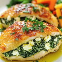 To make Spinach Feta Stuffed Chicken Breast, you need fresh and simple ingredients. Here’s what to gather: - 4 boneless, skinless chicken breasts - 2 cups fresh spinach, chopped - 1 cup feta cheese, crumbled - 1/2 cup cream cheese, softened - 2 cloves garlic, minced - 1 teaspoon dried oregano - 1 tablespoon olive oil - Salt and pepper to taste - 1/2 cup breadcrumbs (optional for topping) - Fresh parsley, for garnish These ingredients come together to create a tasty dish that is both hearty and healthy. The spinach adds color and nutrients, while the feta and cream cheese give it a creamy, rich flavor. You can use fresh or frozen spinach, but fresh gives the best texture. The garlic and oregano add a nice touch of warmth and earthiness. If you want a crunch, consider using breadcrumbs on top. They add texture and make the dish look even better. For the full recipe, you can check out the detailed instructions to guide you through each step. Enjoy cooking! - Preheat the oven to 375°F (190°C). - In a skillet, add olive oil and sauté minced garlic until fragrant. - Add chopped spinach and cook until it wilts, about 2-3 minutes. - Take each chicken breast and create a pocket by slicing the thickest side. - In a bowl, mix the wilted spinach, feta cheese, cream cheese, and oregano. - Stuff each chicken breast with the spinach and cheese mixture. - Place the stuffed chicken in a baking dish. - Cover with foil and bake for 25 minutes. - Uncover and bake for an additional 15-20 minutes. - Check the internal temperature; it should reach 165°F (75°C) for doneness. To keep your chicken juicy, avoid overcooking. Use a meat thermometer to check the internal temperature. Aim for 165°F (75°C) for safe eating. If you cook it too long, the chicken will dry out. When stuffing chicken breasts, create a pocket carefully. Slice the thick side of the chicken, but don’t cut all the way through. This way, you can fill it well with the spinach and feta mixture. Use your fingers to help push the filling inside. Make sure to pack it in, but don't overstuff. For extra flavor, try using garlic powder or onion powder. You can also add a pinch of red pepper flakes for a little heat. Fresh herbs like basil or thyme can brighten the dish, too. If you want to switch up the cheese, try using goat cheese or ricotta. These cheeses add a creamy texture and unique taste. You can also mix in some Parmesan for a nutty flavor. {{image_2}} You can switch up the greens in your stuffed chicken. Kale, Swiss chard, or even arugula work great. Each brings a unique taste and texture. Don’t be afraid to mix them up! For cheese, feta is classic, but you can try mozzarella or goat cheese. Cream cheese adds creaminess, but ricotta can do the same. Each cheese offers a different flavor profile that can elevate your dish. Grilling your stuffed chicken gives it a smoky flavor. It’s a fun way to enjoy the outdoors. Just be sure to monitor the heat. You want the chicken cooked through but not dry. Baking is a great option for a hands-off meal. It allows the flavors to blend well. Plus, it’s easy to prepare while you cook sides. If you're short on time, try the air fryer. It cooks faster and keeps the chicken juicy. Just set the temperature to 375°F and check for doneness. For the full recipe, refer to the main section above. After enjoying your Spinach Feta Stuffed Chicken Breast, store any leftovers in the fridge. Place the chicken in an airtight container. This keeps it fresh and safe to eat. Leftovers will last for up to three days. When reheating, ensure the chicken is warm throughout. You can use a microwave or an oven to heat it again. If you want to keep the stuffed chicken longer, freezing is a great option. Wrap each stuffed chicken breast tightly in plastic wrap. Then, place them in a freezer-safe bag. This helps prevent freezer burn. It’s best to use the chicken within three months for the best flavor. For thawing, move the chicken to the fridge the night before you want to eat it. This way, the chicken defrosts slowly and safely. If you need to thaw it quickly, you can use the microwave. Just follow your microwave's instructions for defrosting meat. After thawing, cook it right away. Enjoy your tasty meal again! For the full recipe, check the previous section. How long does it take to cook Spinach Feta Stuffed Chicken Breast? This dish takes about 50 minutes from start to finish. It includes 15 minutes for prep and 35 minutes for cooking. You will bake the chicken for 25 minutes covered, then for another 15-20 minutes uncovered. This helps keep it juicy and ensures it cooks through. Can I make this recipe ahead of time? Yes, you can make this dish ahead of time. Prepare the stuffed chicken, then cover and store it in the fridge for up to 24 hours. When ready to cook, just bake it straight from the fridge. It may need a few extra minutes to cook. What to serve with Spinach Feta Stuffed Chicken Breast? You can serve this chicken with many sides. Try roasted vegetables, a fresh salad, or quinoa. These options add color and nutrition to your meal. A light lemon dressing also pairs well. Can I use frozen spinach instead of fresh? Yes, frozen spinach works well in this recipe. Just thaw it and squeeze out the extra water before using. This helps keep the filling from getting too soggy. What can I use instead of feta cheese? If you don’t have feta, you can use goat cheese or ricotta. Both add creaminess and flavor. You can also try mozzarella for a milder taste. What to do if chicken is not cooked through? If your chicken is not cooked through, return it to the oven. Bake for an extra 5-10 minutes. Check that the internal temperature reaches 165°F (75°C). This ensures it is safe to eat and juicy. How to spice it up for a more flavorful dish? Add spices like paprika, cumin, or red pepper flakes to the filling. You can also mix in herbs like basil or thyme for extra flavor. A squeeze of lemon juice can brighten up the taste, too. We covered a simple and tasty way to make Spinach Feta Stuffed Chicken. You learned the key ingredients, preparation steps, and cooking tips to keep the chicken juicy. I shared storage tips and important FAQs to help you enjoy this dish later. You can even mix things up with different greens or cheeses. Remember, cooking should be fun and flexible. Now, you can create your own delicious version for family and friends. Enjoy your cooking adventure!