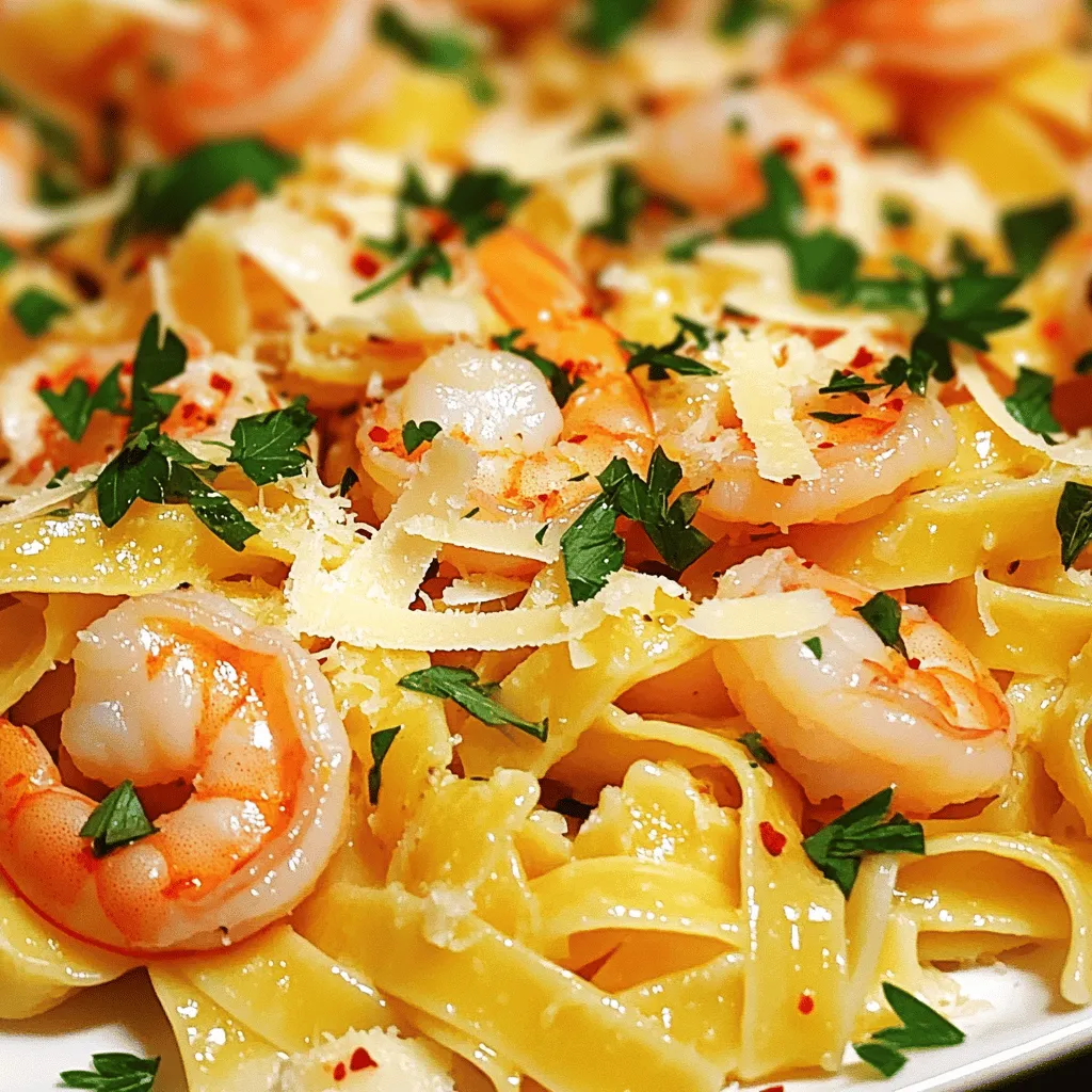 - 8 oz fettuccine or linguine pasta - 1 lb shrimp, peeled and deveined - 4 cloves garlic, minced - 1/4 teaspoon red pepper flakes (optional) - 3 tablespoons olive oil - 2 tablespoons unsalted butter - Zest of 1 lemon - 1/4 cup fresh lemon juice The main ingredients make this dish shine. Fettuccine or linguine pasta forms the base. I love how these noodles hold the sauce well. Shrimp adds protein and a sweet, briny flavor. Garlic gives the dish its aromatic kick. Red pepper flakes add a hint of heat, but you can skip them if you want a milder taste. Olive oil and butter create a rich sauce that’s hard to resist. Finally, lemon zest and juice brighten the dish with a zesty punch. - Salt and black pepper to taste - 1/4 cup chicken or vegetable broth - Fresh parsley, chopped (for garnish) - Grated Parmesan cheese (for serving) Seasonings enhance the flavor of your dish. Salt and black pepper bring everything together. Broth adds depth and moisture to the sauce. Fresh parsley not only looks good but adds a fresh taste. Grated Parmesan cheese gives a creamy finish that completes your pasta. This careful mix of ingredients makes each bite a flavorful delight. You can find the full recipe in the article for all the details! To start, you need to boil salted water in a large pot. Once it’s bubbling, add your fettuccine or linguine. Cook it according to the package instructions, about 8-10 minutes, or until it's al dente. This means it should be firm yet tender. After cooking, reserve about 1/2 cup of the pasta water. Then, drain the pasta and set it aside. While your pasta cooks, let’s prepare the shrimp. Season the shrimp with salt, black pepper, and red pepper flakes if you like heat. In a large skillet, heat olive oil and unsalted butter over medium heat. When the butter melts, add minced garlic. Sauté the garlic for about 1 minute until it’s fragrant but not burnt. Next, add the shrimp in a single layer. Cook them for 2-3 minutes on one side, then flip. Cook for another 2-3 minutes until the shrimp turn pink and opaque. Now it’s time to make the sauce. Add lemon zest, fresh lemon juice, and chicken or vegetable broth to the skillet. Stir well to combine and scrape up any bits stuck to the pan. Let this simmer for about 2 minutes. Finally, add your cooked pasta to the skillet and toss everything together gently. If the pasta seems dry, add some reserved pasta water until it reaches the right consistency. For a detailed list of ingredients and instructions, check out the Full Recipe. To make your dish shine, balance the acidity with broth. This adds depth. Use chicken or vegetable broth to enhance the flavor. A splash of broth works wonders to create a rich sauce. Always adjust seasoning to taste. Start with salt and pepper. After mixing in the pasta, taste it again. You may need more seasoning. Trust your palate. Sautéing shrimp without overcrowding is essential. If you add too many shrimp at once, they will steam instead of sear. Cook them in batches for that perfect golden color. Timing is key for perfect pasta texture. Cook it just until al dente. This means it should feel firm but not hard. Drain it and reserve some pasta water. This water helps bind the dish together later. For the full recipe, check out the detailed instructions provided earlier. {{image_2}} You can switch up the pasta for Zesty Lemon Garlic Shrimp Pasta. Try gluten-free pasta if you need a gluten-free option. It tastes great and works well with the sauce. Whole wheat or egg noodles also add a nice twist. Whole wheat noodles give a nutty flavor, while egg noodles offer a rich taste. Each type brings its own charm to the dish. Adding veggies can make your dish even better. Spinach or cherry tomatoes brighten the plate and add color. Spinach wilts nicely, while cherry tomatoes burst with flavor. You might also enjoy bell peppers or zucchini. Both add texture and crunch. Just sauté them in the pan before adding shrimp. This extra step makes your meal healthier and tastier! You can also switch proteins to suit your taste. Try chicken or scallops if you want a change. Chicken breast can be grilled or sautéed until cooked through. Scallops give a sweet, ocean-like taste that pairs well with lemon. If you're vegetarian, use tofu. Just press it to remove extra water, then cube it. Sauté until golden and crispy. These options let you customize your dish to fit your needs. For the full recipe, check out the link! To store your Zesty Lemon Garlic Shrimp Pasta, let it cool first. Use an airtight container to keep the flavors fresh. This dish lasts up to three days in the fridge. Make sure to label the container with the date. This way, you’ll know when to enjoy it. You can reheat the pasta in the microwave or on the stovetop. For the microwave, place the pasta in a bowl and add a splash of water. Cover it with a damp paper towel. Heat in short bursts, stirring in between until warm. If you prefer the stovetop, use a skillet over low heat. Add a little broth or water to keep the pasta moist. Stir gently until heated through. This method helps keep the shrimp tender and the pasta from becoming dry. Enjoy every bite of your flavorful delight! Yes, you can use frozen shrimp for this dish. The best way to thaw shrimp is to place them in the fridge overnight. If you're in a hurry, you can use cold water. Just put the shrimp in a sealed bag and submerge it in cold water for about 30 minutes. This method keeps the shrimp safe and tasty. To make the dish less spicy, simply omit the red pepper flakes. This keeps the lemon and garlic flavors front and center. You can also add a little extra lemon juice for brightness without the heat. Yes, you can prep this dish ahead. Cook the pasta and shrimp, then store them separately. When you are ready to eat, reheat them in a pan with a splash of broth or olive oil. This keeps the pasta from drying out and makes it easy to enjoy that zesty flavor. Feel free to check the Full Recipe for more tips! This blog post covered a simple shrimp pasta recipe. We explored the main ingredients like fettuccine, shrimp, and lemon, along with tips for perfect flavor. You learned how to cook pasta and sauté shrimp while balancing the sauce. We also discussed variations, such as using different pasta types or proteins. Remember these tips when storing leftovers. Keep your pasta fresh and delicious! Try new ideas and make this dish your own. Enjoy cooking and sharing this tasty meal!