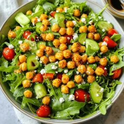 - 1 can (15 oz) chickpeas, rinsed and drained - 2 tablespoons olive oil - 1 teaspoon smoked paprika - 1 teaspoon garlic powder - Salt and pepper, to taste - 4 cups mixed greens (arugula, spinach, and romaine) - 1 cup cherry tomatoes, halved - ½ cucumber, diced - ½ red bell pepper, diced - ¼ red onion, thinly sliced - ¼ cup feta cheese, crumbled (optional) - 2 tablespoons balsamic vinegar The crispy chickpea salad combines flavors and textures. The chickpeas add crunch and protein. Use rinsed and drained chickpeas for the best results. Olive oil helps them roast perfectly. Smoked paprika gives a rich flavor. Garlic powder adds depth. Adjust salt and pepper to your taste. For the greens, I love the mix of arugula, spinach, and romaine. They provide a fresh base. Cherry tomatoes bring sweetness and color. Cucumbers add a nice crunch. Red bell peppers offer a sweet touch, and red onions give a bit of bite. If you want a creamy element, feta cheese is a great choice. The balsamic vinegar ties it all together with a tangy burst. Each serving is packed with nutrients. You can expect a healthy amount of protein from the chickpeas. The salad is also rich in vitamins and minerals. If you want a lower-carb option, try other legumes like black beans. For a dairy-free choice, look for plant-based cheese to replace feta. These options keep the salad tasty and flexible for different diets. For the full recipe, check out the detailed steps later in this article. 1. First, preheat your oven to 400°F (200°C). This heat will make the chickpeas crispy. 2. Next, rinse and drain one can of chickpeas. Make sure to remove any excess water. 1. Spread the chickpeas on a baking sheet lined with parchment paper. 2. Drizzle two tablespoons of olive oil over the chickpeas. Then, add one teaspoon of smoked paprika and one teaspoon of garlic powder. 3. Sprinkle salt and pepper to taste. Toss everything until the chickpeas are well coated. 4. Bake for 25 to 30 minutes. Shake the baking sheet halfway through. Look for a golden-brown color and a crispy texture. 1. In a large bowl, mix together four cups of mixed greens, one cup of halved cherry tomatoes, half a diced cucumber, half a diced red bell pepper, and a quarter of a thinly sliced red onion. 2. Once the chickpeas cool slightly, add them to the salad. 3. If you like, sprinkle a quarter cup of crumbled feta cheese on top. 4. Drizzle two tablespoons of balsamic vinegar over the salad. Toss gently to mix all the flavors together. For the best crunch, serve immediately. You can find the full recipe above. To make your chickpeas crispy, start by rinsing and drying them well. This step is key. If you skip it, your chickpeas can turn out soggy. Use a clean kitchen towel to pat them dry after rinsing. Next, bake your chickpeas at 400°F (200°C). This high heat helps them crisp up. Bake for 25 to 30 minutes. Make sure to shake the pan halfway through. This ensures even cooking and a nice golden color. You can pair this salad with proteins like chicken or tofu. Both options add flavor and make the meal heartier. Serve the salad cold for a refreshing treat. However, you can also serve it warm if you prefer. To enhance the salad's look, add garnishes. Fresh herbs like parsley or cilantro add color and freshness. Serve the salad in a large, shallow bowl or on individual plates. Top it with a few extra crispy chickpeas for that wow factor. This small touch makes a big difference in how it looks! {{image_2}} You can make your crispy chickpea salad even better by adding toppings. Roasted veggies add a warm touch. Try carrots, zucchini, or bell peppers. Their flavors mix well with chickpeas. You can also add fruits for a sweet twist. Avocado brings creaminess, while pomegranate seeds add a burst of juiciness. Both give the salad a fresh taste. This salad is great for many diets. It’s vegan and vegetarian-friendly, thanks to chickpeas and veggies. For a gluten-free option, choose a gluten-free balsamic dressing. Many brands offer tasty dressings that fit this diet. Always check the label for hidden gluten. Use seasonal ingredients to keep the salad fresh. In spring, add peas or asparagus for a bright pop of color. Summer is perfect for ripe tomatoes or fresh corn. In fall, you can swap in roasted squash or sweet potatoes. For holiday themes, top the salad with cranberries or nuts for crunch. These swaps keep it exciting all year round. Make sure to check out the Full Recipe for more tips on making this dish. To keep your crispy chickpea salad fresh, store it in an airtight container. Use a container that fits the salad snugly. This helps prevent air from getting in and making your salad soggy. Place it in the fridge right after serving. To keep the chickpeas crispy, store them separately from the greens. Place them in a small bag or container without moisture. This way, they stay crunchy for later. When you are ready to eat, just toss them into the salad again. Can you freeze crispy chickpeas? Yes, you can freeze them! However, freezing may change their texture. They might lose some crunchiness when thawed. For best results, freeze chickpeas in a single layer on a baking sheet. Once frozen, transfer them to a freezer bag. This helps keep them from sticking together. When it is time to eat, thaw in the fridge overnight. To reheat, spread them on a baking sheet and bake at 400°F (200°C) for a few minutes. This brings back some of their crunch. How long can you keep the salad fresh? The salad stays good for about 3 days in the fridge. After that, the greens may wilt and lose flavor. Look for signs that the salad has spoiled. If you see brown or slimy greens, it’s time to toss it. A bad smell is also a clear sign that it is no longer good to eat. Make sure to check your salad often to enjoy it at its best! To make chickpeas crispy, start with dry ones. Rinse and drain them well. Pat them dry using a towel. Moisture can ruin crispiness. Toss them with olive oil and spices like smoked paprika. Bake them at 400°F (200°C) for 25–30 minutes. Shake the pan halfway through to ensure even cooking. Watch for a golden color, which means they are done. Yes, you can prepare this salad ahead of time. For meal prepping, keep the crispy chickpeas and salad fresh. Store the chickpeas in a separate container. Mix the greens and veggies in another. This keeps the crispiness intact. Add the dressing just before serving to avoid sogginess. You can serve this salad with various side dishes. Grilled chicken or tofu adds protein. It pairs well with quinoa or couscous for a hearty meal. For drinks, try a light white wine or sparkling water. These options enhance the flavors of the salad. This salad is perfect for meal prep. To prepare in bulk, double the recipe. Store the chickpeas in airtight containers. Use glass containers for better storage. They help keep everything fresh longer. Enjoy this easy, healthy meal throughout the week. For the full recipe, check out the Crispy Chickpea Salad section! This blog post covered a tasty crispy chickpea salad. We explored key ingredients, steps for prep, baking, and assembly. I shared tips for perfect chickpeas, serving ideas, and storage methods. You can enjoy this salad as a healthy meal that fits your diet. Experiment with variations for even more flavor. Keep it fresh and crispy for great taste every time! Enjoy crafting your new favorite salad!