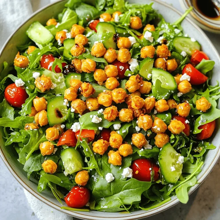 - 1 can (15 oz) chickpeas, rinsed and drained - 2 tablespoons olive oil - 1 teaspoon smoked paprika - 1 teaspoon garlic powder - Salt and pepper, to taste - 4 cups mixed greens (arugula, spinach, and romaine) - 1 cup cherry tomatoes, halved - ½ cucumber, diced - ½ red bell pepper, diced - ¼ red onion, thinly sliced - ¼ cup feta cheese, crumbled (optional) - 2 tablespoons balsamic vinegar The crispy chickpea salad combines flavors and textures. The chickpeas add crunch and protein. Use rinsed and drained chickpeas for the best results. Olive oil helps them roast perfectly. Smoked paprika gives a rich flavor. Garlic powder adds depth. Adjust salt and pepper to your taste. For the greens, I love the mix of arugula, spinach, and romaine. They provide a fresh base. Cherry tomatoes bring sweetness and color. Cucumbers add a nice crunch. Red bell peppers offer a sweet touch, and red onions give a bit of bite. If you want a creamy element, feta cheese is a great choice. The balsamic vinegar ties it all together with a tangy burst. Each serving is packed with nutrients. You can expect a healthy amount of protein from the chickpeas. The salad is also rich in vitamins and minerals. If you want a lower-carb option, try other legumes like black beans. For a dairy-free choice, look for plant-based cheese to replace feta. These options keep the salad tasty and flexible for different diets. For the full recipe, check out the detailed steps later in this article. 1. First, preheat your oven to 400°F (200°C). This heat will make the chickpeas crispy. 2. Next, rinse and drain one can of chickpeas. Make sure to remove any excess water. 1. Spread the chickpeas on a baking sheet lined with parchment paper. 2. Drizzle two tablespoons of olive oil over the chickpeas. Then, add one teaspoon of smoked paprika and one teaspoon of garlic powder. 3. Sprinkle salt and pepper to taste. Toss everything until the chickpeas are well coated. 4. Bake for 25 to 30 minutes. Shake the baking sheet halfway through. Look for a golden-brown color and a crispy texture. 1. In a large bowl, mix together four cups of mixed greens, one cup of halved cherry tomatoes, half a diced cucumber, half a diced red bell pepper, and a quarter of a thinly sliced red onion. 2. Once the chickpeas cool slightly, add them to the salad. 3. If you like, sprinkle a quarter cup of crumbled feta cheese on top. 4. Drizzle two tablespoons of balsamic vinegar over the salad. Toss gently to mix all the flavors together. For the best crunch, serve immediately. You can find the full recipe above. To make your chickpeas crispy, start by rinsing and drying them well. This step is key. If you skip it, your chickpeas can turn out soggy. Use a clean kitchen towel to pat them dry after rinsing. Next, bake your chickpeas at 400°F (200°C). This high heat helps them crisp up. Bake for 25 to 30 minutes. Make sure to shake the pan halfway through. This ensures even cooking and a nice golden color. You can pair this salad with proteins like chicken or tofu. Both options add flavor and make the meal heartier. Serve the salad cold for a refreshing treat. However, you can also serve it warm if you prefer. To enhance the salad's look, add garnishes. Fresh herbs like parsley or cilantro add color and freshness. Serve the salad in a large, shallow bowl or on individual plates. Top it with a few extra crispy chickpeas for that wow factor. This small touch makes a big difference in how it looks! {{image_2}} You can make your crispy chickpea salad even better by adding toppings. Roasted veggies add a warm touch. Try carrots, zucchini, or bell peppers. Their flavors mix well with chickpeas. You can also add fruits for a sweet twist. Avocado brings creaminess, while pomegranate seeds add a burst of juiciness. Both give the salad a fresh taste. This salad is great for many diets. It’s vegan and vegetarian-friendly, thanks to chickpeas and veggies. For a gluten-free option, choose a gluten-free balsamic dressing. Many brands offer tasty dressings that fit this diet. Always check the label for hidden gluten. Use seasonal ingredients to keep the salad fresh. In spring, add peas or asparagus for a bright pop of color. Summer is perfect for ripe tomatoes or fresh corn. In fall, you can swap in roasted squash or sweet potatoes. For holiday themes, top the salad with cranberries or nuts for crunch. These swaps keep it exciting all year round. Make sure to check out the Full Recipe for more tips on making this dish. To keep your crispy chickpea salad fresh, store it in an airtight container. Use a container that fits the salad snugly. This helps prevent air from getting in and making your salad soggy. Place it in the fridge right after serving. To keep the chickpeas crispy, store them separately from the greens. Place them in a small bag or container without moisture. This way, they stay crunchy for later. When you are ready to eat, just toss them into the salad again. Can you freeze crispy chickpeas? Yes, you can freeze them! However, freezing may change their texture. They might lose some crunchiness when thawed. For best results, freeze chickpeas in a single layer on a baking sheet. Once frozen, transfer them to a freezer bag. This helps keep them from sticking together. When it is time to eat, thaw in the fridge overnight. To reheat, spread them on a baking sheet and bake at 400°F (200°C) for a few minutes. This brings back some of their crunch. How long can you keep the salad fresh? The salad stays good for about 3 days in the fridge. After that, the greens may wilt and lose flavor. Look for signs that the salad has spoiled. If you see brown or slimy greens, it’s time to toss it. A bad smell is also a clear sign that it is no longer good to eat. Make sure to check your salad often to enjoy it at its best! To make chickpeas crispy, start with dry ones. Rinse and drain them well. Pat them dry using a towel. Moisture can ruin crispiness. Toss them with olive oil and spices like smoked paprika. Bake them at 400°F (200°C) for 25–30 minutes. Shake the pan halfway through to ensure even cooking. Watch for a golden color, which means they are done. Yes, you can prepare this salad ahead of time. For meal prepping, keep the crispy chickpeas and salad fresh. Store the chickpeas in a separate container. Mix the greens and veggies in another. This keeps the crispiness intact. Add the dressing just before serving to avoid sogginess. You can serve this salad with various side dishes. Grilled chicken or tofu adds protein. It pairs well with quinoa or couscous for a hearty meal. For drinks, try a light white wine or sparkling water. These options enhance the flavors of the salad. This salad is perfect for meal prep. To prepare in bulk, double the recipe. Store the chickpeas in airtight containers. Use glass containers for better storage. They help keep everything fresh longer. Enjoy this easy, healthy meal throughout the week. For the full recipe, check out the Crispy Chickpea Salad section! This blog post covered a tasty crispy chickpea salad. We explored key ingredients, steps for prep, baking, and assembly. I shared tips for perfect chickpeas, serving ideas, and storage methods. You can enjoy this salad as a healthy meal that fits your diet. Experiment with variations for even more flavor. Keep it fresh and crispy for great taste every time! Enjoy crafting your new favorite salad!