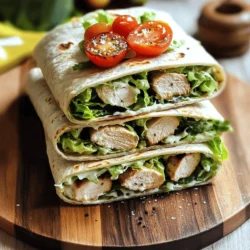- 2 large boneless, skinless chicken breasts - 1 tablespoon olive oil - Salt and pepper to taste - 1 teaspoon garlic powder - 1 teaspoon Italian seasoning - 4 large whole wheat tortillas - 2 cups Romaine lettuce, chopped - ½ cup Caesar dressing (store-bought or homemade) - ½ cup grated Parmesan cheese - ¼ cup cherry tomatoes, halved - Freshly cracked black pepper for garnish In this recipe, I use boneless, skinless chicken breasts. They cook quickly and stay juicy. Olive oil adds flavor and moisture to the chicken. Salt and pepper enhance the taste. Garlic powder gives a nice kick, while Italian seasoning adds depth. Whole wheat tortillas are my choice for a healthy wrap. They are sturdy and hold the filling well. Romaine lettuce adds crunch and freshness. Caesar dressing brings rich flavor. Grated Parmesan cheese adds creaminess and saltiness. Lastly, cherry tomatoes give a pop of color and sweetness. When you gather these ingredients, you set the stage for a tasty meal. Each one plays an important role. So, let’s get ready to make Grilled Chicken Caesar Wraps! For the full recipe, check the instructions section. To start, you need to marinate and season the chicken. First, brush the chicken breasts with olive oil. Sprinkle salt, pepper, garlic powder, and Italian seasoning all over the chicken. This mix adds great flavor. Let the chicken sit for about 15 minutes to soak in the spices. Next, you should prep the grill. Preheat your grill to medium-high heat. A hot grill will give you nice grill marks and juicy chicken. Now it's time to grill the chicken. Place the seasoned chicken on the grill. Cook it for about 6-7 minutes on each side. You want the internal temperature to reach 165°F (75°C). This ensures the chicken is safe to eat. Once done, take the chicken off the grill and let it rest for 5 minutes. This helps keep it juicy. While the chicken rests, you can mix the filling. In a bowl, combine chopped Romaine lettuce, Caesar dressing, grated Parmesan cheese, and halved cherry tomatoes. Toss this mixture until the lettuce is well coated with dressing. Next, it's time to assemble the wraps. Lay a tortilla flat on a clean surface. Place the lettuce mixture and sliced grilled chicken in the center of the tortilla. Make sure not to overfill it. Now, wrap it up. Fold the sides of the tortilla inward. Then roll it from the bottom up to secure the filling inside. Repeat this for the remaining tortillas. Your wraps are now ready! You can slice them in half diagonally for easy eating. For extra flavor, sprinkle some freshly cracked black pepper on top. For more detailed steps, check the Full Recipe. To make great grilled chicken, you need the right internal temperature. Cook the chicken until it reaches 165°F (75°C). Use a meat thermometer for accuracy. This ensures the chicken is safe to eat. To enhance flavor, season the chicken well. I like to use olive oil, salt, pepper, garlic powder, and Italian seasoning. Let the chicken marinate for 15 minutes before grilling. This short time makes a big difference in flavor. To ensure your wrap holds together, don’t overfill it. Place just enough filling in the center. Fold the sides in before rolling it up. This keeps everything inside. For fun serving ideas, try cutting the wraps in half and placing them on a platter. You can also serve them with a small bowl of extra Caesar dressing for dipping. When serving, use a wooden platter or cutting board. This adds a rustic touch. Garnish with extra cherry tomatoes and a sprinkle of Parmesan cheese. This makes the dish look bright and inviting. You can also add a side of fresh fruit or a light salad. This adds color and balance to your meal. Enjoy your Grilled Chicken Caesar Wraps with style! For the complete recipe, check the Full Recipe section. {{image_2}} You can switch up proteins in your Grilled Chicken Caesar Wraps. Try shrimp for a seafood twist, or tofu for a plant-based option. Each protein adds its own flavor and texture. When it comes to wraps, consider low-carb or gluten-free options. Lettuce wraps can be a fun, fresh alternative. They make the dish lighter and can help cut carbs if you need. Using homemade Caesar dressing can elevate your wraps. It’s easy to make with just a few ingredients. You can control the flavor and adjust it to your taste. Store-bought options are quick and work well too, especially if you’re short on time. Feel free to experiment with other dressings. Ranch or Greek yogurt dressing can offer a unique spin. These can add new flavors and keep things interesting. Want to make your wraps more colorful? Add extra veggies like bell peppers, cucumbers, or avocados. These not only add crunch but also boost nutrition. For sides, consider pairing with sweet potato fries or a light salad. These options complement the wraps and make a complete meal. You can also serve with a small bowl of extra Caesar dressing for dipping. For the full recipe, check out the recipe section above. To keep your Grilled Chicken Caesar Wraps fresh, wrap them tightly in plastic wrap or foil. This prevents air from getting in and keeps them tasty. Store the wraps in the fridge for up to three days. If you notice any sogginess, consider adding fresh lettuce when you eat them. Reheat your wraps using a skillet on medium heat. This keeps them warm without drying them out. Flip them gently to warm both sides. You can also use a microwave, but wrap them in a damp paper towel to keep moisture in. This method helps to maintain freshness and flavor. Can you freeze Grilled Chicken Caesar Wraps? Yes! To freeze, wrap each one in plastic wrap and then place them in a freezer bag. They can stay in the freezer for up to three months. When you're ready to eat, thaw them in the fridge overnight. After thawing, reheat them in a skillet for the best taste and texture. What sides pair well with these wraps? You can serve these wraps with a side salad or some sweet potato fries. Fresh fruit also adds a nice touch. Vegetable sticks with dip make a great crunchy side. How can I make these wraps healthier? To make your wraps lighter, use less dressing or switch to a yogurt-based dressing. You can also add more veggies, like cucumbers or bell peppers, for extra crunch and nutrition. Can I use store-bought grilled chicken? Yes, you can use store-bought grilled chicken. It saves time and still tastes great. Just slice it up and add it to your wraps. What is the best way to grill chicken? Preheat your grill to medium-high heat. Brush the chicken with olive oil and season it well. Grill for about 6-7 minutes on each side. Check the internal temperature; it should reach 165°F (75°C). Can I make the filling ahead of time? Absolutely! You can mix the filling a few hours in advance. Just keep it in the fridge until you’re ready to use it. This saves time on busy days. Are these wraps suitable for meal prep? Yes, these wraps are great for meal prep. You can make several at once and store them in the fridge. Just wrap them tightly to keep them fresh. Tips for accommodating dietary restrictions If you have gluten-free eaters, use gluten-free wraps. For a vegetarian option, swap chicken for grilled veggies or chickpeas. Always check the dressing for allergens. In this post, we explored how to make tasty Grilled Chicken Caesar Wraps. We covered the key ingredients, like chicken, seasonings, and fresh veggies. I guided you through each cooking step, from marinating the chicken to grilling and assembling the wraps. Remember, you can customize these wraps with different proteins and dressings. Keep your leftovers fresh by following storage tips. Enjoy your wraps, and get creative with flavors and presentations! Happy cooking!