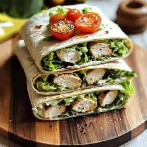 - 2 large boneless, skinless chicken breasts - 1 tablespoon olive oil - Salt and pepper to taste - 1 teaspoon garlic powder - 1 teaspoon Italian seasoning - 4 large whole wheat tortillas - 2 cups Romaine lettuce, chopped - ½ cup Caesar dressing (store-bought or homemade) - ½ cup grated Parmesan cheese - ¼ cup cherry tomatoes, halved - Freshly cracked black pepper for garnish In this recipe, I use boneless, skinless chicken breasts. They cook quickly and stay juicy. Olive oil adds flavor and moisture to the chicken. Salt and pepper enhance the taste. Garlic powder gives a nice kick, while Italian seasoning adds depth. Whole wheat tortillas are my choice for a healthy wrap. They are sturdy and hold the filling well. Romaine lettuce adds crunch and freshness. Caesar dressing brings rich flavor. Grated Parmesan cheese adds creaminess and saltiness. Lastly, cherry tomatoes give a pop of color and sweetness. When you gather these ingredients, you set the stage for a tasty meal. Each one plays an important role. So, let’s get ready to make Grilled Chicken Caesar Wraps! For the full recipe, check the instructions section. To start, you need to marinate and season the chicken. First, brush the chicken breasts with olive oil. Sprinkle salt, pepper, garlic powder, and Italian seasoning all over the chicken. This mix adds great flavor. Let the chicken sit for about 15 minutes to soak in the spices. Next, you should prep the grill. Preheat your grill to medium-high heat. A hot grill will give you nice grill marks and juicy chicken. Now it's time to grill the chicken. Place the seasoned chicken on the grill. Cook it for about 6-7 minutes on each side. You want the internal temperature to reach 165°F (75°C). This ensures the chicken is safe to eat. Once done, take the chicken off the grill and let it rest for 5 minutes. This helps keep it juicy. While the chicken rests, you can mix the filling. In a bowl, combine chopped Romaine lettuce, Caesar dressing, grated Parmesan cheese, and halved cherry tomatoes. Toss this mixture until the lettuce is well coated with dressing. Next, it's time to assemble the wraps. Lay a tortilla flat on a clean surface. Place the lettuce mixture and sliced grilled chicken in the center of the tortilla. Make sure not to overfill it. Now, wrap it up. Fold the sides of the tortilla inward. Then roll it from the bottom up to secure the filling inside. Repeat this for the remaining tortillas. Your wraps are now ready! You can slice them in half diagonally for easy eating. For extra flavor, sprinkle some freshly cracked black pepper on top. For more detailed steps, check the Full Recipe. To make great grilled chicken, you need the right internal temperature. Cook the chicken until it reaches 165°F (75°C). Use a meat thermometer for accuracy. This ensures the chicken is safe to eat. To enhance flavor, season the chicken well. I like to use olive oil, salt, pepper, garlic powder, and Italian seasoning. Let the chicken marinate for 15 minutes before grilling. This short time makes a big difference in flavor. To ensure your wrap holds together, don’t overfill it. Place just enough filling in the center. Fold the sides in before rolling it up. This keeps everything inside. For fun serving ideas, try cutting the wraps in half and placing them on a platter. You can also serve them with a small bowl of extra Caesar dressing for dipping. When serving, use a wooden platter or cutting board. This adds a rustic touch. Garnish with extra cherry tomatoes and a sprinkle of Parmesan cheese. This makes the dish look bright and inviting. You can also add a side of fresh fruit or a light salad. This adds color and balance to your meal. Enjoy your Grilled Chicken Caesar Wraps with style! For the complete recipe, check the Full Recipe section. {{image_2}} You can switch up proteins in your Grilled Chicken Caesar Wraps. Try shrimp for a seafood twist, or tofu for a plant-based option. Each protein adds its own flavor and texture. When it comes to wraps, consider low-carb or gluten-free options. Lettuce wraps can be a fun, fresh alternative. They make the dish lighter and can help cut carbs if you need. Using homemade Caesar dressing can elevate your wraps. It’s easy to make with just a few ingredients. You can control the flavor and adjust it to your taste. Store-bought options are quick and work well too, especially if you’re short on time. Feel free to experiment with other dressings. Ranch or Greek yogurt dressing can offer a unique spin. These can add new flavors and keep things interesting. Want to make your wraps more colorful? Add extra veggies like bell peppers, cucumbers, or avocados. These not only add crunch but also boost nutrition. For sides, consider pairing with sweet potato fries or a light salad. These options complement the wraps and make a complete meal. You can also serve with a small bowl of extra Caesar dressing for dipping. For the full recipe, check out the recipe section above. To keep your Grilled Chicken Caesar Wraps fresh, wrap them tightly in plastic wrap or foil. This prevents air from getting in and keeps them tasty. Store the wraps in the fridge for up to three days. If you notice any sogginess, consider adding fresh lettuce when you eat them. Reheat your wraps using a skillet on medium heat. This keeps them warm without drying them out. Flip them gently to warm both sides. You can also use a microwave, but wrap them in a damp paper towel to keep moisture in. This method helps to maintain freshness and flavor. Can you freeze Grilled Chicken Caesar Wraps? Yes! To freeze, wrap each one in plastic wrap and then place them in a freezer bag. They can stay in the freezer for up to three months. When you're ready to eat, thaw them in the fridge overnight. After thawing, reheat them in a skillet for the best taste and texture. What sides pair well with these wraps? You can serve these wraps with a side salad or some sweet potato fries. Fresh fruit also adds a nice touch. Vegetable sticks with dip make a great crunchy side. How can I make these wraps healthier? To make your wraps lighter, use less dressing or switch to a yogurt-based dressing. You can also add more veggies, like cucumbers or bell peppers, for extra crunch and nutrition. Can I use store-bought grilled chicken? Yes, you can use store-bought grilled chicken. It saves time and still tastes great. Just slice it up and add it to your wraps. What is the best way to grill chicken? Preheat your grill to medium-high heat. Brush the chicken with olive oil and season it well. Grill for about 6-7 minutes on each side. Check the internal temperature; it should reach 165°F (75°C). Can I make the filling ahead of time? Absolutely! You can mix the filling a few hours in advance. Just keep it in the fridge until you’re ready to use it. This saves time on busy days. Are these wraps suitable for meal prep? Yes, these wraps are great for meal prep. You can make several at once and store them in the fridge. Just wrap them tightly to keep them fresh. Tips for accommodating dietary restrictions If you have gluten-free eaters, use gluten-free wraps. For a vegetarian option, swap chicken for grilled veggies or chickpeas. Always check the dressing for allergens. In this post, we explored how to make tasty Grilled Chicken Caesar Wraps. We covered the key ingredients, like chicken, seasonings, and fresh veggies. I guided you through each cooking step, from marinating the chicken to grilling and assembling the wraps. Remember, you can customize these wraps with different proteins and dressings. Keep your leftovers fresh by following storage tips. Enjoy your wraps, and get creative with flavors and presentations! Happy cooking!