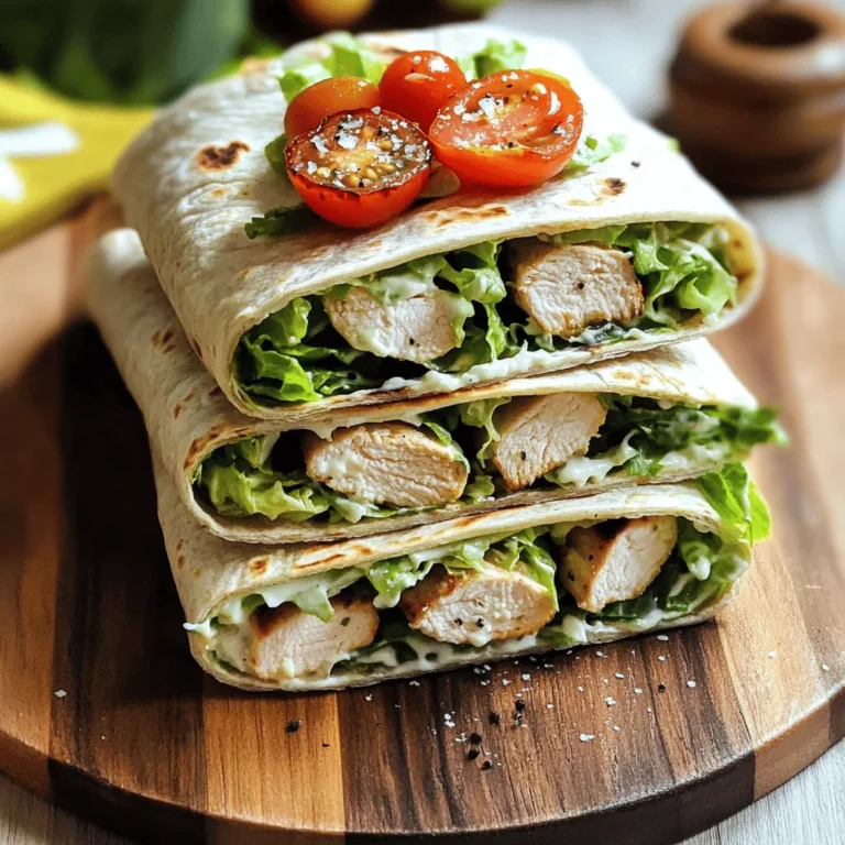 - 2 large boneless, skinless chicken breasts - 1 tablespoon olive oil - Salt and pepper to taste - 1 teaspoon garlic powder - 1 teaspoon Italian seasoning - 4 large whole wheat tortillas - 2 cups Romaine lettuce, chopped - ½ cup Caesar dressing (store-bought or homemade) - ½ cup grated Parmesan cheese - ¼ cup cherry tomatoes, halved - Freshly cracked black pepper for garnish In this recipe, I use boneless, skinless chicken breasts. They cook quickly and stay juicy. Olive oil adds flavor and moisture to the chicken. Salt and pepper enhance the taste. Garlic powder gives a nice kick, while Italian seasoning adds depth. Whole wheat tortillas are my choice for a healthy wrap. They are sturdy and hold the filling well. Romaine lettuce adds crunch and freshness. Caesar dressing brings rich flavor. Grated Parmesan cheese adds creaminess and saltiness. Lastly, cherry tomatoes give a pop of color and sweetness. When you gather these ingredients, you set the stage for a tasty meal. Each one plays an important role. So, let’s get ready to make Grilled Chicken Caesar Wraps! For the full recipe, check the instructions section. To start, you need to marinate and season the chicken. First, brush the chicken breasts with olive oil. Sprinkle salt, pepper, garlic powder, and Italian seasoning all over the chicken. This mix adds great flavor. Let the chicken sit for about 15 minutes to soak in the spices. Next, you should prep the grill. Preheat your grill to medium-high heat. A hot grill will give you nice grill marks and juicy chicken. Now it's time to grill the chicken. Place the seasoned chicken on the grill. Cook it for about 6-7 minutes on each side. You want the internal temperature to reach 165°F (75°C). This ensures the chicken is safe to eat. Once done, take the chicken off the grill and let it rest for 5 minutes. This helps keep it juicy. While the chicken rests, you can mix the filling. In a bowl, combine chopped Romaine lettuce, Caesar dressing, grated Parmesan cheese, and halved cherry tomatoes. Toss this mixture until the lettuce is well coated with dressing. Next, it's time to assemble the wraps. Lay a tortilla flat on a clean surface. Place the lettuce mixture and sliced grilled chicken in the center of the tortilla. Make sure not to overfill it. Now, wrap it up. Fold the sides of the tortilla inward. Then roll it from the bottom up to secure the filling inside. Repeat this for the remaining tortillas. Your wraps are now ready! You can slice them in half diagonally for easy eating. For extra flavor, sprinkle some freshly cracked black pepper on top. For more detailed steps, check the Full Recipe. To make great grilled chicken, you need the right internal temperature. Cook the chicken until it reaches 165°F (75°C). Use a meat thermometer for accuracy. This ensures the chicken is safe to eat. To enhance flavor, season the chicken well. I like to use olive oil, salt, pepper, garlic powder, and Italian seasoning. Let the chicken marinate for 15 minutes before grilling. This short time makes a big difference in flavor. To ensure your wrap holds together, don’t overfill it. Place just enough filling in the center. Fold the sides in before rolling it up. This keeps everything inside. For fun serving ideas, try cutting the wraps in half and placing them on a platter. You can also serve them with a small bowl of extra Caesar dressing for dipping. When serving, use a wooden platter or cutting board. This adds a rustic touch. Garnish with extra cherry tomatoes and a sprinkle of Parmesan cheese. This makes the dish look bright and inviting. You can also add a side of fresh fruit or a light salad. This adds color and balance to your meal. Enjoy your Grilled Chicken Caesar Wraps with style! For the complete recipe, check the Full Recipe section. {{image_2}} You can switch up proteins in your Grilled Chicken Caesar Wraps. Try shrimp for a seafood twist, or tofu for a plant-based option. Each protein adds its own flavor and texture. When it comes to wraps, consider low-carb or gluten-free options. Lettuce wraps can be a fun, fresh alternative. They make the dish lighter and can help cut carbs if you need. Using homemade Caesar dressing can elevate your wraps. It’s easy to make with just a few ingredients. You can control the flavor and adjust it to your taste. Store-bought options are quick and work well too, especially if you’re short on time. Feel free to experiment with other dressings. Ranch or Greek yogurt dressing can offer a unique spin. These can add new flavors and keep things interesting. Want to make your wraps more colorful? Add extra veggies like bell peppers, cucumbers, or avocados. These not only add crunch but also boost nutrition. For sides, consider pairing with sweet potato fries or a light salad. These options complement the wraps and make a complete meal. You can also serve with a small bowl of extra Caesar dressing for dipping. For the full recipe, check out the recipe section above. To keep your Grilled Chicken Caesar Wraps fresh, wrap them tightly in plastic wrap or foil. This prevents air from getting in and keeps them tasty. Store the wraps in the fridge for up to three days. If you notice any sogginess, consider adding fresh lettuce when you eat them. Reheat your wraps using a skillet on medium heat. This keeps them warm without drying them out. Flip them gently to warm both sides. You can also use a microwave, but wrap them in a damp paper towel to keep moisture in. This method helps to maintain freshness and flavor. Can you freeze Grilled Chicken Caesar Wraps? Yes! To freeze, wrap each one in plastic wrap and then place them in a freezer bag. They can stay in the freezer for up to three months. When you're ready to eat, thaw them in the fridge overnight. After thawing, reheat them in a skillet for the best taste and texture. What sides pair well with these wraps? You can serve these wraps with a side salad or some sweet potato fries. Fresh fruit also adds a nice touch. Vegetable sticks with dip make a great crunchy side. How can I make these wraps healthier? To make your wraps lighter, use less dressing or switch to a yogurt-based dressing. You can also add more veggies, like cucumbers or bell peppers, for extra crunch and nutrition. Can I use store-bought grilled chicken? Yes, you can use store-bought grilled chicken. It saves time and still tastes great. Just slice it up and add it to your wraps. What is the best way to grill chicken? Preheat your grill to medium-high heat. Brush the chicken with olive oil and season it well. Grill for about 6-7 minutes on each side. Check the internal temperature; it should reach 165°F (75°C). Can I make the filling ahead of time? Absolutely! You can mix the filling a few hours in advance. Just keep it in the fridge until you’re ready to use it. This saves time on busy days. Are these wraps suitable for meal prep? Yes, these wraps are great for meal prep. You can make several at once and store them in the fridge. Just wrap them tightly to keep them fresh. Tips for accommodating dietary restrictions If you have gluten-free eaters, use gluten-free wraps. For a vegetarian option, swap chicken for grilled veggies or chickpeas. Always check the dressing for allergens. In this post, we explored how to make tasty Grilled Chicken Caesar Wraps. We covered the key ingredients, like chicken, seasonings, and fresh veggies. I guided you through each cooking step, from marinating the chicken to grilling and assembling the wraps. Remember, you can customize these wraps with different proteins and dressings. Keep your leftovers fresh by following storage tips. Enjoy your wraps, and get creative with flavors and presentations! Happy cooking!