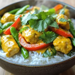 - Chicken thighs - Coconut milk - Red curry paste - Fresh vegetables - Coconut oil - Fish sauce or soy sauce - Brown sugar - Cooked rice - Garnishes like cilantro Coconut curry chicken is a delight that brings warm, tropical flavors to your plate. Here are the key ingredients you’ll need for this simple, tasty dish. Main Ingredients 1. Chicken thighs: I prefer using chicken thighs because they stay juicy and tender during cooking. They absorb flavors well, making each bite delicious. 2. Coconut milk: This adds a rich and creamy texture. It enhances the curry and gives it a smooth, velvety feel. 3. Red curry paste: This blend of spices gives your dish heat and depth. It's a key flavor in this recipe. 4. Fresh vegetables: Use colorful options like bell peppers and snap peas. These add crunch and nutrients. Pantry Staples 1. Coconut oil: This helps to sauté your ingredients and adds a hint of coconut flavor. 2. Fish sauce or soy sauce: Both add umami. Fish sauce gives a deeper taste, while soy sauce is a great vegetarian choice. 3. Brown sugar: A little sweetness balances the heat from the curry paste. Serving Suggestions 1. Cooked rice: Serve your curry over fluffy rice. This soaks up the sauce and completes the dish. 2. Garnishes like cilantro: Fresh herbs like cilantro add brightness and a pop of color. For those looking for a complete guide on how to prepare this dish, check out the Full Recipe. - Start by chopping your vegetables. You will need to finely chop the onion and slice the red bell pepper. - Next, cut the chicken thighs into bite-sized pieces. This helps them cook evenly. - Heat the coconut oil in a large skillet or pot over medium heat. - Add the chopped onion and sauté it for about 5 minutes. It should become soft and clear. - Stir in the minced garlic and grated ginger. Cook for an extra minute until you smell the great aroma. - Now, add the chicken pieces to the skillet. Cook for 5-7 minutes. Stir often until the chicken is brown on all sides. - Mix in the red curry paste. Make sure the chicken is well coated. Sauté for another 2 minutes to bring out the flavors. - Pour in the coconut milk and chicken broth. Add the fish sauce and brown sugar. Stir well to combine everything. - Bring your mixture to a gentle simmer. Then, add the sliced bell pepper and snap peas or green beans. - Let it simmer for about 10 minutes. The veggies should be tender but still crisp, and the chicken cooked through. - Just before serving, stir in the baby spinach and let it wilt for a minute. - Taste the curry and adjust the seasoning. Add more fish sauce or sugar if you want. - Serve the curry hot over cooked rice. Don’t forget to garnish it with fresh cilantro for a beautiful finish. For the full recipe, check out the Tropical Coconut Curry Chicken section. - Proper heat management: Start on medium heat. This helps cook the chicken evenly. If the heat is too high, the chicken may burn. Adjust as needed during cooking. - Timing for adding vegetables: Add hearty veggies like bell peppers early. For quick-cooking greens, like spinach, add them last. This keeps them vibrant and fresh. - Recommended spices or extra ingredients: Try adding lime juice for brightness. You can also toss in a tablespoon of peanut butter for creaminess. These small changes can enhance the dish. - Balancing flavors with seasoning: Taste as you cook. If it's too sweet, add a dash of fish sauce. If it needs depth, extra curry paste works wonders. - Serving style: Serve the curry in deep bowls. This allows the vibrant colors to shine. Pair with white rice to create a beautiful contrast. - Garnishing ideas: Top with fresh cilantro and lime wedges. A sprinkle of sesame seeds adds crunch and looks great. {{image_2}} You can easily make this dish vegetarian or vegan. Simply swap the chicken for tofu or chickpeas. Tofu adds protein and absorbs the curry's flavor well. For chickpeas, use canned ones for quick cooking. Both options work great and make the dish filling. If you don't have coconut milk, you can use almond milk or oat milk. These alternatives will change the flavor slightly but still taste good. For vegetables, feel free to mix and match. Carrots, zucchini, or even broccoli can add color and crunch. Use what you have on hand for a personal touch. You can also try different styles of coconut curry. For a Thai-style curry, use basil and lime leaves for a fresh twist. Adding fish sauce gives it an authentic flavor. For an Indian-style coconut chicken curry, add cumin and coriander for spice. Each version brings a unique taste and flair to the dish. You can store coconut curry chicken in the fridge for up to 3 days. Make sure to cool it down first before placing it in an airtight container. This helps keep it fresh and tasty. To freeze coconut curry chicken, let it cool completely. Then, place it in a freezer-safe container or bag. Squeeze out as much air as you can. Label it with the date. It can be frozen for up to 3 months without losing flavor. When you’re ready to eat, thaw it overnight in the fridge. For reheating, you can use the microwave or stovetop. If using the stovetop, heat it over low heat. Stir often to keep it from sticking. You may want to add a splash of coconut milk or broth to keep it moist. These methods help keep the curry fresh and delicious. Coconut curry chicken is a warm and creamy dish. It features chicken cooked in coconut milk and red curry paste. The dish has rich flavors from garlic, ginger, and spices. You can add fresh veggies like bell peppers and spinach for color and crunch. This meal is perfect over rice, making it filling and delicious. To make coconut curry chicken less spicy, use less red curry paste. Start with just one tablespoon and taste the dish as you cook. You can also add more coconut milk to cool the heat. If you want, include extra veggies like carrots or peas to balance the spice. Yes, you can use frozen chicken. If you use frozen chicken, cook it for longer to ensure it's safe. Thawing the chicken overnight in the fridge is best. If in a hurry, you can cook chicken directly from frozen. Just add extra time to your cooking. Coconut curry chicken is great with cooked rice. The rice soaks up the tasty sauce. You can also serve it with naan bread, which is perfect for dipping. Steamed broccoli or a fresh salad can add color and freshness to your plate. To make coconut curry chicken gluten-free, use gluten-free soy sauce or skip it. Check that your red curry paste is gluten-free, as some brands may contain wheat. Coconut milk is naturally gluten-free, so you can use that without worry. Enjoy a tasty meal that fits your diet! This blog post covered the key ingredients for coconut curry chicken, including chicken thighs and coconut milk. You learned the cooking steps, tips for best practices, and how to serve. We explored variations for different diets, along with storage and reheating guidelines. Coconut curry chicken is simple, tasty, and versatile. With this knowledge, you can make your own delicious versions at home. Enjoy creating dishes that thrill your taste buds!