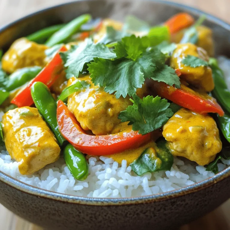 - Chicken thighs - Coconut milk - Red curry paste - Fresh vegetables - Coconut oil - Fish sauce or soy sauce - Brown sugar - Cooked rice - Garnishes like cilantro Coconut curry chicken is a delight that brings warm, tropical flavors to your plate. Here are the key ingredients you’ll need for this simple, tasty dish. Main Ingredients 1. Chicken thighs: I prefer using chicken thighs because they stay juicy and tender during cooking. They absorb flavors well, making each bite delicious. 2. Coconut milk: This adds a rich and creamy texture. It enhances the curry and gives it a smooth, velvety feel. 3. Red curry paste: This blend of spices gives your dish heat and depth. It's a key flavor in this recipe. 4. Fresh vegetables: Use colorful options like bell peppers and snap peas. These add crunch and nutrients. Pantry Staples 1. Coconut oil: This helps to sauté your ingredients and adds a hint of coconut flavor. 2. Fish sauce or soy sauce: Both add umami. Fish sauce gives a deeper taste, while soy sauce is a great vegetarian choice. 3. Brown sugar: A little sweetness balances the heat from the curry paste. Serving Suggestions 1. Cooked rice: Serve your curry over fluffy rice. This soaks up the sauce and completes the dish. 2. Garnishes like cilantro: Fresh herbs like cilantro add brightness and a pop of color. For those looking for a complete guide on how to prepare this dish, check out the Full Recipe. - Start by chopping your vegetables. You will need to finely chop the onion and slice the red bell pepper. - Next, cut the chicken thighs into bite-sized pieces. This helps them cook evenly. - Heat the coconut oil in a large skillet or pot over medium heat. - Add the chopped onion and sauté it for about 5 minutes. It should become soft and clear. - Stir in the minced garlic and grated ginger. Cook for an extra minute until you smell the great aroma. - Now, add the chicken pieces to the skillet. Cook for 5-7 minutes. Stir often until the chicken is brown on all sides. - Mix in the red curry paste. Make sure the chicken is well coated. Sauté for another 2 minutes to bring out the flavors. - Pour in the coconut milk and chicken broth. Add the fish sauce and brown sugar. Stir well to combine everything. - Bring your mixture to a gentle simmer. Then, add the sliced bell pepper and snap peas or green beans. - Let it simmer for about 10 minutes. The veggies should be tender but still crisp, and the chicken cooked through. - Just before serving, stir in the baby spinach and let it wilt for a minute. - Taste the curry and adjust the seasoning. Add more fish sauce or sugar if you want. - Serve the curry hot over cooked rice. Don’t forget to garnish it with fresh cilantro for a beautiful finish. For the full recipe, check out the Tropical Coconut Curry Chicken section. - Proper heat management: Start on medium heat. This helps cook the chicken evenly. If the heat is too high, the chicken may burn. Adjust as needed during cooking. - Timing for adding vegetables: Add hearty veggies like bell peppers early. For quick-cooking greens, like spinach, add them last. This keeps them vibrant and fresh. - Recommended spices or extra ingredients: Try adding lime juice for brightness. You can also toss in a tablespoon of peanut butter for creaminess. These small changes can enhance the dish. - Balancing flavors with seasoning: Taste as you cook. If it's too sweet, add a dash of fish sauce. If it needs depth, extra curry paste works wonders. - Serving style: Serve the curry in deep bowls. This allows the vibrant colors to shine. Pair with white rice to create a beautiful contrast. - Garnishing ideas: Top with fresh cilantro and lime wedges. A sprinkle of sesame seeds adds crunch and looks great. {{image_2}} You can easily make this dish vegetarian or vegan. Simply swap the chicken for tofu or chickpeas. Tofu adds protein and absorbs the curry's flavor well. For chickpeas, use canned ones for quick cooking. Both options work great and make the dish filling. If you don't have coconut milk, you can use almond milk or oat milk. These alternatives will change the flavor slightly but still taste good. For vegetables, feel free to mix and match. Carrots, zucchini, or even broccoli can add color and crunch. Use what you have on hand for a personal touch. You can also try different styles of coconut curry. For a Thai-style curry, use basil and lime leaves for a fresh twist. Adding fish sauce gives it an authentic flavor. For an Indian-style coconut chicken curry, add cumin and coriander for spice. Each version brings a unique taste and flair to the dish. You can store coconut curry chicken in the fridge for up to 3 days. Make sure to cool it down first before placing it in an airtight container. This helps keep it fresh and tasty. To freeze coconut curry chicken, let it cool completely. Then, place it in a freezer-safe container or bag. Squeeze out as much air as you can. Label it with the date. It can be frozen for up to 3 months without losing flavor. When you’re ready to eat, thaw it overnight in the fridge. For reheating, you can use the microwave or stovetop. If using the stovetop, heat it over low heat. Stir often to keep it from sticking. You may want to add a splash of coconut milk or broth to keep it moist. These methods help keep the curry fresh and delicious. Coconut curry chicken is a warm and creamy dish. It features chicken cooked in coconut milk and red curry paste. The dish has rich flavors from garlic, ginger, and spices. You can add fresh veggies like bell peppers and spinach for color and crunch. This meal is perfect over rice, making it filling and delicious. To make coconut curry chicken less spicy, use less red curry paste. Start with just one tablespoon and taste the dish as you cook. You can also add more coconut milk to cool the heat. If you want, include extra veggies like carrots or peas to balance the spice. Yes, you can use frozen chicken. If you use frozen chicken, cook it for longer to ensure it's safe. Thawing the chicken overnight in the fridge is best. If in a hurry, you can cook chicken directly from frozen. Just add extra time to your cooking. Coconut curry chicken is great with cooked rice. The rice soaks up the tasty sauce. You can also serve it with naan bread, which is perfect for dipping. Steamed broccoli or a fresh salad can add color and freshness to your plate. To make coconut curry chicken gluten-free, use gluten-free soy sauce or skip it. Check that your red curry paste is gluten-free, as some brands may contain wheat. Coconut milk is naturally gluten-free, so you can use that without worry. Enjoy a tasty meal that fits your diet! This blog post covered the key ingredients for coconut curry chicken, including chicken thighs and coconut milk. You learned the cooking steps, tips for best practices, and how to serve. We explored variations for different diets, along with storage and reheating guidelines. Coconut curry chicken is simple, tasty, and versatile. With this knowledge, you can make your own delicious versions at home. Enjoy creating dishes that thrill your taste buds!