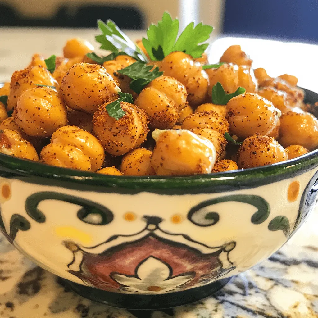 To make crispy roasted chickpeas, gather these simple items: - 1 can (15 oz) chickpeas, rinsed and drained - 2 tablespoons olive oil - 1 teaspoon smoked paprika - 1 teaspoon garlic powder - ½ teaspoon cayenne pepper (optional for spice) - ½ teaspoon ground cumin - Salt to taste - Freshly ground black pepper to taste Chickpeas are a great choice for many reasons. They are high in protein and fiber. This helps keep you full for longer. Chickpeas also have vitamins and minerals like iron and magnesium. These nutrients support your body in many ways. Eating chickpeas can aid in weight management and improve heart health. They are a smart addition to your diet. Feel free to get creative with your seasonings! While I love smoked paprika and garlic powder, you can try other flavors. Here are a few ideas: - Italian herbs: Use dried oregano or basil for a fresh twist. - Curry powder: This adds a warm, spicy taste. - Cheesy flavor: Sprinkle nutritional yeast for a cheese-like taste. - Sweet option: Try cinnamon and a touch of sugar for a dessert twist. These seasoning options can give your crispy roasted chickpeas a unique flair. You can mix and match to find your favorite combination. Check out the Full Recipe for more tips! To start, gather your ingredients. You need a can of chickpeas, olive oil, and spices. Rinse and drain the chickpeas in a colander. This step removes extra salt and liquid. Next, spread the chickpeas on a clean kitchen towel. Pat them dry gently. Removing moisture is important for getting them crispy. Preheat your oven to 400°F (200°C). While it heats, place parchment paper on a baking sheet. This keeps your pan clean and helps with even cooking. In a mixing bowl, toss the dried chickpeas with olive oil and spices. The key spices are smoked paprika, garlic powder, cumin, salt, and pepper. If you like heat, add cayenne pepper. Spread the seasoned chickpeas on the baking sheet in a single layer. Make sure they have space to breathe. Roast them for 25-30 minutes. Shake the pan halfway through to ensure they cook evenly. Watch closely so they don’t burn. For the best crunch, make sure the chickpeas are very dry before roasting. Too much moisture leads to soggy chickpeas. Also, don’t overcrowd the baking sheet; this allows heat to circulate. If you want extra crispiness, you can roast them longer, but keep an eye on them! After roasting, let the chickpeas cool a bit. They will get even crispier as they cool. Enjoy these tasty snacks or add them to your meals for a nice crunch. For more details, check out the Full Recipe! A few mistakes can ruin your crispy roasted chickpeas. First, don’t skip drying the chickpeas. Wet chickpeas won’t crisp up well. Use a clean towel to pat them dry. Second, avoid overcrowding the baking sheet. If they are too close, they will steam instead of roast. Lastly, keep an eye on them at the end. They can brown quickly, so check often. You can change the flavor of your chickpeas easily. Try different spices based on your taste. For a smoky kick, add more smoked paprika. If you like heat, increase the cayenne pepper. You can also mix in herbs. Rosemary, thyme, or oregano can add a fresh touch. Don’t be afraid to experiment! Crispy roasted chickpeas are fun to serve. You can enjoy them as a snack or a topping. Serve them in a colorful bowl for a nice look. They are great on salads, too. Just sprinkle them on top for crunch. You can also mix them into grain bowls for extra protein. If you want more ideas, check out the Full Recipe for inspiration. {{image_2}} For those who love heat, spice up your chickpeas! Start with the basic recipe. Add more cayenne pepper for extra kick. You can also mix in chili powder or crushed red pepper flakes. For a different flavor, try harissa or sriracha. Toss the chickpeas with these spices before roasting. This will give them a bold, fiery taste that wakes up your senses! Want a fresh twist? Use herbs to add flavor. Mix chopped fresh rosemary, thyme, or oregano into the olive oil. You can also try dried herbs if fresh ones are not available. Toss the chickpeas with these herbs and coat them well. The result is a fragrant snack that pairs perfectly with salads or soups. Yes, you can enjoy chickpeas in a sweet way! After roasting, sprinkle your chickpeas with cinnamon and a little brown sugar. You can also use maple syrup or honey for sweetness. Toss them gently to coat. This creates a crunchy, sweet treat that satisfies your dessert cravings. For a twist, add cocoa powder for a chocolatey flavor. These variations bring exciting tastes to your crispy roasted chickpeas. You can create endless flavor combinations. Try them out and see which one becomes your favorite! For the full recipe, check out the details above. After making crispy roasted chickpeas, let them cool down completely. Then, place them in an airtight container. This keeps them fresh. If you do not have an airtight container, use a resealable plastic bag. Make sure to squeeze out the air before sealing it. Store them at room temperature. They stay crunchy for a short time, about 1-2 days. If you want to enjoy the crispy texture again, reheating is key. Preheat your oven to 350°F (175°C). Spread the leftover chickpeas on a baking sheet. Heat them for about 10 minutes. This helps restore their crunch. Avoid the microwave; it makes them soft and chewy. For the best taste and texture, eat your crispy roasted chickpeas within 2 days. After that, they may lose their crunch and flavor. If you want to keep them longer, consider freezing. Place them in a freezer-safe bag and store for up to 3 months. Just remember to reheat them in the oven to bring back that crispy goodness. For more details, you can check the Full Recipe. Yes, you can use dried chickpeas. First, soak them overnight in water. This step makes them soft. After soaking, cook them until tender, about an hour. Once cooked, drain and dry them well. Then, you can follow the [Full Recipe] to roast them. This method gives you fresh chickpeas with great flavor. Crispy roasted chickpeas are already gluten-free! The ingredients in the recipe do not contain gluten. Just ensure your spices do not have any gluten additives. If you use new brands, check the label for safety. With proper choices, you can enjoy this snack without worry. There are many fun ways to serve crispy roasted chickpeas! Here are some ideas: - As a snack: Enjoy them right from the bowl. - On salads: Add them for a nice crunch. - In wraps: Use them in wraps for extra texture. - With dips: Pair them with hummus or yogurt dip. - As toppings: Sprinkle them on soups for added flavor. These ideas help you enjoy chickpeas in different meals. Chickpeas offer many benefits and great flavors. We explored their key ingredients and their nutritional perks. You learned how to prepare and roast them perfectly. I shared tips to avoid common mistakes and ways to customize your flavor. You can whip up spicy or sweet variations to keep things exciting. Store leftovers correctly to enjoy them later. Remember, chickpeas are versatile and nutritious, providing a tasty snack for everyone to love. Enjoy your cooking and get creative!