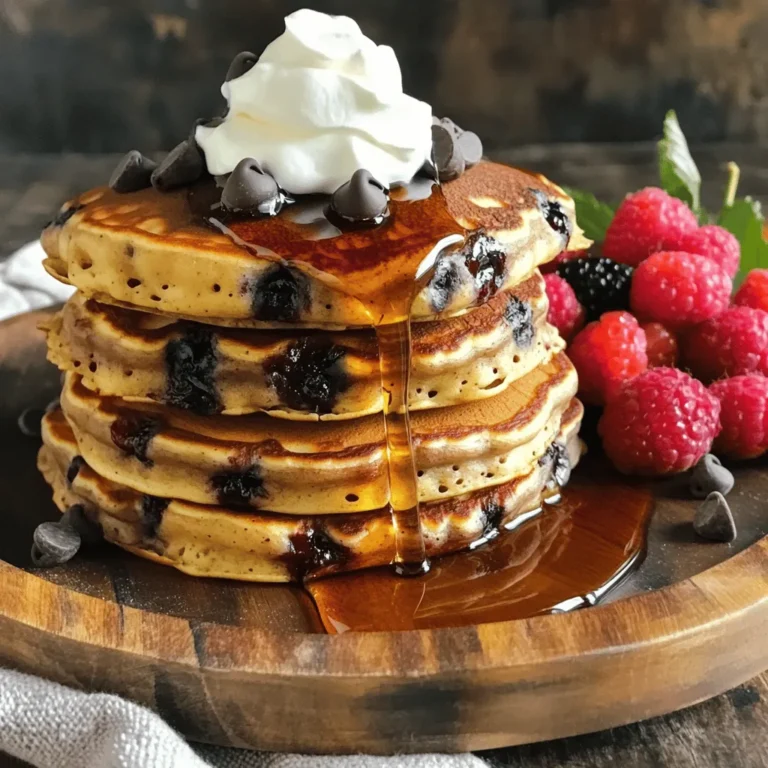 - 1 cup all-purpose flour - 2 tablespoons sugar - 1 tablespoon baking powder - 1/2 teaspoon baking soda - 1/4 teaspoon salt - 1 cup buttermilk (or regular milk + 1 tablespoon lemon juice) - 1 large egg - 2 tablespoons unsalted butter, melted - 1 teaspoon vanilla extract - 1/2 cup semi-sweet chocolate chips These are the key items you need for your chocolate chip pancakes. The all-purpose flour gives the pancakes structure. Sugar adds a hint of sweetness. Baking powder and baking soda make them fluffy. Salt balances the flavors. Buttermilk adds a rich taste and soft texture. The egg binds everything together. Unsalted butter gives a nice richness. Vanilla adds warmth, while chocolate chips bring that delightful sweetness. - Whipped cream - Fresh berries Whipped cream can make your pancakes feel extra special. Fresh berries add a burst of flavor and color. You can use any berries you like, such as strawberries or blueberries. These toppings make your pancakes look pretty and tasty! You can find the Full Recipe for more details. Start by gathering your dry ingredients. In a large bowl, measure 1 cup of all-purpose flour. Add 2 tablespoons of sugar, 1 tablespoon of baking powder, 1/2 teaspoon of baking soda, and 1/4 teaspoon of salt. Whisk these ingredients together. This step ensures they mix well. A good mix helps the pancakes rise beautifully. Now, let’s prepare the wet ingredients. In a separate bowl, measure 1 cup of buttermilk. If you don’t have buttermilk, use regular milk with 1 tablespoon of lemon juice added. Crack in 1 large egg. Pour in 2 tablespoons of melted unsalted butter and 1 teaspoon of vanilla extract. Whisk until smooth. This mixture adds flavor and moisture to your pancakes. It’s time to combine the wet and dry ingredients. Pour the wet mixture into the bowl with dry ingredients. Stir gently until just combined. It’s okay if there are lumps; don’t overmix. Now, fold in 1/2 cup of semi-sweet chocolate chips. This step makes the pancakes extra yummy. Preheat your griddle or frying pan over medium heat. It should be hot but not smoking. Lightly grease it with cooking spray or a bit of butter. Pour about 1/4 cup of batter for each pancake onto the hot surface. Cook for 2-3 minutes. Watch for bubbles forming on the surface. When edges look set, it’s time to flip. Cook for an additional 1-2 minutes until golden brown. These tips will help you make perfect pancakes every time. To make fluffy pancakes, you must avoid overmixing the batter. Mix just until the dry ingredients are moistened. A few lumps are fine. Overmixing makes pancakes tough. Let the batter rest for 5 to 10 minutes. This allows the flour to hydrate and the gluten to relax. The result? Fluffier pancakes! Set your griddle or pan to medium heat. Too high a heat burns the pancakes. Too low a heat leaves them soggy. You want a nice golden brown. Make sure to keep an eye on the bubbles. When bubbles form, it’s time to flip. This step ensures your pancakes cook evenly. For the best taste, stack your pancakes high. Drizzle with maple syrup and add whipped cream. Fresh berries make a great topping too. They add color and flavor. Arrange your plates nicely for a beautiful presentation. A well-stacked plate makes your breakfast look fancy! For a full recipe, check the detailed instructions above and enjoy your cooking adventure! {{image_2}} To make these pancakes gluten-free, you can use different flours. Here are some good options: - Almond flour - Coconut flour - Oat flour Each flour has its own taste and texture. Almond flour gives a nutty flavor. Coconut flour absorbs more liquid, so use less. Oat flour works well and is soft. Mix any of these with a gluten-free baking powder to keep the pancakes light. You can easily make these pancakes vegan. Here’s what to swap: - Use non-dairy milk like almond or soy instead of buttermilk. - Replace the egg with 1 tablespoon of ground flaxseed mixed with 2.5 tablespoons of water. Let it sit for 5 minutes to thicken. - Instead of butter, use coconut oil or vegan butter. These swaps keep the pancakes tasty and fluffy while being plant-based. Want to add a twist? Here are some fun ideas: - Mix in 1 teaspoon of cinnamon for warmth. - Add chopped nuts, like walnuts or pecans, for crunch. - Toss in a handful of blueberries or bananas for extra fruit flavor. These variations make each bite exciting. Get creative and find your favorite mix-ins! Enjoy experimenting with flavors. For the full recipe, check out the [Full Recipe]. To store leftover pancakes, follow these steps: - Cool completely: Allow the pancakes to cool on a wire rack. This prevents sogginess from steam. - Use airtight containers: Place pancakes in a single layer in a container. If stacking, add parchment paper between layers. - Refrigerate or freeze: For short-term storage, keep them in the fridge for up to three days. For longer storage, freeze them for up to two months. When you’re ready to enjoy your pancakes again, use these methods: - Microwave: Place a pancake on a plate. Heat it for 20-30 seconds. Check if it’s warm enough. - Oven: Preheat your oven to 350°F (175°C). Wrap pancakes in foil and heat for about 10 minutes. - Skillet: Heat a non-stick skillet over low heat. Add a pancake for a minute on each side. This keeps them fluffy. When stored correctly, pancakes can last: - Refrigerated: Up to three days. - Frozen: Up to two months. After this time, they may lose flavor and texture. Always check for signs of spoilage before enjoying! Yes, you can use regular milk. To make it similar to buttermilk, add one tablespoon of lemon juice to one cup of milk. Let it sit for five minutes. This creates a tangy flavor that mimics buttermilk. It also helps the pancakes rise better. You can replace eggs with a few options. Use one-fourth cup of unsweetened applesauce or a mashed banana for each egg. You can also use a flaxseed meal. Mix one tablespoon of flaxseed with three tablespoons of water. Let it sit until it thickens. This works great for binding the pancake mix. Absolutely! You can use blueberries, nuts, or even diced strawberries. Each will add a different flavor to your pancakes. If you like a twist, try peanut butter chips or white chocolate chips. They melt nicely and add sweetness. To keep pancakes warm, place them in an oven set to low heat, about 200°F (93°C). Lay them on a baking sheet in a single layer. This way, they stay warm without cooking further. You can also cover them with foil to keep them moist. If you're making a large batch, this method works perfectly! For the full recipe, check out the Decadent Chocolate Chip Pancakes section above. This blog post covered how to make delicious chocolate chip pancakes from scratch. We explored key ingredients, cooking steps, and tips for fluffy pancakes. You'll find ways to make gluten-free and vegan options too. Remember, good pancakes start with proper mixing and careful cooking. Try different toppings and flavors to keep things fun. With practice, you can master these pancakes and impress anyone at your breakfast table. Enjoy every bite and happy cooking!