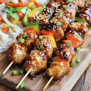 - 1 pound boneless, skinless chicken thighs, cut into 1-inch pieces - 1/4 cup soy sauce (low sodium recommended) - 2 tablespoons brown sugar - 1 tablespoon rice vinegar - 1 tablespoon sesame oil - 2 cloves garlic, minced - 1 teaspoon ginger, grated - 1 bell pepper, cut into 1-inch pieces - 1 red onion, cut into 1-inch chunks - Bamboo skewers (soaked in water for 30 minutes to prevent burning) - Garnishes: sesame seeds and chopped green onions To make teriyaki chicken skewers, you need fresh ingredients. Start with boneless, skinless chicken thighs. These give great flavor and stay moist. Use low sodium soy sauce to keep it healthier. Brown sugar adds a nice sweetness. For the marinade, rice vinegar adds tang. Sesame oil gives a rich, nutty taste. Garlic and ginger bring in depth and aroma. You'll also need colorful veggies like bell pepper and red onion. They add crunch and flavor. Don’t forget the bamboo skewers! Soaking them helps prevent burning on the grill. Finally, sesame seeds and green onions make perfect garnishes. For the full recipe, check out the complete directions to guide you through each step. Enjoy the process of making these delicious skewers! To start, gather your ingredients. In a medium bowl, whisk together: - 1/4 cup soy sauce - 2 tablespoons brown sugar - 1 tablespoon rice vinegar - 1 tablespoon sesame oil - 2 cloves garlic, minced - 1 teaspoon ginger, grated Mix until smooth. Next, add 1 pound of chicken thighs cut into 1-inch pieces. Ensure each piece gets coated well in the marinade. Cover your bowl and refrigerate it for at least 30 minutes. For a richer taste, let it marinate for up to 2 hours. While your chicken marinates, preheat your grill or grill pan over medium-high heat. Soak your bamboo skewers in water for 30 minutes. This step prevents them from burning. After marinating, take the chicken out and start threading it onto the soaked skewers. Alternate chicken pieces with 1-inch chunks of bell pepper and red onion. This adds color and flavor to each skewer. Now it's time to grill! Place the skewers on the hot grill. Cook them for about 10-12 minutes. Turn them occasionally to ensure even cooking. The chicken should no longer be pink inside. While they cook, take the leftover marinade and boil it in a small saucepan. Add 1 tablespoon of cornstarch mixed with 2 tablespoons of water. Let it simmer for 2-3 minutes until it thickens. This will be your glaze. In the last 2 minutes of cooking, brush the thickened teriyaki sauce on the skewers. Remove them from the grill and let them rest for a couple of minutes. For a nice finish, garnish with sesame seeds and chopped green onions. Enjoy your tasty teriyaki chicken skewers! Don't forget to check the Full Recipe for more details. To get the best flavor, marinate your chicken for at least 30 minutes. If you have time, go for up to 2 hours. This gives the chicken a chance to soak in the tasty teriyaki sauce. The longer you marinate, the better the taste. Make sure every piece is well coated in the marinade. This helps each bite burst with flavor. When grilling, set your grill to medium-high heat. This is the sweet spot for juicy chicken. If the grill is too hot, the outside cooks too fast, and the inside stays raw. To prevent dry chicken, brush some of the thickened teriyaki sauce on the skewers during the last few minutes of grilling. This adds moisture and a lovely glaze. For serving, arrange the skewers on a wooden board or a large platter. You can drizzle any extra teriyaki sauce over them for a nice touch. Pair your skewers with steamed jasmine rice and some stir-fried vegetables. This not only looks great but also adds more color and flavor to your meal. Experiment with different sides to find what you love best. For the full recipe, check out the complete guide. {{image_2}} You can mix up your skewers with lots of veggies. Try using: - Zucchini, cut into thick slices - Mushrooms, whole or halved - Cherry tomatoes, for a burst of flavor - Pineapple, for a sweet twist Using different color peppers adds both flavor and fun. Red, green, or yellow peppers each bring a unique taste. This variety not only looks great but also makes each bite exciting. If you want to change the protein, there are great options. You can use: - Pork, cut into 1-inch cubes - Shrimp, peeled and deveined - Beef, cubed and marinated Cooking times differ for each meat. For pork and beef, grill for about 12-15 minutes. Shrimp cooks faster, about 6-8 minutes until pink. Always check that your meat is fully cooked before serving. You can modify the teriyaki sauce to fit your taste. Try adding: - Honey for extra sweetness - Orange juice for a citrus twist - Soy sauce alternatives like coconut aminos Want some heat? Add red pepper flakes or sriracha to the marinade. This will give your skewers a spicy kick that balances well with the sweet sauce. For the full recipe, check out the full recipe section! To store leftover teriyaki chicken skewers, follow these steps: - Allow the skewers to cool to room temperature. - Place them in an airtight container. - Store the container in the fridge for up to 3 days. If you want to freeze the skewers: - Wrap them tightly in plastic wrap. - Place the wrapped skewers in a freezer bag. - They can last up to 3 months in the freezer. To reheat your teriyaki chicken skewers without drying them out, use this method: - Preheat your oven to 350°F (175°C). - Place the skewers on a baking sheet. - Cover the skewers with foil to retain moisture. - Heat for about 10-15 minutes until warm. You can also use a microwave: - Place the skewers on a microwave-safe plate. - Cover with a damp paper towel. - Heat in 30-second intervals until warmed through. In the fridge, your teriyaki chicken skewers will stay fresh for about 3 days. If frozen, they can last up to 3 months. Make sure to label your containers with the date to track freshness. You can prepare teriyaki chicken skewers in advance with these steps: - Marinate the chicken: Mix the marinade and coat the chicken. Let it sit in the fridge for up to 2 hours. - Assemble the skewers: Thread the chicken and veggies onto skewers. Cover and keep in the fridge. - Cook later: When ready to cook, grill the skewers. This keeps the flavors fresh and tasty. Yes, you can use store-bought teriyaki sauce. Here are some pros and cons: - Pros: It's quick, easy, and saves time in the kitchen. You can find many flavors. - Cons: Some sauces may have added sugars or preservatives. Homemade sauce can taste fresher and better. Here are some great side dishes to enjoy: - Steamed jasmine rice: It soaks up the sauce well. - Stir-fried vegetables: Offers a colorful and healthy balance to your meal. - Cucumber salad: Refreshing crunch that pairs well with the skewers. Traditional teriyaki sauce usually contains soy sauce, which has gluten. However, many brands offer gluten-free soy sauce. Always check the label to be sure. You can also make gluten-free teriyaki sauce at home by using tamari instead of regular soy sauce. This post highlights how to make delicious teriyaki chicken skewers. We covered main and marinade ingredients, grilling tips, and storage methods. You can use various veggies and proteins to mix things up. With these steps, you will create tasty skewers everyone will enjoy. Keep experimenting for your perfect recipe. Now, you’re ready to grill! Enjoy your cooking adventure and share your skewers with friends!