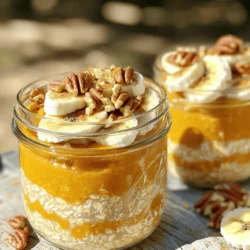 - 1 cup rolled oats - 1 cup almond milk (or any milk of choice) - ½ cup pumpkin puree - 2 tablespoons maple syrup (or honey) - 1 teaspoon pumpkin spice blend - 1 tablespoon chia seeds - ¼ teaspoon vanilla extract - Pinch of salt - Optional Toppings: chopped pecans, sliced banana, or a dollop of yogurt The ingredients in pumpkin spice overnight oats are simple yet powerful. Rolled oats provide fiber and energy. They keep you full and satisfied. Almond milk adds creaminess without dairy. Pumpkin puree gives a rich flavor and is packed with nutrients. Maple syrup or honey adds natural sweetness. Pumpkin spice brings warmth and comfort to each bite. Chia seeds are small but mighty. They add healthy omega-3 fats and fiber. A splash of vanilla enhances the overall taste. A pinch of salt balances the sweetness. Optional toppings make your oats even more fun. Chopped pecans add crunch. Sliced banana gives extra sweetness. A dollop of yogurt makes it creamy and adds protein. You can adjust these toppings based on what you like or have on hand. This recipe is not only tasty but also nutritious. You can find the full recipe at the end of the article. To start, gather your dry ingredients. In a medium bowl, combine: - 1 cup rolled oats - 1 tablespoon chia seeds Mix these well. Chia seeds add a nice crunch and help thicken the oats. Next, prepare the wet ingredients. In another bowl, whisk together: - 1 cup almond milk (or any milk of choice) - ½ cup pumpkin puree - 2 tablespoons maple syrup (or honey) - 1 teaspoon pumpkin spice blend - ¼ teaspoon vanilla extract - Pinch of salt Make sure this mixture is smooth. The pumpkin puree gives flavor and creaminess. Now, pour the pumpkin mixture over the oats and chia seeds. Stir it well until all ingredients are combined. You want every oat to soak up that delicious pumpkin flavor. Chilling is key. Place your mixture in two jars or containers and seal them tightly. Refrigerate overnight or for at least four hours. This time lets the oats absorb the liquid. You will notice a big change in texture. The oats will soften and become creamy. When morning comes, it’s time for the final touches. Take your jars out of the fridge. Give the oats a good stir to mix everything again. Now, let’s talk about presentation. Serve in clear jars to show off those pretty layers. Top with: - Chopped pecans - Sliced banana - A dollop of yogurt A sprinkle of extra pumpkin spice adds a nice touch. Enjoy your lovely Pumpkin Spice Overnight Oats! Check out the Full Recipe for all the details. To avoid mushy oats, use rolled oats instead of quick oats. Rolled oats soak up liquid well but still keep their shape. Make sure to measure your almond milk correctly. Too much milk can make your oats soggy. Chia seeds play a big role in texture. They absorb liquid and swell. This thickens the oats and gives a nice creaminess. Adding one tablespoon of chia seeds boosts both nutrition and texture. You can add more spices to boost flavor. Try adding a pinch of nutmeg or ginger for extra warmth. A dash of cinnamon also works well. For sweetness, consider using honey or agave syrup. Both add a nice touch. If you want a lower-calorie option, you can use stevia or monk fruit. These sweeteners provide sweetness without extra sugar. Toppings are key to making your oats fun and tasty. Chopped pecans add crunch and healthy fats. Sliced bananas not only taste great but also add potassium. A dollop of yogurt gives creaminess and protein. Pair your oats with fresh fruits like berries or apples. Nuts also add texture and flavor. You can serve your oats in clear jars to show off the layers. This makes for a stunning breakfast display. For the full recipe, check the details above. {{image_2}} You can change the base ingredients in pumpkin spice overnight oats. - Dairy-free alternatives: Use almond milk, coconut milk, or oat milk. These choices keep the oats creamy without dairy. - Gluten-free options: Choose certified gluten-free rolled oats. This makes the dish safe for those with gluten intolerance. Mixing in different flavors can make your overnight oats fun and exciting. - Spicy variations: Add ginger or cloves for a spicy kick. These spices enhance the warm pumpkin flavor. - Seasonal adaptations: Toss in cranberries or nuts. This adds texture and makes your oats festive. Adjusting portions can help you serve more or fewer people. - Scaling the recipe for larger servings: Simply double or triple the ingredients. This is great for family gatherings or meal prep. - Making single servings: Halve the ingredients for a quick breakfast. This is perfect for busy mornings. Check out the Full Recipe for all the details on how to make these tasty variations! To keep your pumpkin spice overnight oats fresh, store them in airtight containers. This seals in moisture and flavor. Always refrigerate them right after you make them. Use jars with tight lids for best results. If you want to keep them for a longer time, try to eat them within five days. Yes, you can freeze overnight oats. This is great if you want to prepare meals ahead. To freeze, place the oats in freezer-safe containers. Leave some space at the top as they may expand. When you are ready to eat, move them to the fridge overnight to thaw. You can also use the microwave for a quick thaw. In the fridge, your oats will stay fresh for about five days. If they look dry or smell sour, it's time to toss them out. Always trust your senses. If they taste off, do not eat them. Enjoy your pumpkin spice overnight oats while they are fresh! For the full recipe, check out the earlier section. What are the key ingredients for Pumpkin Spice Overnight Oats? The key ingredients are simple and wholesome. You will need: - 1 cup rolled oats - 1 cup almond milk (or any milk of choice) - ½ cup pumpkin puree - 2 tablespoons maple syrup (or honey) - 1 teaspoon pumpkin spice blend - 1 tablespoon chia seeds - ¼ teaspoon vanilla extract - Pinch of salt These ingredients come together to create a creamy, flavorful treat. Can I use other types of milk or sweetness? Yes, you can! Any milk works well. Use almond, oat, soy, or regular milk based on your taste. For sweetness, maple syrup or honey is great. You could also use agave nectar or stevia for a lower-calorie option. Feel free to adjust to your liking! How long do I need to let the oats soak? Let the oats soak overnight for the best texture. If you’re short on time, at least four hours will work. This soaking time allows the oats to absorb the liquid and flavors, making them soft and delicious. How to make this recipe vegan? To make the recipe vegan, use plant-based milk like almond or oat milk. Substitute maple syrup for honey, and you’re all set! This way, you enjoy the same tasty oats without any animal products. Can I add protein powder? Absolutely! Adding protein powder boosts the nutritional value. Mix it in with the oats and chia seeds before adding the wet ingredients. This addition helps keep you full and satisfied longer. How many servings does this recipe make? This recipe makes two servings. Each serving is perfect for a healthy breakfast or snack. You can easily double the recipe if you need more. What is the calorie count per serving? Each serving of Pumpkin Spice Overnight Oats has about 300 calories. This count may vary based on the milk and toppings you choose. It’s a balanced meal with good carbs, fats, and protein! Pumpkin spice overnight oats are easy and fun to make. You learned about the key ingredients, their health benefits, and how to prepare them. I shared tips for perfecting texture and flavor. You can try variations to fit your taste. Storing and freezing them is simple too. Enjoy whipping up this delicious and nutritious breakfast. It's a great way to start your day and feel good!