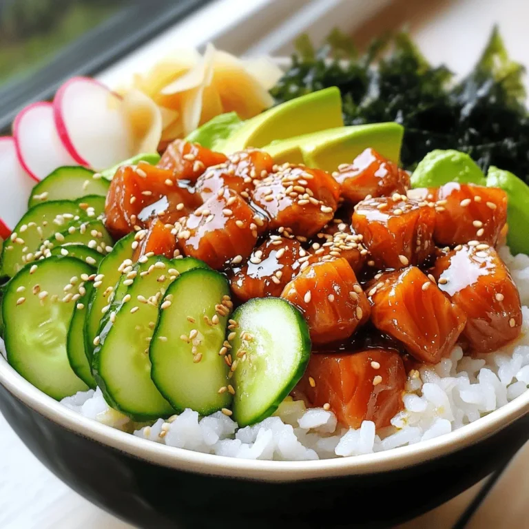 - Sushi-grade tuna: This is the star of the dish. It must be fresh and safe to eat raw. Always choose high-quality tuna to get the best flavor and texture. - Sushi rice and water ratio: For perfect sushi rice, use a 1:1.5 ratio. That means for every cup of sushi rice, use 1.5 cups of water. This will yield soft, fluffy rice that holds its shape well. - Essential seasonings: You need soy sauce, sesame oil, and sriracha. Combine these to create a flavorful dressing for your tuna. Adjust the sriracha to control the heat level. - Sliced avocado and cucumber: Avocado adds creaminess, while cucumber gives a fresh crunch. Both balance the spice of the tuna. - Radish and green onions: Radish adds a peppery bite and color. Green onions bring a mild onion taste and enhance the overall flavor. - Additional garnishes: Seaweed salad adds a briny touch. Pickled ginger provides a refreshing contrast. Microgreens on top make your bowl look gourmet and add extra flavor. Use these fresh ingredients to make your spicy tuna poke bowl a mouthwatering flavor explosion. For the complete recipe and detailed instructions, check out the Full Recipe. First, rinse the sushi rice under cold water. Keep rinsing until the water runs clear. This step removes extra starch. It helps the rice stay fluffy and not too sticky. Next, in a medium saucepan, mix the rinsed rice with water. Bring it to a boil over medium-high heat. Once boiling, lower the heat, cover, and let it cook for 15 minutes. After this, turn off the heat but let it sit for another 10 minutes. This resting time really helps the rice absorb moisture. While the rice cooks, it’s time to make the spicy tuna. In a medium bowl, combine the diced tuna, soy sauce, sesame oil, and sriracha. Use a spoon to gently fold the mixture. You want to coat the tuna evenly. If you like it spicier, add more sriracha. Taste it to find your perfect heat level. Now, let’s put the bowl together. Start with a generous scoop of sushi rice at the bottom of a large bowl. Then, spoon the spicy tuna mixture right on top. Next, add a fan of avocado slices, cucumber, and radish. Don't forget the green onions for color! Sprinkle sesame seeds on top for crunch and flavor. For a beautiful finish, garnish with seaweed salad and a few pieces of pickled ginger. If you want a gourmet touch, add some microgreens. Serve it in deep, wide bowls to show off the colors. Enjoy this fresh and tasty meal right away! For the full recipe, check the link provided. For a great poke bowl, start with the right sushi rice. Rinse the rice well. This helps remove excess starch. You want each grain to be separate and fluffy. Use a 1:1.5 ratio of rice to water. Cook it on low heat for 15 minutes, then let it sit. This resting time is key to getting the right texture. If you have leftover rice, store it in an airtight container. Keep it in the fridge for up to three days. When reheating, add a splash of water to help it steam back to life. Spice is key in a spicy tuna poke bowl. Start with 1 tablespoon of sriracha, then taste and adjust. You can add more if you like heat. Try mixing in some lime juice for a zesty kick. Other flavors can add depth too. Consider adding sesame seeds or even a bit of garlic. These will bring out the best in your tuna. A beautiful poke bowl is all about presentation. Start with the sushi rice as your base. Layer the spicy tuna on top, spreading it evenly. Arrange the avocado, cucumber, and radish slices in a fan shape. Use green onions as a bright pop of color. To make it even more eye-catching, sprinkle sesame seeds on top. Adding seaweed salad or microgreens can enhance the look. Serve it in deep, wide bowls to show off all the colors and textures. This makes each bite a feast for the eyes! For the full recipe, check out the detailed steps provided. {{image_2}} You can switch up the protein in your spicy tuna poke bowl. Salmon makes a great substitute. It has a rich flavor that pairs well with the other ingredients. If you prefer a plant-based option, try tofu. Firm tofu absorbs the flavors nicely. You can also use shrimp or crab for a twist. Both add a different texture and taste to the bowl. Don’t be afraid to get creative with toppings. Seasonal vegetables can add color and crunch. Think about using sliced radishes, shredded carrots, or even edamame. These veggies enhance the texture and taste. Fruits like mango or pineapple can also brighten up your bowl. Their sweetness contrasts nicely with the spicy tuna. Sriracha is a classic choice, but you can explore other sauces too. Try a spicy mayo or a chili oil for a different kick. Citrus sauces with lime or lemon juice can add freshness. Miso sauce brings a unique umami flavor that complements the poke bowl well. Mixing and matching sauces can make your dish even more exciting. For the full recipe, check out the detailed instructions above. To keep your poke bowl fresh, you need to store it well. First, put the sushi rice and tuna in separate containers. This helps maintain their flavors and textures. Use airtight containers for the best results. A glass or plastic container with a tight lid works great. Make sure to let the rice cool before sealing it. If you store warm rice, it can become mushy. You should eat your poke bowl within two days for the best taste. Tuna can spoil quickly, so check it often. If it looks or smells off, do not eat it. When reheating sushi rice, add a splash of water. Heat it gently in the microwave. This helps revive the rice without drying it out. Enjoy that poke bowl while it’s fresh for the best mouthwatering flavor explosion. For the full recipe, check out the Spicy Tuna Poke Bowl section above! A poke bowl is a Hawaiian dish. It features diced raw fish, usually tuna. The fish is marinated and served over rice. Traditionally, you find it with fresh toppings like avocado and seaweed. Poke means "to slice" in Hawaiian, which describes the fish preparation. The dish blends flavors and textures, making it a delight to eat. You can customize it with many toppings and sauces. Yes, you can use frozen tuna for your poke bowl. However, ensure it is sushi-grade. This means it is safe to eat raw. Freezing can kill parasites, making the fish safe. When using frozen tuna, thaw it in the fridge overnight. This keeps the texture and flavor intact. Always check for quality before using any fish in your meal. Making a poke bowl vegetarian is easy. You can replace the tuna with tofu or tempeh. Both options absorb flavors well and provide texture. You can also add marinated mushrooms for a savory touch. Consider using fruits like mango or pineapple for sweetness. You can still use all the fresh toppings, like avocado and cucumber, for a colorful dish. Many sides pair well with a poke bowl. Consider serving a light seaweed salad for added crunch. Pickled ginger complements the spicy tuna nicely. You might also enjoy a refreshing cucumber salad. For drinks, try green tea or a light lager. These choices balance the flavors and enhance your meal. Making a Spicy Tuna Poke Bowl is fun and simple. You learned about key ingredients, cooking sushi rice, and assembling the bowl. Don't forget your fresh garnishes for extra flavor and color. Try different proteins and toppings to make it your own. Following my tips will help you create a visually appealing dish. Experimenting with flavors will keep each bowl exciting. Enjoy this delicious meal, and share it with friends or family!