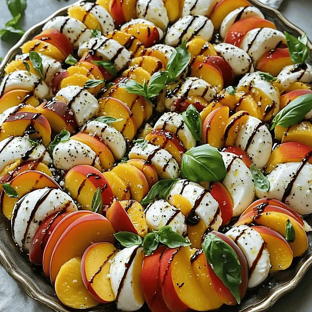 For a great Peach Caprese Salad, you need fresh, tasty ingredients. Here’s what you’ll need: - 2 ripe peaches, sliced - 8 oz fresh mozzarella, sliced - 1 cup fresh basil leaves Using ripe peaches is key. They should feel soft but not mushy. The mozzarella should be fresh and creamy. Look for a good-quality brand for the best taste. Fresh basil adds a sweet aroma and bright flavor. You also need some simple seasonings to make the flavors pop. Here are the essentials: - 2 tablespoons balsamic glaze - 1 tablespoon olive oil - Salt and pepper to taste Balsamic glaze brings a tangy sweetness that pairs well with peaches. Olive oil adds richness. Salt and pepper balance the flavors perfectly. You can choose different types of balsamic glaze. Here are a few ideas: - Traditional balsamic for a classic taste - Fig balsamic for a fruity twist - Honey balsamic for extra sweetness Each type of glaze can change the flavor profile of your salad. Try them out to find your favorite! For the full recipe, refer to the section above. Start by washing the peaches. Use cold water to rinse them well. After that, slice the peaches into even wedges. This will show off their juicy insides. Next, grab the fresh mozzarella. Slice it into rounds that match the size of the peach slices. This helps the salad look great and taste good. Now, let’s build the salad. Take a large serving platter. Start layering the peach and mozzarella slices in an alternating pattern. You can create a circular shape for a pretty look. Next, tuck fresh basil leaves between the peach and mozzarella slices. This adds a fresh taste and a nice pop of green. For the final touches, drizzle olive oil over the whole salad. It adds richness and flavor. Then, drizzle balsamic glaze on top. This gives the dish a sweet and tangy kick. Don’t forget to season with salt and freshly cracked pepper. This enhances all the flavors. Serve the salad right away for the best taste. If you want, you can chill it for about 10 minutes. This melds the flavors nicely. Check out the Full Recipe for more details on this delightful dish. To make a great Peach Caprese Salad, start with ripe peaches. Look for peaches that feel soft but not mushy. They should smell sweet and fruity. When it comes to mozzarella, choose fresh mozzarella. It should feel slightly springy and moist. If possible, buy it from a local market. This gives you the freshest flavor. To make your salad even better, add a sprinkle of fresh herbs. Chives or mint can add a nice twist. You can also try adding a pinch of red pepper flakes for some heat. If you want a sweet touch, drizzle honey over the top. This balances the tangy balsamic glaze. Experiment with flavors that you enjoy. Presentation makes a dish more appealing. Arrange peach and mozzarella slices in a circle. This creates a beautiful pattern. You can use a large white plate for contrast. Add fresh basil leaves in between the layers for color. Drizzle the olive oil and balsamic glaze just before serving. This keeps the colors bright and fresh. For a fun touch, serve with small forks or skewers. It makes for easy eating! Check out the Full Recipe for detailed instructions and tips! {{image_2}} You can swap out the peaches for other fruits. Try ripe nectarines or juicy plums. They add a sweet and tart flair. You can also use burrata cheese instead of mozzarella. Burrata gives a creamier texture and rich taste. For a touch of spice, add some thinly sliced jalapeños. This twist brings heat and depth to the dish. Seasonal ingredients can change your salad's flavor. In summer, use fresh berries along with peaches. Strawberries or blueberries brighten up the dish. In fall, consider adding roasted butternut squash. It adds warmth and earthiness. You can also sprinkle in pomegranate seeds in winter for color and crunch. Adjusting ingredients based on seasons keeps the salad fresh. You can easily make this salad vegan. Just skip the mozzarella and use marinated tofu instead. It adds protein and flavor. For a gluten-free option, enjoy this salad as is. All the ingredients are naturally gluten-free. If you want more crunch, add nuts like walnuts or pecans. These options keep the salad tasty and healthy. Want more ideas or the full recipe? Check out the Full Recipe! Store any leftover Peach Caprese Salad in an airtight container. This keeps the salad fresh and safe. I recommend using glass containers, as they do not hold odors. Keep the salad in the fridge for up to two days. After that, the peaches may get mushy. To keep the salad fresh, layer ingredients with care. Place basil leaves on top. This helps keep moisture away from the peaches and cheese. If storing for a short time, add the balsamic glaze just before serving. This will maintain the salad's bright look and flavor. You do not need to reheat this salad. Peach Caprese is best served cold, straight from the fridge. If you prefer a warm dish, consider making a warm peach salad instead. For that, grill or roast the peaches and serve with cheese and basil. For the full recipe, refer to the instructions provided above. The best time to make Peach Caprese Salad is in summer. That’s when peaches are at their sweetest. You want ripe, juicy peaches for the best flavor. This salad also shines at picnics or barbecues. The fresh flavors make it perfect for warm days. Yes, you can add other fruits! Try using strawberries, nectarines, or even berries. These fruits pair well with mozzarella and basil. They add different tastes and colors. Feel free to mix and match based on what you like. The salad lasts about two days in the fridge. However, it’s best fresh. The peaches can get mushy over time. Keep it in a covered container to save space and flavor. If you want to enjoy it longer, store the ingredients separately. You can prep some parts ahead of time. Slice the peaches and mozzarella earlier in the day. However, I recommend assembling it right before serving. This keeps the salad fresh and colorful. You want to enjoy the best taste possible! For the full recipe, check out the earlier section. In this blog post, we explored how to make a delicious Peach Caprese Salad. We covered fresh ingredients, essential seasoning, and tasty balsamic glaze options. You learned step-by-step instructions for preparing peaches and mozzarella, along with fun assembly tips. We shared tricks for picking the best ingredients, enhancing flavors, and creative presentation ideas. You discovered variations for different seasons and dietary needs, plus smart storage tips for leftovers. Enjoying this salad can brighten any meal. Give it a try for a fresh twist!
