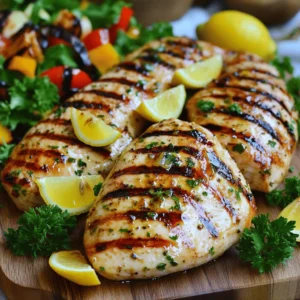 To make Lemon Herb Grilled Chicken, gather these items: - 4 boneless, skinless chicken breasts - 1/4 cup olive oil - 2 lemons (juice and zest) - 3 cloves garlic, minced - 2 teaspoons dried oregano - 2 teaspoons fresh thyme leaves (or 1 teaspoon dried thyme) - 1 teaspoon paprika - Salt and pepper to taste - Fresh parsley for garnish These ingredients work together to create a bright and fresh flavor. The lemon juice adds tang, while the herbs bring in depth. Be sure to use fresh garlic for the best taste. You can easily tweak the marinade for more flavor. Try these ideas: - Add a tablespoon of honey for sweetness. - Include red pepper flakes for some heat. - Swap out thyme for rosemary or basil for a different twist. These changes can make your dish even more special. You can mix and match to fit your taste. Lemon Herb Grilled Chicken pairs well with many sides. Consider these options: - Fresh garden salad with a light vinaigrette. - Grilled vegetables like zucchini and bell peppers. - A side of rice or quinoa for a filling meal. These sides add color and balance to your plate. They also enhance the bright flavors of the chicken. For the full recipe, check out the additional sections. To start, gather your ingredients. You need olive oil, lemon juice, lemon zest, garlic, oregano, thyme, paprika, salt, and pepper. In a large bowl, whisk the olive oil and lemon juice together. Add the lemon zest. Then, mix in the minced garlic, oregano, thyme, paprika, salt, and pepper. This marinade brings bright flavors to the chicken. The lemon adds a fresh touch, while the herbs give it depth. Now, it’s time to marinate the chicken. Take your chicken breasts and place them in the bowl with the marinade. Make sure each piece is well coated. Cover the bowl with plastic wrap or a lid. Refrigerate for at least 30 minutes. For the best taste, you can marinate it for up to 4 hours. This allows the flavors to soak into the meat nicely. Next, preheat your grill to medium-high heat, around 375°F to 400°F. When the grill is hot, remove the chicken from the marinade. Let the excess marinade drip off. Place the chicken on the grill. Cook for about 6-7 minutes on each side. You want the internal temperature to reach 165°F. This ensures the chicken is safe to eat and not pink inside. After grilling, transfer the chicken to a plate and let it rest for 5-10 minutes. This step keeps the chicken juicy. Finally, garnish with fresh parsley and serve with lemon wedges. For the full recipe, check out the complete guide! Grill marks make your chicken look great. To get them, preheat your grill well. Aim for medium-high heat, around 375°F to 400°F. Place the chicken on the grill and do not move it for the first 3-4 minutes. This allows the grill to sear the meat. When it’s time to flip, you will see nice brown lines. Turn the chicken just once for the best marks. Cooking chicken to the right temperature is vital. Always aim for an internal temperature of 165°F. Use a meat thermometer to check. Insert it into the thickest part of the chicken. This ensures your meal is safe to eat and perfectly cooked. If you like crispy skin, let it reach about 170°F. This adds flavor and texture. Never skip the resting time! After grilling, let the chicken rest for 5-10 minutes. This step is key for juicy chicken. As the chicken rests, juices move back into the meat. If you cut it too soon, the juices spill out, and you lose flavor. You’ll be amazed at how much better your chicken tastes after resting. For more detailed cooking steps, check out the Full Recipe. {{image_2}} You can change the flavor with different herbs. Instead of thyme, try rosemary or basil. They add a nice twist to your dish. Use fresh herbs for a brighter taste. If you want a spicy kick, add red pepper flakes to the marinade. Grilling gives you great char and smoky flavor. But if the weather is bad, you can bake the chicken. Preheat your oven to 400°F. Place the marinated chicken on a baking sheet. Bake for 20-25 minutes, or until it reaches 165°F. Both methods work well; it just depends on your mood. For a casual lunch, serve the chicken on a bun with fresh veggies. For dinner, slice the chicken and arrange it on a fancy platter. Add a side of rice or quinoa, along with a salad. For BBQ parties, pair it with corn on the cob and coleslaw. You’ll impress your guests with these tasty ideas. Check out the Full Recipe for more tips on how to enjoy this dish! After cooking, let the Lemon Herb Grilled Chicken cool down. Place it in an airtight container. Make sure to refrigerate it within two hours. This keeps the chicken fresh and safe to eat. Proper storage helps maintain the juicy flavor and texture. Your leftovers can stay good for up to four days in the fridge. If you want to keep it longer, freezing is a great option. Wrap each piece of chicken in plastic wrap. Then, place wrapped chicken in a freezer bag. Squeeze out as much air as possible before sealing. This helps prevent freezer burn. You can freeze it for up to three months. When you’re ready to eat, thaw it in the fridge overnight. Reheat the chicken gently for the best results. You can use a microwave, oven, or grill. If using a microwave, set it to medium power. Heat for one to two minutes at a time. For oven reheating, set it to 350°F. Place the chicken in a covered dish to keep it moist. Heat for about 10-15 minutes. If you're grilling, just warm it on low heat for a few minutes. This keeps the chicken juicy and flavorful. For the full recipe, check out [Full Recipe]. You should marinate the chicken for at least 30 minutes. This allows the chicken to soak up the flavors. For best results, marinate for up to 4 hours. Longer marinating enhances the taste and keeps the chicken juicy. Yes, you can use other cuts of chicken. Thighs and drumsticks work well, too. Just remember that cooking times will vary. Always check that the internal temperature reaches 165°F for safety. This chicken pairs well with many sides. Consider serving it with a fresh garden salad. Grilled vegetables also complement the dish nicely. You can add rice or couscous for a filling meal. For a zesty touch, serve lemon wedges on the side. For the complete cooking guide, check the Full Recipe! This article explored making Lemon Herb Grilled Chicken. We discussed key ingredients, marinade tips, and grilling steps. You learned how to get great grill marks and why resting time matters. We also covered variations, storage tips, and answered common questions. In summary, this dish is simple and fun. With these tips, you can impress friends and family. Enjoy your cooking journey with lemon herb chicken!