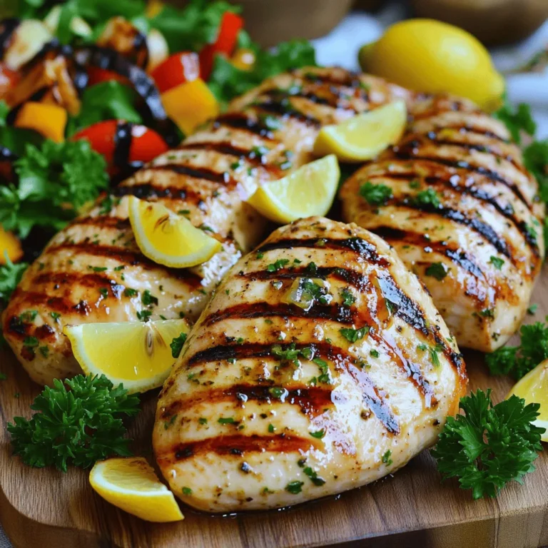 To make Lemon Herb Grilled Chicken, gather these items: - 4 boneless, skinless chicken breasts - 1/4 cup olive oil - 2 lemons (juice and zest) - 3 cloves garlic, minced - 2 teaspoons dried oregano - 2 teaspoons fresh thyme leaves (or 1 teaspoon dried thyme) - 1 teaspoon paprika - Salt and pepper to taste - Fresh parsley for garnish These ingredients work together to create a bright and fresh flavor. The lemon juice adds tang, while the herbs bring in depth. Be sure to use fresh garlic for the best taste. You can easily tweak the marinade for more flavor. Try these ideas: - Add a tablespoon of honey for sweetness. - Include red pepper flakes for some heat. - Swap out thyme for rosemary or basil for a different twist. These changes can make your dish even more special. You can mix and match to fit your taste. Lemon Herb Grilled Chicken pairs well with many sides. Consider these options: - Fresh garden salad with a light vinaigrette. - Grilled vegetables like zucchini and bell peppers. - A side of rice or quinoa for a filling meal. These sides add color and balance to your plate. They also enhance the bright flavors of the chicken. For the full recipe, check out the additional sections. To start, gather your ingredients. You need olive oil, lemon juice, lemon zest, garlic, oregano, thyme, paprika, salt, and pepper. In a large bowl, whisk the olive oil and lemon juice together. Add the lemon zest. Then, mix in the minced garlic, oregano, thyme, paprika, salt, and pepper. This marinade brings bright flavors to the chicken. The lemon adds a fresh touch, while the herbs give it depth. Now, it’s time to marinate the chicken. Take your chicken breasts and place them in the bowl with the marinade. Make sure each piece is well coated. Cover the bowl with plastic wrap or a lid. Refrigerate for at least 30 minutes. For the best taste, you can marinate it for up to 4 hours. This allows the flavors to soak into the meat nicely. Next, preheat your grill to medium-high heat, around 375°F to 400°F. When the grill is hot, remove the chicken from the marinade. Let the excess marinade drip off. Place the chicken on the grill. Cook for about 6-7 minutes on each side. You want the internal temperature to reach 165°F. This ensures the chicken is safe to eat and not pink inside. After grilling, transfer the chicken to a plate and let it rest for 5-10 minutes. This step keeps the chicken juicy. Finally, garnish with fresh parsley and serve with lemon wedges. For the full recipe, check out the complete guide! Grill marks make your chicken look great. To get them, preheat your grill well. Aim for medium-high heat, around 375°F to 400°F. Place the chicken on the grill and do not move it for the first 3-4 minutes. This allows the grill to sear the meat. When it’s time to flip, you will see nice brown lines. Turn the chicken just once for the best marks. Cooking chicken to the right temperature is vital. Always aim for an internal temperature of 165°F. Use a meat thermometer to check. Insert it into the thickest part of the chicken. This ensures your meal is safe to eat and perfectly cooked. If you like crispy skin, let it reach about 170°F. This adds flavor and texture. Never skip the resting time! After grilling, let the chicken rest for 5-10 minutes. This step is key for juicy chicken. As the chicken rests, juices move back into the meat. If you cut it too soon, the juices spill out, and you lose flavor. You’ll be amazed at how much better your chicken tastes after resting. For more detailed cooking steps, check out the Full Recipe. {{image_2}} You can change the flavor with different herbs. Instead of thyme, try rosemary or basil. They add a nice twist to your dish. Use fresh herbs for a brighter taste. If you want a spicy kick, add red pepper flakes to the marinade. Grilling gives you great char and smoky flavor. But if the weather is bad, you can bake the chicken. Preheat your oven to 400°F. Place the marinated chicken on a baking sheet. Bake for 20-25 minutes, or until it reaches 165°F. Both methods work well; it just depends on your mood. For a casual lunch, serve the chicken on a bun with fresh veggies. For dinner, slice the chicken and arrange it on a fancy platter. Add a side of rice or quinoa, along with a salad. For BBQ parties, pair it with corn on the cob and coleslaw. You’ll impress your guests with these tasty ideas. Check out the Full Recipe for more tips on how to enjoy this dish! After cooking, let the Lemon Herb Grilled Chicken cool down. Place it in an airtight container. Make sure to refrigerate it within two hours. This keeps the chicken fresh and safe to eat. Proper storage helps maintain the juicy flavor and texture. Your leftovers can stay good for up to four days in the fridge. If you want to keep it longer, freezing is a great option. Wrap each piece of chicken in plastic wrap. Then, place wrapped chicken in a freezer bag. Squeeze out as much air as possible before sealing. This helps prevent freezer burn. You can freeze it for up to three months. When you’re ready to eat, thaw it in the fridge overnight. Reheat the chicken gently for the best results. You can use a microwave, oven, or grill. If using a microwave, set it to medium power. Heat for one to two minutes at a time. For oven reheating, set it to 350°F. Place the chicken in a covered dish to keep it moist. Heat for about 10-15 minutes. If you're grilling, just warm it on low heat for a few minutes. This keeps the chicken juicy and flavorful. For the full recipe, check out [Full Recipe]. You should marinate the chicken for at least 30 minutes. This allows the chicken to soak up the flavors. For best results, marinate for up to 4 hours. Longer marinating enhances the taste and keeps the chicken juicy. Yes, you can use other cuts of chicken. Thighs and drumsticks work well, too. Just remember that cooking times will vary. Always check that the internal temperature reaches 165°F for safety. This chicken pairs well with many sides. Consider serving it with a fresh garden salad. Grilled vegetables also complement the dish nicely. You can add rice or couscous for a filling meal. For a zesty touch, serve lemon wedges on the side. For the complete cooking guide, check the Full Recipe! This article explored making Lemon Herb Grilled Chicken. We discussed key ingredients, marinade tips, and grilling steps. You learned how to get great grill marks and why resting time matters. We also covered variations, storage tips, and answered common questions. In summary, this dish is simple and fun. With these tips, you can impress friends and family. Enjoy your cooking journey with lemon herb chicken!