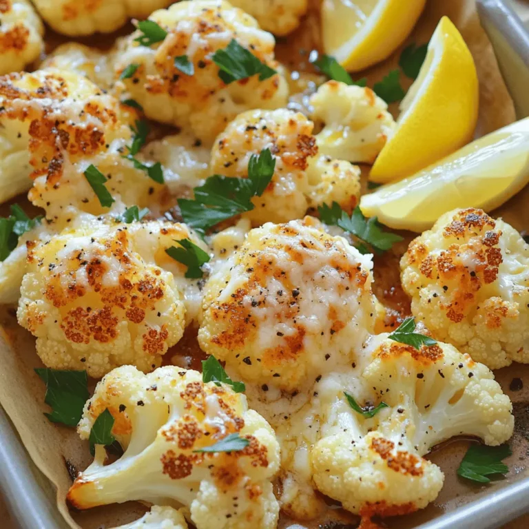 - 1 large head of cauliflower - 4 tablespoons olive oil - 4 cloves garlic, minced - ¾ cup grated Parmesan cheese - 1 teaspoon salt - ½ teaspoon black pepper - 1 teaspoon smoked paprika - 2 tablespoons fresh parsley (for garnish) - Lemon wedges (for serving) Garlic Parmesan Roasted Cauliflower packs big flavor into every bite. The main ingredients shine, but the magic lies in how they work together. Cauliflower acts as a blank canvas. It absorbs the garlic and olive oil well. Garlic adds a savory punch. Freshly minced garlic gives the best taste, so use it if you can. Olive oil helps crisp the edges while roasting. The star of the show here is the Parmesan cheese. When it melts, it creates a rich, cheesy layer that pairs perfectly with the tender cauliflower. Choose good-quality Parmesan for the best results. Next, we have the seasoning. Salt brings out the natural flavor. Black pepper adds a slight heat. Smoked paprika introduces a warm depth. It gives a bit of smokiness that makes the dish feel cozy. Don’t skip the garnish. Fresh parsley brightens the dish and adds color. A squeeze of lemon enhances all the flavors, giving a fresh finish. For the full recipe, check the details above. You will love how easy it is to make this dish burst with flavor! - Preheat oven to 425°F (220°C). - Prepare the cauliflower florets by washing and cutting them into bite-sized pieces. - In a large mixing bowl, combine the cauliflower florets, olive oil, minced garlic, salt, black pepper, and smoked paprika. - Toss until the cauliflower is well coated. This step is key for flavor! - Spread the cauliflower mixture evenly on a baking sheet lined with parchment paper. - Roast in the preheated oven for about 25 minutes. Stir halfway through for even cooking. - After 25 minutes, remove the cauliflower and sprinkle the grated Parmesan cheese over the roasted florets. - Return the baking sheet to the oven for an additional 5-7 minutes. Wait for the cheese to melt and become bubbly. With these steps, you create a dish full of flavor. Each bite of Garlic Parmesan Roasted Cauliflower offers a crunchy texture and rich taste. Follow the Full Recipe for perfect results every time! To get the best results when roasting, keep a few tips in mind: - Ensure even roasting: Cut the cauliflower into uniform florets. This helps them cook at the same rate. If some pieces are larger, they won’t roast as well. - Choosing the right baking sheet: Use a large, rimmed baking sheet. This allows space for the florets. Crowding can lead to steaming instead of roasting. You can easily boost the flavor of roasted cauliflower. Here are some ideas: - Additional spice suggestions: Try adding cumin or chili powder for a warm kick. You can also sprinkle some Italian herbs for a fresh taste. - Optional toppings for extra flavor: Consider adding a drizzle of balsamic glaze after roasting. Or, sprinkle some crushed red pepper for heat. Serving garlic Parmesan roasted cauliflower is simple yet delightful: - Pairing with main dishes: This dish goes well with grilled chicken or fish. It also complements a hearty grain bowl. - Ideal serving temperature: Serve it hot right out of the oven. The cheese should be melty, and the cauliflower should be tender with a slight crunch. For the complete recipe, check out the Full Recipe. {{image_2}} You can make this dish vegan by swapping out the Parmesan. Use nutritional yeast for a cheesy flavor. This option adds a nice nutty taste. For gluten-free options, ensure your spices and any extras are gluten-free. Most cauliflower is naturally gluten-free, which makes it a great choice. If you're not a fan of Parmesan, try using Pecorino Romano. It has a strong taste that works well. Another great option is cheddar for a sharper flavor. For dairy-free cheese, look for brands that offer vegan mozzarella. These options melt nicely and keep the dish creamy. You can serve this roasted cauliflower with dips like ranch or tzatziki for a tasty twist. It also makes a great salad base. Just chop the roasted cauliflower and mix it with arugula, cherry tomatoes, and a light vinaigrette. This adds freshness and color to your meal. For the full recipe, check out Garlic Parmesan Roasted Cauliflower. To store leftover Garlic Parmesan Roasted Cauliflower, let it cool first. Place the cooled cauliflower in an airtight container. You can keep it in the fridge for about 3 to 4 days. When you want to reheat, use the oven for the best results. Preheat your oven to 350°F (175°C). Spread the cauliflower on a baking sheet and heat for about 10 minutes. This keeps it crispy and tasty. Yes, you can freeze roasted cauliflower. First, let it cool completely. Then, place it in a freezer-safe bag or container. Make sure to remove as much air as possible to avoid freezer burn. You can freeze it for up to 3 months. When you want to enjoy it again, take it out and thaw it in the fridge overnight. To reheat, bake it at 350°F (175°C) for about 15-20 minutes. This will help restore some of its original texture and flavor. For the best results, enjoy it fresh from the oven, but frozen works too! For the full recipe, check the section above. How long does it take to roast cauliflower? It takes about 25 minutes to roast cauliflower at 425°F (220°C). You should stir it halfway to ensure even cooking. Can I make this recipe in advance? Yes, you can prep the cauliflower mix ahead of time. Store it in the fridge and roast just before serving. Substitutions for Parmesan cheese? You can use nutritional yeast for a vegan twist. Grated Pecorino Romano also works well if you want a sharper taste. What type of cauliflower is best for roasting? Look for fresh, firm heads of cauliflower. White cauliflower is common, but purple or yellow varieties can add color and taste. Can I omit garlic? Yes, you can skip garlic if you prefer a milder flavor. Try adding more spices instead for depth. Is there a way to make it spicier? To add heat, sprinkle some crushed red pepper flakes or cayenne pepper before roasting. Adjust to your spice level! This guide covers all you need to roast cauliflower perfectly. We explored the ingredients, from cauliflower to spices. The step-by-step instructions ensure a tasty dish, while tips help you achieve the best flavor. You learned about variations, storage, and common questions. Roasting cauliflower is easy and fun. With these insights, you can enjoy a delicious and healthy side dish. Try different flavors to keep it exciting. Get creative, and enjoy your cooking!