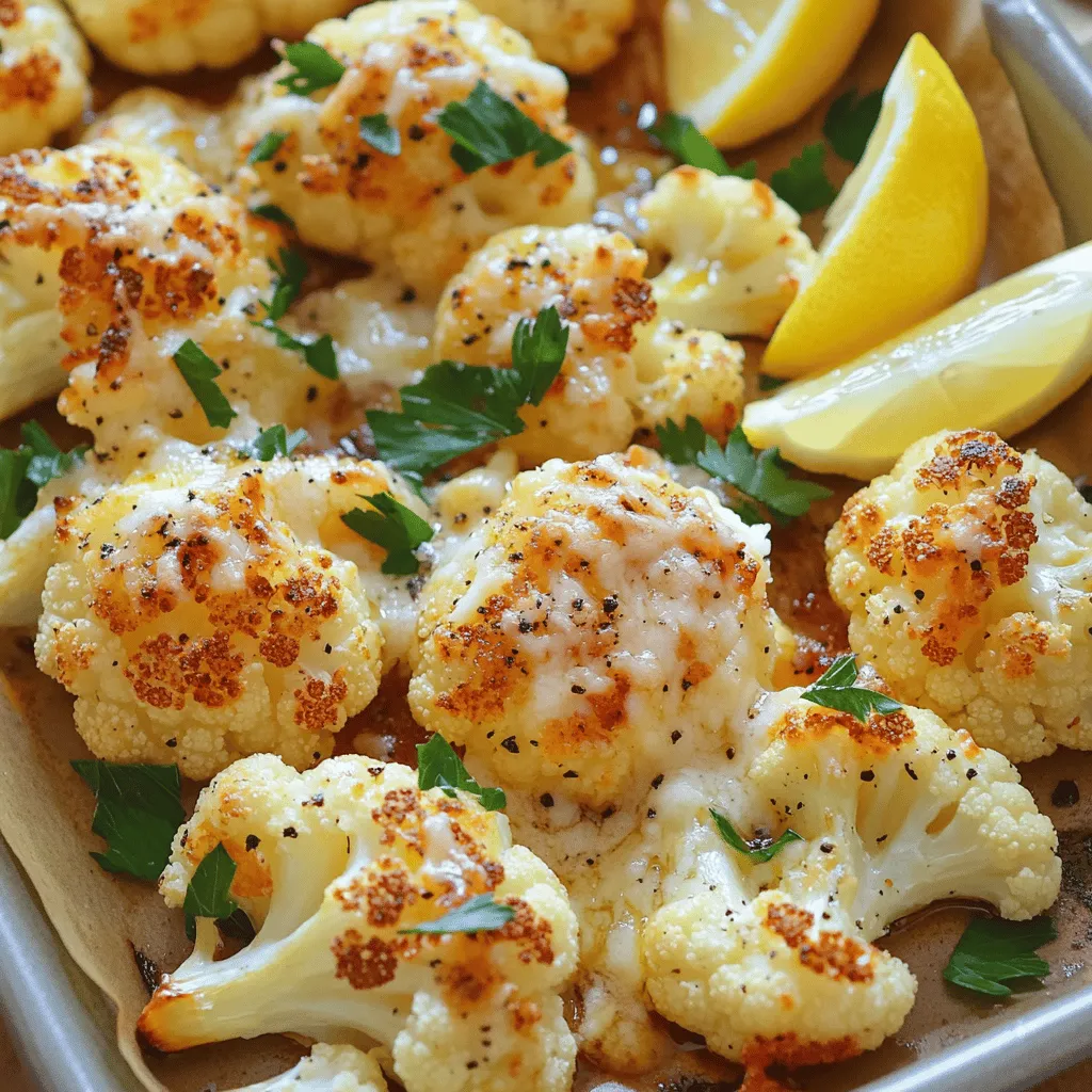 - 1 large head of cauliflower - 4 tablespoons olive oil - 4 cloves garlic, minced - ¾ cup grated Parmesan cheese - 1 teaspoon salt - ½ teaspoon black pepper - 1 teaspoon smoked paprika - 2 tablespoons fresh parsley (for garnish) - Lemon wedges (for serving) Garlic Parmesan Roasted Cauliflower packs big flavor into every bite. The main ingredients shine, but the magic lies in how they work together. Cauliflower acts as a blank canvas. It absorbs the garlic and olive oil well. Garlic adds a savory punch. Freshly minced garlic gives the best taste, so use it if you can. Olive oil helps crisp the edges while roasting. The star of the show here is the Parmesan cheese. When it melts, it creates a rich, cheesy layer that pairs perfectly with the tender cauliflower. Choose good-quality Parmesan for the best results. Next, we have the seasoning. Salt brings out the natural flavor. Black pepper adds a slight heat. Smoked paprika introduces a warm depth. It gives a bit of smokiness that makes the dish feel cozy. Don’t skip the garnish. Fresh parsley brightens the dish and adds color. A squeeze of lemon enhances all the flavors, giving a fresh finish. For the full recipe, check the details above. You will love how easy it is to make this dish burst with flavor! - Preheat oven to 425°F (220°C). - Prepare the cauliflower florets by washing and cutting them into bite-sized pieces. - In a large mixing bowl, combine the cauliflower florets, olive oil, minced garlic, salt, black pepper, and smoked paprika. - Toss until the cauliflower is well coated. This step is key for flavor! - Spread the cauliflower mixture evenly on a baking sheet lined with parchment paper. - Roast in the preheated oven for about 25 minutes. Stir halfway through for even cooking. - After 25 minutes, remove the cauliflower and sprinkle the grated Parmesan cheese over the roasted florets. - Return the baking sheet to the oven for an additional 5-7 minutes. Wait for the cheese to melt and become bubbly. With these steps, you create a dish full of flavor. Each bite of Garlic Parmesan Roasted Cauliflower offers a crunchy texture and rich taste. Follow the Full Recipe for perfect results every time! To get the best results when roasting, keep a few tips in mind: - Ensure even roasting: Cut the cauliflower into uniform florets. This helps them cook at the same rate. If some pieces are larger, they won’t roast as well. - Choosing the right baking sheet: Use a large, rimmed baking sheet. This allows space for the florets. Crowding can lead to steaming instead of roasting. You can easily boost the flavor of roasted cauliflower. Here are some ideas: - Additional spice suggestions: Try adding cumin or chili powder for a warm kick. You can also sprinkle some Italian herbs for a fresh taste. - Optional toppings for extra flavor: Consider adding a drizzle of balsamic glaze after roasting. Or, sprinkle some crushed red pepper for heat. Serving garlic Parmesan roasted cauliflower is simple yet delightful: - Pairing with main dishes: This dish goes well with grilled chicken or fish. It also complements a hearty grain bowl. - Ideal serving temperature: Serve it hot right out of the oven. The cheese should be melty, and the cauliflower should be tender with a slight crunch. For the complete recipe, check out the Full Recipe. {{image_2}} You can make this dish vegan by swapping out the Parmesan. Use nutritional yeast for a cheesy flavor. This option adds a nice nutty taste. For gluten-free options, ensure your spices and any extras are gluten-free. Most cauliflower is naturally gluten-free, which makes it a great choice. If you're not a fan of Parmesan, try using Pecorino Romano. It has a strong taste that works well. Another great option is cheddar for a sharper flavor. For dairy-free cheese, look for brands that offer vegan mozzarella. These options melt nicely and keep the dish creamy. You can serve this roasted cauliflower with dips like ranch or tzatziki for a tasty twist. It also makes a great salad base. Just chop the roasted cauliflower and mix it with arugula, cherry tomatoes, and a light vinaigrette. This adds freshness and color to your meal. For the full recipe, check out Garlic Parmesan Roasted Cauliflower. To store leftover Garlic Parmesan Roasted Cauliflower, let it cool first. Place the cooled cauliflower in an airtight container. You can keep it in the fridge for about 3 to 4 days. When you want to reheat, use the oven for the best results. Preheat your oven to 350°F (175°C). Spread the cauliflower on a baking sheet and heat for about 10 minutes. This keeps it crispy and tasty. Yes, you can freeze roasted cauliflower. First, let it cool completely. Then, place it in a freezer-safe bag or container. Make sure to remove as much air as possible to avoid freezer burn. You can freeze it for up to 3 months. When you want to enjoy it again, take it out and thaw it in the fridge overnight. To reheat, bake it at 350°F (175°C) for about 15-20 minutes. This will help restore some of its original texture and flavor. For the best results, enjoy it fresh from the oven, but frozen works too! For the full recipe, check the section above. How long does it take to roast cauliflower? It takes about 25 minutes to roast cauliflower at 425°F (220°C). You should stir it halfway to ensure even cooking. Can I make this recipe in advance? Yes, you can prep the cauliflower mix ahead of time. Store it in the fridge and roast just before serving. Substitutions for Parmesan cheese? You can use nutritional yeast for a vegan twist. Grated Pecorino Romano also works well if you want a sharper taste. What type of cauliflower is best for roasting? Look for fresh, firm heads of cauliflower. White cauliflower is common, but purple or yellow varieties can add color and taste. Can I omit garlic? Yes, you can skip garlic if you prefer a milder flavor. Try adding more spices instead for depth. Is there a way to make it spicier? To add heat, sprinkle some crushed red pepper flakes or cayenne pepper before roasting. Adjust to your spice level! This guide covers all you need to roast cauliflower perfectly. We explored the ingredients, from cauliflower to spices. The step-by-step instructions ensure a tasty dish, while tips help you achieve the best flavor. You learned about variations, storage, and common questions. Roasting cauliflower is easy and fun. With these insights, you can enjoy a delicious and healthy side dish. Try different flavors to keep it exciting. Get creative, and enjoy your cooking!