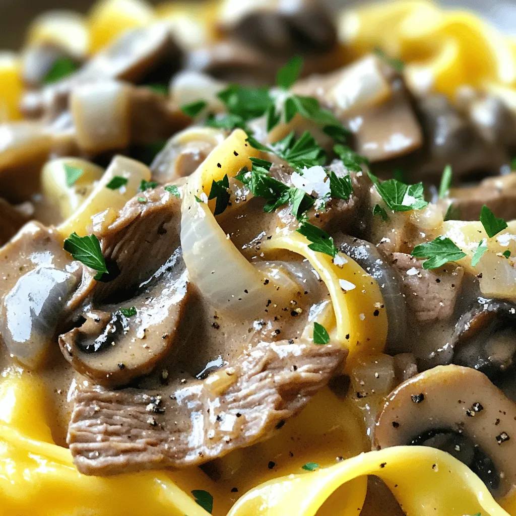 - 1 lb (450g) beef sirloin, thinly sliced - 1 medium onion, finely chopped - 2 cloves garlic, minced - 8 oz (225g) mushrooms, sliced - 2 tablespoons olive oil - 2 tablespoons butter - 2 tablespoons all-purpose flour - 2 cups beef broth - 1 cup sour cream - 1 tablespoon Dijon mustard - Salt and pepper to taste - Fresh parsley, chopped (for garnish) - Egg noodles or rice (for serving)