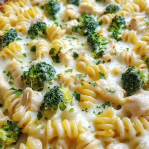 To make the creamy chicken Alfredo bake, gather these simple ingredients: - 3 cups cooked rotini pasta - 2 cups cooked chicken breast, diced - 2 cups broccoli florets (fresh or frozen) - 1 cup Alfredo sauce (store-bought or homemade) - 1 cup shredded mozzarella cheese - 1 cup grated Parmesan cheese - 1 teaspoon garlic powder - 1 teaspoon Italian seasoning - Salt and pepper to taste - 2 tablespoons olive oil - Fresh parsley, chopped (for garnish) You can easily swap some ingredients if needed. Here are a few options: - Pasta: Use penne or fusilli instead of rotini. - Chicken: Cooked turkey or even chickpeas work well. - Broccoli: Try spinach, peas, or mixed veggies for a twist. - Alfredo Sauce: Use a creamy white sauce or a cheese sauce. - Cheese: Any melty cheese like gouda or cheddar can be used. Choosing fresh ingredients makes your dish taste better. Here’s how to do it: - Chicken: Look for chicken that is pink and firm. Avoid any that looks gray or slimy. - Broccoli: Choose bright green florets with no yellow spots. They should feel firm and fresh. - Cheese: Opt for cheese that is freshly grated or sliced. Pre-packaged cheese may not melt as well. - Pasta: Use high-quality pasta for better flavor and texture. Check the expiration date. For the full recipe, check back to get detailed instructions on how to create this tasty dish. Start by gathering all the ingredients. You need cooked rotini pasta, chicken, and broccoli. Chop the broccoli into small florets if using fresh. If you choose frozen, just rinse them under warm water. This helps them cook evenly. Measure out your Alfredo sauce, mozzarella, and Parmesan cheese. It’s best to have everything ready before you begin cooking. In a large bowl, mix the cooked rotini pasta, diced chicken, and broccoli florets. In another bowl, combine the Alfredo sauce with garlic powder, Italian seasoning, salt, and pepper. Stir this well until it’s smooth. Pour this mixture over the pasta, chicken, and broccoli. Toss everything together until all pieces are coated. This step ensures every bite is creamy and flavorful. Transfer the mixture into a greased 9x13 inch baking dish. Sprinkle the shredded mozzarella and grated Parmesan cheese evenly on top. Drizzle olive oil over the cheese for added flavor. Cover the dish with aluminum foil and bake in a preheated oven at 375°F (190°C) for 25 minutes. After that, remove the foil and bake for an extra 10-15 minutes. You want the cheese to be bubbling and golden brown. Let it cool a few minutes before serving. Garnish with fresh chopped parsley for a nice touch. For the full recipe, check the earlier section. To make the creamiest Alfredo sauce, start with high-quality ingredients. Use fresh cream or whole milk for richness. You can also blend in cream cheese for extra smoothness. Heat the sauce gently; do not let it boil. Stir in the cheese slowly until melted. This helps the sauce stay creamy and not clump. One common mistake is adding cheese too quickly. This can cause lumps in your sauce. Another mistake is not seasoning well. A pinch of salt and pepper can enhance the flavor. Avoid overcooking the pasta. It should be firm since it will bake more. Lastly, do not skip the olive oil drizzle. It adds flavor and helps the cheese brown. Creamy Chicken Alfredo Bake pairs well with a crisp salad. A simple green salad with lemon dressing works nicely. Garlic bread also complements this dish. You can serve it with a light white wine, like Pinot Grigio. For dessert, a light fruit sorbet refreshes the palate after the meal. For the full recipe, check out the detailed instructions above. {{image_2}} You can easily make a vegetarian version of this dish. Just swap the chicken for more veggies. Use 2 cups of mushrooms, bell peppers, or zucchini instead. These will add flavor and texture. You can also add beans for protein. The rest of the recipe stays the same. The Alfredo sauce works well with these veggies. If you need a gluten-free version, simply choose gluten-free pasta. Many brands offer rotini made from rice or corn. Check the labels to ensure they meet your needs. This change keeps the dish tasty without the gluten. The Alfredo sauce can also be gluten-free, so read the label carefully. Adding more vegetables boosts the nutrition of your bake. Try adding spinach, kale, or peas. These greens mix well with the pasta and sauce. You can also add carrots for a touch of sweetness. Aim for at least 2 cups of extra veggies. This way, you enjoy a balanced meal while keeping it creamy and delicious. If you want the full recipe, refer to the section above. To keep your creamy chicken Alfredo bake fresh, let it cool first. Transfer any leftovers to an airtight container. Store them in the fridge for up to three days. Make sure to cover the dish well if you leave it in the baking pan. This helps keep the moisture in. When you reheat your creamy chicken Alfredo bake, use the oven for the best results. Preheat your oven to 350°F (175°C). Place the leftovers in an oven-safe dish and cover it with foil. Heat for about 20 minutes. This keeps the dish creamy and warm. You can also add a splash of water or extra sauce for extra moisture. You can freeze creamy chicken Alfredo bake for longer storage. First, let it cool completely. Then, wrap it tightly in plastic wrap or foil. Place it in a freezer-safe container or bag. It can last up to three months frozen. When you're ready to eat it, thaw it overnight in the fridge. Then, reheat it in the oven for the best taste. For a quick meal, you can also bake it straight from frozen. Just increase the baking time to around 45-60 minutes. For Creamy Chicken Alfredo Bake, I recommend rotini. Rotini holds sauce well due to its twists. You can also use penne or fusilli if you prefer. These shapes keep every bite creamy and tasty. Yes, you can prepare this dish in advance. Just follow the recipe and assemble it in the baking dish. Cover it and store it in the fridge. When you’re ready to bake, add 10 extra minutes to the cooking time. This will help heat it through evenly. If you want a substitute for Alfredo sauce, try cream cheese or a white cheese sauce. You can also use a homemade blend of butter, cream, and parmesan. These options will still give you a creamy texture. For a lighter version, use Greek yogurt mixed with garlic and herbs. This will keep the flavor rich and delicious. For the complete method on how to make this dish, check out the Full Recipe. In this post, we covered key ingredients and their substitutions. I shared step-by-step instructions for prepping, cooking, and baking your dish. You found tips for a creamy sauce and common mistakes to avoid. We explored tasty variations, including vegetarian and gluten-free options. Lastly, I provided storage info and answered common FAQs. Remember, the secret to a great dish lies in fresh ingredients and careful prep. Happy cooking!
