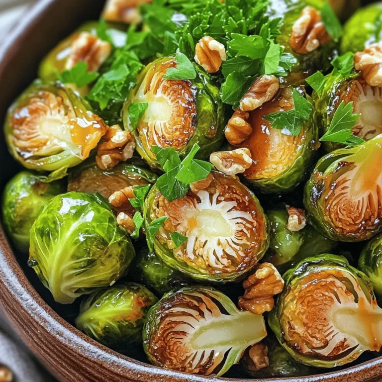 - 1 pound Brussels sprouts, trimmed and halved - 3 tablespoons olive oil - 1/4 cup pure maple syrup - 2 tablespoons balsamic vinegar - 3 cloves garlic, minced - 1/2 teaspoon salt - 1/2 teaspoon black pepper - 1/4 teaspoon red pepper flakes (optional for heat) - 1/4 cup walnuts, chopped (optional for crunch) - Fresh parsley, chopped (for garnish) To make maple glazed Brussels sprouts, gather fresh Brussels sprouts. Look for those that are firm and bright green. The olive oil adds richness while the maple syrup brings a sweet touch. Balsamic vinegar cuts through the sweetness, adding depth. Garlic infuses flavor and aroma, making the dish pop. - Other nuts or seeds for crunch - Alternative sweeteners like honey or agave You can switch things up with different nuts or seeds. Try pecans or sunflower seeds for added texture. If you prefer, swap the maple syrup for honey or agave. Each option provides a unique flavor to the dish. - Additional spices or herbs to enhance flavor Feel free to play with spices! Adding a pinch of cumin or smoked paprika will give a new twist. Fresh herbs like thyme or rosemary can add more layers of taste. Cooking should be fun, so don’t be afraid to experiment! For the full recipe, check out the Full Recipe section. - Preheat the oven to 400°F (200°C). - Trim the ends off and cut the Brussels sprouts in half. This helps them cook evenly. - In a bowl, mix together: - 3 tablespoons olive oil - 1/4 cup pure maple syrup - 2 tablespoons balsamic vinegar - 3 cloves garlic, minced - 1/2 teaspoon salt - 1/2 teaspoon black pepper - 1/4 teaspoon red pepper flakes (optional) - Stir until well combined. This glaze will coat the sprouts and add a sweet and tangy flavor. - Spread the halved Brussels sprouts on a baking sheet. Make sure they are in a single layer. - Pour the glaze over the sprouts and toss them to coat. - Roast in the oven for 25 to 30 minutes. Stir halfway through to help them caramelize. - For extra crunch, add chopped walnuts during the last 5 minutes of roasting. Enjoy this savory and sweet dish as a side for any meal! You can find the Full Recipe for more details. To get crispy edges on your Brussels sprouts, follow these tips: - Use high heat: Set your oven to 400°F (200°C). This helps them roast nicely. - Spread evenly: Place the sprouts in a single layer on the baking sheet. - Do not overcrowd: Give them space. Overcrowding makes them steam instead of roast. - Stir halfway: Turn the sprouts halfway through cooking to ensure even browning. For even cooking, check these best practices: - Trim properly: Cut the sprouts in half for quick cooking. - Uniform size: Choose sprouts of similar size for consistent roasting. - Check doneness: They should be tender and caramelized after 25-30 minutes. You can personalize the maple glaze to suit your taste. Here are some suggestions: - Add spices: Try cinnamon or nutmeg for warmth. - Use different sweeteners: Honey or agave can work as alternatives. - Incorporate herbs: Fresh thyme or rosemary adds a fragrant touch. For pairing, consider these complementary dishes: - Serve with roasted meats: Chicken or pork pairs well with the sweet glaze. - Add grains: Quinoa or farro can balance the dish and add texture. - Include salads: A fresh salad with lemon dressing can brighten the meal. Make your dish visually appealing with these creative serving suggestions: - Use a rustic bowl: A wooden or ceramic bowl adds charm. - Garnish well: Sprinkle fresh parsley and drizzle extra maple syrup on top. - Layer colors: Arrange the sprouts with colorful roasted veggies for a vibrant plate. These tips will help your maple glazed Brussels sprouts shine on any table! {{image_2}} You can add fun flavors to maple glazed Brussels sprouts. One tasty twist is maple bacon Brussels sprouts. Just cook chopped bacon until crispy, then mix it in with the sprouts before roasting. The smoky flavor pairs well with the sweet maple glaze. Another option is to add citrus for a zesty kick. Squeeze fresh lemon or orange juice over the sprouts before serving. This brightens the dish and adds a nice contrast to the sweet maple syrup. If you want to make a vegan version, swap the maple syrup for agave syrup. This keeps the sweet taste while ensuring it's plant-based. For gluten-free considerations, use gluten-free balsamic vinegar. Most balsamic vinegars are gluten-free, but always check the label. This way, everyone can enjoy the dish without worry. Incorporating seasonal vegetables or fruits can also elevate your dish. Try adding diced apples or pears in the fall. Their sweetness complements the maple glaze. In spring, toss in some fresh asparagus or peas. These additions not only provide color but also great texture. You can mix and match to keep the recipe exciting all year long. For the complete experience, check out the Full Recipe. Enjoy these variations for a fun twist on a classic dish! To keep your maple glazed Brussels sprouts fresh, store them in an airtight container. Place them in the fridge within two hours of cooking. This helps to keep the flavors intact. Make sure the sprouts are cool before sealing the container. For freezing, let them cool completely first. Spread them on a tray to freeze individually. Once frozen, transfer them to a freezer bag. This method prevents clumping. When you want to enjoy leftovers, you can reheat them in several ways. The best way is to use an oven. Preheat the oven to 350°F (175°C). Spread the sprouts on a baking sheet and heat for about 10-15 minutes. This keeps them crispy. You can also use a microwave. Just cover them with a damp paper towel and heat for 1-2 minutes. This method may not keep them crispy but is quick. In the fridge, these maple glazed Brussels sprouts last about 3-5 days. If you freeze them, they can last up to 3 months. To enjoy them at their best, eat them within these time frames. When reheating, check for any off smells or changes in texture. If they seem off, it's best to toss them. Enjoy your delicious dish safely! Brussels sprouts are packed with nutrients. They are high in vitamins C and K. These vitamins help boost your immune system and support bone health. Brussels sprouts also contain fiber, which aids digestion. They are low in calories, making them a great choice for healthy eating. Plus, they have antioxidants that protect your body from damage. Eating Brussels sprouts can help reduce inflammation and lower the risk of chronic diseases. They are a smart addition to any meal. Yes, you can make this dish ahead of time. After cooking, let the Brussels sprouts cool completely. Store them in an airtight container in the fridge. They will last for about three days. To reheat, place them on a baking sheet in the oven at 350°F (175°C) for about 10-15 minutes. This keeps them crispy and tasty. You can also microwave them in a bowl for a quicker option. Just cover them with a damp paper towel to prevent drying out. Maple glazed Brussels sprouts pair well with many dishes. They are great alongside roasted chicken or turkey. For a plant-based option, try serving them with quinoa or lentils. They also complement grilled fish nicely. If you want a hearty meal, add mashed potatoes or sweet potatoes. These sides balance the sweet and savory flavors of the sprouts. Feel free to mix and match to find your favorite combos. You can find the Full Recipe for Maple Glazed Brussels Sprouts [here](#). This blog post provided a tasty guide to making maple glazed Brussels sprouts. You learned the key ingredients and steps for a delicious dish. We shared tips and tricks to enhance flavor and make your sprouts crispy. You can also explore fun variations and storage tips. In closing, enjoy crafting your own version of these Brussels sprouts. Experiment with add-ins and seasonings to make the dish truly yours. Happy cooking!