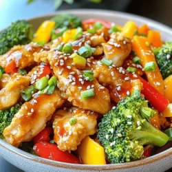 To make this tasty dish, gather the following ingredients: - 1 lb (450g) boneless chicken breasts, sliced into thin strips - 2 tablespoons cornstarch - 2 tablespoons vegetable oil - 1 red bell pepper, sliced - 1 yellow bell pepper, sliced - 1 cup broccoli florets - 2 carrots, julienned - 4 green onions, chopped - 2 cloves garlic, minced - 1 tablespoon fresh ginger, minced - 3 tablespoons soy sauce - 1 tablespoon chili paste (adjust for spice preference) - 2 tablespoons honey - 1 tablespoon rice vinegar - Salt and pepper to taste - Sesame seeds for garnish When picking ingredients, freshness is key. Look for bright bell peppers, crisp broccoli, and firm chicken. The chicken should be pink with no smell. Choose organic if possible for better taste. Fresh garlic and ginger add great flavor, so buy the whole roots. For the sauce, select good quality soy sauce. This makes a big difference in taste. Always check the expiration dates on any packaged items. If you have dietary needs, there are great substitutes. Use tofu or tempeh instead of chicken for a vegan option. You can swap honey for maple syrup if you want it vegan. For gluten-free diets, use tamari sauce instead of soy sauce. You can also add more veggies, like snap peas or mushrooms, to change the flavor. Adjust the chili paste for milder or spicier tastes based on your preference. Start by slicing 1 pound of boneless chicken breasts into thin strips. Place the chicken in a bowl. Add 2 tablespoons of cornstarch to the chicken. Toss until the chicken is well coated. This step helps make the chicken crispy. Heat 1 tablespoon of vegetable oil in a large skillet or wok over medium-high heat. Once hot, add the chicken strips in a single layer. Cook for 4-5 minutes, flipping occasionally. The chicken should turn golden brown and be fully cooked. Remove the chicken from the skillet and set aside. In the same skillet, add another tablespoon of vegetable oil. Next, add 2 cloves of minced garlic and 1 tablespoon of minced ginger. Stir for about 30 seconds until fragrant. Then, add 1 sliced red bell pepper, 1 sliced yellow bell pepper, 1 cup of broccoli florets, and 2 julienned carrots. Stir-fry these vegetables for 2-3 minutes. They should be tender but still crisp. In a small bowl, mix 3 tablespoons of soy sauce, 1 tablespoon of chili paste, 2 tablespoons of honey, and 1 tablespoon of rice vinegar. Pour this sauce over the vegetables. Return the cooked chicken to the skillet and toss everything together. Cook for another 2 minutes until heated through. Remove from heat and sprinkle with chopped green onions and sesame seeds. Serve your Sweet and Spicy Chicken Stir-Fry in bowls, garnished with additional green onions and sesame seeds. For a complete meal, pair it with jasmine rice or quinoa. You can find the Full Recipe for more details. To make a great stir-fry, use high heat. This helps to cook food fast without losing flavors. Woks are awesome for this. They heat evenly and give a nice sear. If you don’t have a wok, a large skillet works too. Cut your ingredients into similar sizes. This ensures even cooking. Always prep everything before you start cooking. Stir-frying goes quickly, so you need to be ready! The heat in this dish comes from chili paste. Start with one tablespoon if you like mild spice. You can always add more later. Taste your sauce before adding it to the stir-fry. Add more chili paste if you want it hotter. You can also add a splash of hot sauce at the end. This way, you can control the spice perfectly. Crispy chicken is a must in stir-fry. Coat your chicken strips with cornstarch before cooking. This step is key for that crunch. Heat your oil until it shimmers. This means it’s hot enough. Cook the chicken in a single layer. Don’t overcrowd the pan. This helps the chicken sear instead of steam. Flip the chicken only once to create a nice crust. Follow these steps, and you will have crispy chicken every time. For the full recipe, check out the Sweet and Spicy Chicken Stir-Fry! {{image_2}} You can mix and match your veggies in this stir-fry. Try using snap peas, zucchini, or mushrooms. Each adds a new flavor and texture. Add baby corn for a sweet crunch or bok choy for a soft bite. The key is to cut your veggies into small, even pieces. This way, they cook evenly and stay crisp. If you want something other than chicken, you have options. Tofu is a great choice for a good texture. Shrimp cooks quickly and adds a nice seafood flavor. You could also use beef or pork if you prefer those meats. Just remember to adjust cooking times based on your protein choice. To make this dish vegan, swap out the chicken for tofu. Use a vegan soy sauce or tamari for flavor. Honey can be replaced with maple syrup or agave nectar. This still gives you that sweet taste without using animal products. Your stir-fry will be just as tasty and colorful, perfect for any meal. For the full recipe, check out [Full Recipe]. To keep your sweet and spicy chicken stir-fry fresh, let it cool first. Place it in an airtight container. Make sure to cover it tightly. This helps prevent any air from spoiling the food. Store the container in the fridge. It will stay good for about three to four days. When you are ready to enjoy your leftovers, reheat them on the stove. Use a skillet over medium heat. Add a splash of water or broth to keep it moist. Stir often until it is heated through. You can also use the microwave. Heat in short bursts, stirring in between. This helps avoid hot spots and keeps the food tasty. If you want to save some for later, you can freeze your stir-fry. Place it in a freezer-safe container. Be sure to leave some space for expansion. It can last up to three months in the freezer. When you want to eat it, take it out and let it thaw overnight in the fridge. Reheat it on the stove for the best taste. For the full recipe, check the section above. Yes, you can make Sweet and Spicy Chicken Stir-Fry ahead of time. Store it in an airtight container. It stays good in the fridge for about three days. When ready to eat, just reheat it in a pan or microwave. This helps keep the flavors fresh and delicious. You can serve this dish with several sides. Here are some great options: - Jasmine rice - Quinoa - Noodles - Steamed vegetables - A fresh salad These sides balance the sweet and spicy flavors. They also add more texture to your meal. To make more servings of Sweet and Spicy Chicken Stir-Fry, double or triple the ingredients. For example, use 2 pounds of chicken and increase the veggies too. Just ensure your pan is big enough to hold all the ingredients. You may need to cook in batches if the pan is small. This way, every bite will be just as tasty! In this blog post, I covered how to make a tasty Sweet and Spicy Chicken Stir-Fry. We explored key ingredients and how to select the best ones. You saw how to cook chicken perfectly and stir-fry vegetables right. I shared helpful tips for cooking and adjusting spice levels. Finally, I outlined ways to store leftovers safely and answered common questions. This dish is versatile and easy to make. With a few changes, you can fit any diet. Enjoy your cooking and happy eating!