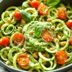 To make Zucchini Noodles with Pesto, you will need these fresh ingredients: - 4 medium zucchinis, spiralized - 1 ripe avocado - 1 cup fresh basil leaves - 2 cloves garlic, minced - 1/4 cup pine nuts (or walnuts) - 2 tablespoons nutritional yeast (optional for a cheesy flavor) - 2 tablespoons lemon juice - 3 tablespoons olive oil - Salt and pepper to taste - Cherry tomatoes, halved (for garnish) - Grated Parmesan cheese (for garnish, optional) These ingredients come together to create a dish that is both flavorful and fresh. The star of this recipe is the zucchini, which you spiralize to create a fun, noodle-like texture. The avocado provides creaminess, while the basil adds a burst of freshness. Garlic gives it a punch, and nuts bring in a lovely crunch. Nutritional yeast is optional, but it adds a great cheesy taste. Lemon juice and olive oil tie everything together, while cherry tomatoes brighten the dish. Grated Parmesan can be added on top for extra flavor. This combination makes a delightful meal that is healthy and satisfying. For the complete method, check out the Full Recipe! To start, I spiralize the zucchinis. This makes long, curly noodles, also known as zoodles. You can use a spiralizer or a julienne peeler. Both work well and are easy to use. Once you have your zoodles, place them in a colander. Next, sprinkle a pinch of salt over the noodles. This step helps to draw out excess moisture. Let the zoodles sit for about ten minutes. After that, pat them dry with a paper towel. Now, let’s make the avocado pesto. Take your food processor and add the ripe avocado, fresh basil leaves, minced garlic, and pine nuts. You can also add nutritional yeast if you want a cheesy flavor. Don’t forget a pinch of salt and pepper. Pulse the mixture until it’s smooth. While the processor runs, slowly drizzle in the olive oil. This step gives the pesto a nice, creamy texture. In a large bowl, toss the zucchini noodles with the avocado pesto. Make sure all the zoodles get coated nicely. If the pesto feels too thick, you can fix that. Just add a splash of water or more olive oil until you reach the right consistency. The next step is to add the halved cherry tomatoes. Gently fold them into the zoodles. This adds a fresh burst of flavor. For serving, plate the zoodles in individual bowls. If you like, top them with freshly grated Parmesan cheese. For a special touch, you can also add extra basil leaves and a drizzle of olive oil. Enjoy this flavorful and fresh dish! To make a great pesto, start with ripe avocados. A ripe avocado feels slightly soft when you press it. This gives your pesto a creamy base. You can also adjust the flavor by adding optional ingredients. Try using different nuts or herbs. A touch of cheese adds depth if you like. To avoid soggy noodles, salt your zucchini slices. This step draws out extra moisture. Let them rest in a colander for about 10 minutes, then pat them dry. For the best spiralizing methods, use a good spiralizer. Look for one that is sturdy and easy to use, so you can create long, uniform noodles. Serve your zoodles in a large, shallow bowl. This makes them look fresh and inviting. For garnishing, add bright basil leaves or a drizzle of olive oil. You can also sprinkle some red pepper flakes for a pop of color and flavor. For an extra touch, add halved cherry tomatoes on top. They add color and a nice contrast. For the full recipe, check out the section above. {{image_2}} You can make your pesto unique by changing the nuts or herbs. Instead of pine nuts, try walnuts or almonds for a different taste. You could also use arugula or parsley instead of basil. Every change gives a new flavor. Adding cheese can make your pesto creamy. Parmesan is classic, but you can use pecorino or nutritional yeast for a vegan option. It adds a cheesy taste without dairy. For a heartier dish, add protein. Grilled chicken or shrimp pairs well with the fresh flavors. Simply cook them first, then toss them with the zoodles and pesto. If you want a vegan option, try tofu or chickpeas. Cook the tofu until golden, or use canned chickpeas for ease. Both options add protein and texture. Make your dish fresh by using seasonal veggies. In summer, add bell peppers or corn for crunch. In fall, butternut squash or spinach can add warmth and depth. You can also change your zoodles. Use carrots or sweet potatoes for a new twist. Each season brings different veggies, so explore and enjoy! To keep your zucchini noodles and pesto fresh, use airtight containers. Glass containers work well, as they are safe for the fridge and easy to clean. You can also use BPA-free plastic containers. Store your leftovers in the fridge for up to three days. If you want to keep them longer, consider freezing. You can freeze zucchini noodles easily. First, spiralize the zucchinis, then lay them flat on a baking sheet. Freeze them for about an hour. Once frozen, transfer the zoodles to a freezer bag. This helps keep them from clumping together. For pesto, pour it into an ice cube tray. Once frozen, pop out the cubes and store in a bag. This way, you can use small amounts as needed. To reheat zucchini noodles, use a skillet over low heat. Add a splash of water or olive oil to prevent sticking. Stir gently to warm them up without overcooking. Avoid using the microwave, as it can make the zoodles mushy. For pesto, just warm it slightly in a pan or add it to the hot zoodles. This keeps the fresh flavor intact. Yes, you can use store-bought pesto. It saves time and still tastes great. However, homemade pesto gives a fresher flavor. You can adjust the taste to your liking. If you feel adventurous, try making your own pesto with the recipe in the Full Recipe section. To prevent watery zucchini noodles, sprinkle them with salt and let them sit. This draws out excess moisture. After ten minutes, pat them dry with a paper towel. This step is key to keeping your dish fresh and tasty. Zucchini noodles pair well with protein. You can add grilled chicken, shrimp, or tofu. A side salad with greens and veggies also works. This adds balance and makes your meal more filling. Yes, this recipe is easily vegan. Just skip the Parmesan cheese or use a vegan substitute. The avocado pesto is naturally plant-based, so you can enjoy it guilt-free. Leftovers can last about 2 to 3 days in the fridge. Store them in an airtight container. When reheating, be careful to avoid overcooking. This keeps your zucchini noodles from getting mushy. Zucchini noodles are a fun and healthy option for meals. We covered all you need: ingredients for zoodles and avocado pesto, step-by-step instructions, and tips for the best results. Remember to pick ripe avocados and avoid soggy noodles. You can also adjust flavors with different nuts and herbs. Store your leftovers wisely, and don't be afraid to experiment with vegetables or proteins. This dish is versatile and easy to make, so enjoy creating your own version!