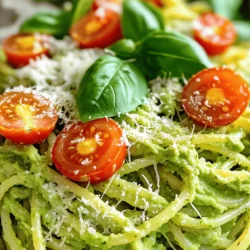 - 2 ripe avocados - 3 cloves garlic, minced - 1 tablespoon lemon juice - 1/4 cup fresh basil leaves - 3 tablespoons olive oil - 1/2 teaspoon red pepper flakes - Salt and pepper to taste - 12 oz spaghetti or your pasta of choice - 1/4 cup grated Parmesan cheese (optional) - Cherry tomatoes, halved (for garnish) - Extra basil leaves for garnish For this creamy avocado pasta, you need fresh and ripe avocados. They give the dish its smooth texture. Garlic adds a nice punch, while lemon juice brightens the flavor. Fresh basil leaves bring an aromatic touch to the sauce. Olive oil adds richness, and red pepper flakes give a hint of heat. You can use any pasta you like, but I recommend spaghetti. The Parmesan cheese is optional but adds a nice salty finish to the dish. - Alternative pasta choices (gluten-free, whole wheat) - Dairy-free Parmesan options - Additional herbs and spices If you want to change up the pasta, gluten-free or whole wheat options work well. For a dairy-free version, try using plant-based Parmesan. You can also add extra herbs, like parsley or cilantro, to enhance the flavors. - Calories and macronutrient breakdown - Potential health benefits of ingredients This dish is packed with healthy fats from avocados. They are a great source of fiber and vitamins. Garlic has many health benefits, too, including boosting immunity. The olive oil adds heart-healthy monounsaturated fats. Each serving is satisfying and full of nutrients, making it a smart choice for any meal. Check the full recipe for more details on the exact nutritional values. To cook spaghetti to al dente, bring a large pot of salted water to a boil. Add your spaghetti and cook it according to the package instructions. This usually takes about 8 to 10 minutes. Keep an eye on it. You want it firm to the bite, not mushy. Tips for boiling pasta perfectly: - Use a large pot for even cooking. - Stir the pasta in the first minute to prevent sticking. - Reserve 1 cup of pasta water before draining. For the avocado sauce, grab your food processor or blender. Add the ripe avocados, minced garlic, lemon juice, basil leaves, olive oil, and red pepper flakes. Blend until the mixture is smooth and creamy. Tips for achieving the right sauce consistency: - If the sauce is too thick, add a bit of reserved pasta water. - Taste the sauce and adjust salt and pepper as needed. In a large mixing bowl, toss the cooked spaghetti with the creamy avocado sauce. Make sure each piece is well coated. Tips for adjusting sauce thickness: - If the sauce feels too thick, slowly add more reserved pasta water. - Mix well until you reach your desired creaminess. For the full recipe, check the previous section. Enjoy this simple yet delicious dish! To boost the taste of your creamy avocado pasta, you can add spices. Try mixing in garlic powder or onion powder for extra depth. A pinch of cayenne pepper can give your dish a nice kick. You might also like to add nuts or seeds. Toasted pine nuts or walnuts can add a great crunch. Sprinkle some pumpkin seeds on top for a fun twist. These additions enhance both flavor and texture. When serving, pair the pasta with a fresh salad. A light arugula salad with lemon vinaigrette works well. You can also serve alongside garlic bread for a filling meal. For drinks, a crisp white wine complements this dish nicely. If you prefer non-alcoholic options, try sparkling water with lemon. Both pair perfectly with the creamy flavors of the pasta. Preparing ingredients ahead of time makes cooking easier. Chop your garlic and basil the night before. You can also slice the avocados and store them in lemon juice to prevent browning. Serve your creamy avocado pasta right after mixing. This keeps it fresh and creamy. If you let it sit, the sauce may thicken too much. Enjoy it straight from the bowl for the best taste! For the full recipe, check out the detailed instructions above. {{image_2}} To make this dish vegan, swap the Parmesan cheese for a dairy-free option. You can use nutritional yeast for a cheesy taste. Also, check your pasta. Make sure it has no eggs. Whole wheat or gluten-free pasta works great, too. If you like heat, add more red pepper flakes. You can also use fresh chili peppers. Jalapeños or serranos add a nice kick. Adjust the amount based on your taste. Spice levels can really change the dish! For a refreshing twist, turn this pasta into a salad. Use cold pasta with the creamy avocado sauce. Add in cherry tomatoes, cucumber, and bell peppers for crunch. This version is perfect for picnics or summer meals. Check the full recipe to see how to prepare it! To keep your creamy avocado pasta fresh, store it in an airtight container. Place it in the fridge. It stays good for about 1 to 2 days. Make sure to cover it well to avoid drying out. If your pasta has some creaminess left, it will taste better later! You can freeze creamy avocado pasta, but it may change texture. To freeze, pack the pasta in a freezer-safe bag. Remove as much air as possible. It can last up to 3 months in the freezer. When you’re ready to eat, thaw it in the fridge overnight. This method helps keep some creaminess. When reheating, avoid the microwave if you can. It can make the sauce too thick. Instead, use a pan on low heat. Add a splash of water or olive oil to keep it creamy. Stir often until warm. This way, you keep the delicious flavor intact! For the complete recipe, check out the Full Recipe. Yes, you can make this recipe ahead of time. To prepare in advance, follow these tips: - Cook the pasta and let it cool. - Make the avocado sauce separately. - Store both items in airtight containers. - Combine them just before serving for the best texture. If you are allergic to avocados, consider these alternatives for a creamy texture: - Use silken tofu for a smooth base. - Try cashew cream made by blending soaked cashews. - Use a ripe banana for a different flavor. Each option brings a unique taste, but they keep the dish creamy. Yes, creamy avocado pasta is great for meal prep. Here are some storage tips: - Store the pasta and sauce separately to maintain freshness. - Keep them in airtight containers in the fridge. - Consume within 3 days for the best quality. To stop your avocado from browning, try these tips: - Add lemon juice to the cut avocado. - Cover tightly with plastic wrap to limit air contact. - Store it with onion slices in a sealed container. These methods help keep your avocado fresh and green for longer. You can create a delicious creamy avocado pasta using simple ingredients. The main elements include ripe avocados, garlic, and fresh basil. You can customize it with optional items like gluten-free pasta or dairy-free cheese. Cooking the pasta properly and making a smooth sauce are key steps. Remember, this dish is not only tasty but also healthy. So, go ahead and enjoy this easy, creamy pasta that you can share with others and feel great about!