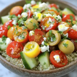 - 1 cup quinoa, rinsed - 2 cups vegetable broth (or water) - 1 cup cherry tomatoes, halved - 1 cucumber, diced - 1 cup canned chickpeas, drained and rinsed - 1/2 red onion, finely chopped - 1/2 cup Kalamata olives, pitted and halved - 1 cup feta cheese, crumbled - 1/4 cup fresh parsley, chopped - 1 teaspoon dried oregano - 1 lemon, juiced - 3 tablespoons olive oil - Salt and pepper to taste Quinoa is the star of this dish. It’s gluten-free and packed with protein. Rinsing it helps remove any bitter taste. Vegetable broth gives it a rich flavor. Fresh vegetables bring crunch and color. Cherry tomatoes add juiciness, while cucumbers offer a cool bite. Chickpeas boost the protein and fiber. They add heartiness to the bowl. Kalamata olives lend a briny taste, perfect for a Mediterranean vibe. Feta cheese adds a creamy texture and salty kick. For the dressing, lemon juice brightens the whole dish. Olive oil adds smooth richness, while oregano brings a hint of earthiness. Salt and pepper help balance all the flavors. This ingredient list makes a vibrant bowl of health. For the full recipe, check out the complete guide. 1. Start by rinsing the quinoa in a fine mesh strainer. This step removes bitterness. 2. In a medium saucepan, combine the rinsed quinoa and vegetable broth or water. 3. Bring this mixture to a boil over medium heat. 4. Once boiling, reduce the heat to low. Cover the pot and let it simmer for about 15 minutes. 5. Check the quinoa for doneness. It should be fluffy and the liquid should be absorbed. 1. While the quinoa cooks, prepare the dressing. 2. In a small bowl, mix the juice of one lemon with olive oil. 3. Add in the dried oregano, salt, and pepper. 4. Taste the dressing and adjust the seasoning if needed. 1. In a large mixing bowl, add halved cherry tomatoes, diced cucumber, drained chickpeas, chopped red onion, and Kalamata olives. 2. Once the quinoa has cooled slightly, add it to the bowl with the vegetables. 3. Drizzle the prepared dressing over the quinoa and vegetables. 4. Toss everything gently until it is well coated. 5. Finally, top the bowl with crumbled feta cheese and chopped parsley. 6. Mix gently to combine. Serve your Mediterranean quinoa bowls warm or chilled for a fresh and tasty delight. For the full recipe, check out the details above. Rinse the quinoa well before cooking. This step removes the bitterness that some people dislike. Use a fine mesh strainer and rinse under cold water for a minute or two. For fluffy quinoa, use the right water-to-quinoa ratio. I suggest 2 cups of vegetable broth for every 1 cup of quinoa. Bring the broth to a boil, then reduce the heat to low. Cover it and let it simmer for about 15 minutes. Check it after this time; the quinoa should be fluffy and absorb all the liquid. For extra flavor, add spices like cumin or smoked paprika. These spices can add warmth and depth to your quinoa bowls. You can also try adding a pinch of crushed red pepper for some heat. Fresh herbs make a big difference too. Add chopped basil or mint right before serving. They add a burst of freshness that elevates the dish. Always taste your dish as you go. This helps you find the right balance. Serve your quinoa bowls in wide, shallow bowls. This makes each layer visible and inviting. Layer the ingredients neatly for a colorful display. For garnishing, sprinkle extra feta cheese or a handful of fresh parsley on top. You can also add a few lemon wedges on the side. It not only looks nice but adds flavor when squeezed over the bowl. Try these tips to make your Mediterranean quinoa bowls fresh and tasty. For a complete recipe, check the Full Recipe section. {{image_2}} You can switch up ingredients to keep things fresh and fun. Here are some ideas: - Alternative proteins: You can use grilled chicken, shrimp, or tofu instead of chickpeas. These add different flavors and textures. - Seasonal vegetable swaps: In summer, add bell peppers or zucchini. In fall, use roasted squash or sweet potatoes. This keeps your bowl vibrant and tasty. Making this dish fit your needs is easy. Here are some options: - Vegan options: Skip the feta cheese and use a vegan cheese or avocado. This still gives you creaminess without dairy. - Gluten-free considerations: Quinoa is gluten-free, so you’re already on the right track. Just avoid any added ingredients that contain gluten. You can change the taste of your bowl with these tips: - Mediterranean spice variations: Try adding cumin or sumac for a unique twist. These spices add depth and warmth. - Adding heat with chili or pepper options: If you like spice, toss in some red pepper flakes or sliced jalapeños. This gives your bowl a nice kick. With these variations, you can make your Mediterranean quinoa bowls truly your own. For the full recipe, check out the details above. To keep your Mediterranean quinoa bowls fresh, use airtight containers. Glass or BPA-free plastic containers work best. They help keep moisture out and flavors in. Make sure to cool the bowls fully before sealing. This avoids condensation, which can make your food soggy. When placing the bowls in the fridge, store them on a middle shelf. This shelf has a stable temperature and prevents spoilage. Avoid keeping them in the door, as the temperature can change often. How long can quinoa bowls last in the fridge? If stored properly, they can last about 3 to 5 days. Just check for any off smells or changes in texture before eating. Now, let’s talk about creative ways to repurpose leftovers. You can turn your quinoa bowls into a quick salad by adding some fresh greens. Toss in some extra dressing, and you have a new meal. You can also use the quinoa as a filling for wraps or stuffed peppers. The options are endless, and it makes meal prep fun! For the full recipe, check out the Mediterranean Quinoa Bowls. Quinoa is a super grain packed with protein, fiber, and essential nutrients. It is gluten-free and offers all nine amino acids. This makes it a great choice for various diets. Key health benefits of quinoa include: - High protein content supports muscle health. - Rich in fiber aids digestion and keeps you full. - Contains iron, magnesium, and B vitamins for energy. The Mediterranean diet promotes heart health and weight control. It emphasizes fruits, veggies, whole grains, and healthy fats. Eating this way can lower the risk of chronic diseases. Yes, you can make Mediterranean quinoa bowls ahead of time. This makes meal prep easy and fast during busy weeks. Here are some meal prep tips: - Cook a big batch of quinoa. - Chop veggies and store them in airtight containers. - Prepare the dressing and keep it separate until serving. For storage and reheating: - Store bowls in the fridge for up to five days. - Reheat in the microwave or enjoy cold. To make Mediterranean quinoa bowls more appealing, adjust the ingredients. You can swap out veggies or proteins for what your family likes. Here are some tips for picky eaters: - Use mild vegetables like bell peppers or carrots. - Try different proteins like grilled chicken or tofu. - Serve dressings on the side for kids to choose. Family-friendly variations to try include: - Add avocado for creaminess. - Use shredded cheese instead of feta. - Mix in a favorite sauce for added flavor. This guide covered all you need for tasty Mediterranean quinoa bowls. We explored each ingredient, focused on cooking steps, and shared tips for flavor and presentation. You learned about variations to fit your needs, plus how to store leftovers properly. Remember, cooking should be fun and creative. Feel free to adjust this recipe to suit your taste. Enjoy your journey in making delicious, healthy meals!