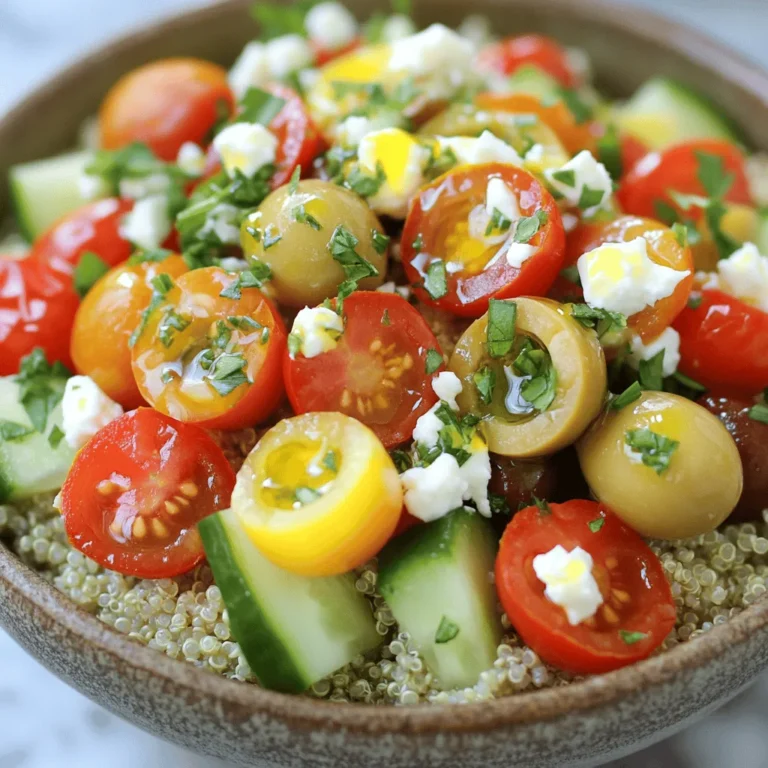 - 1 cup quinoa, rinsed - 2 cups vegetable broth (or water) - 1 cup cherry tomatoes, halved - 1 cucumber, diced - 1 cup canned chickpeas, drained and rinsed - 1/2 red onion, finely chopped - 1/2 cup Kalamata olives, pitted and halved - 1 cup feta cheese, crumbled - 1/4 cup fresh parsley, chopped - 1 teaspoon dried oregano - 1 lemon, juiced - 3 tablespoons olive oil - Salt and pepper to taste Quinoa is the star of this dish. It’s gluten-free and packed with protein. Rinsing it helps remove any bitter taste. Vegetable broth gives it a rich flavor. Fresh vegetables bring crunch and color. Cherry tomatoes add juiciness, while cucumbers offer a cool bite. Chickpeas boost the protein and fiber. They add heartiness to the bowl. Kalamata olives lend a briny taste, perfect for a Mediterranean vibe. Feta cheese adds a creamy texture and salty kick. For the dressing, lemon juice brightens the whole dish. Olive oil adds smooth richness, while oregano brings a hint of earthiness. Salt and pepper help balance all the flavors. This ingredient list makes a vibrant bowl of health. For the full recipe, check out the complete guide. 1. Start by rinsing the quinoa in a fine mesh strainer. This step removes bitterness. 2. In a medium saucepan, combine the rinsed quinoa and vegetable broth or water. 3. Bring this mixture to a boil over medium heat. 4. Once boiling, reduce the heat to low. Cover the pot and let it simmer for about 15 minutes. 5. Check the quinoa for doneness. It should be fluffy and the liquid should be absorbed. 1. While the quinoa cooks, prepare the dressing. 2. In a small bowl, mix the juice of one lemon with olive oil. 3. Add in the dried oregano, salt, and pepper. 4. Taste the dressing and adjust the seasoning if needed. 1. In a large mixing bowl, add halved cherry tomatoes, diced cucumber, drained chickpeas, chopped red onion, and Kalamata olives. 2. Once the quinoa has cooled slightly, add it to the bowl with the vegetables. 3. Drizzle the prepared dressing over the quinoa and vegetables. 4. Toss everything gently until it is well coated. 5. Finally, top the bowl with crumbled feta cheese and chopped parsley. 6. Mix gently to combine. Serve your Mediterranean quinoa bowls warm or chilled for a fresh and tasty delight. For the full recipe, check out the details above. Rinse the quinoa well before cooking. This step removes the bitterness that some people dislike. Use a fine mesh strainer and rinse under cold water for a minute or two. For fluffy quinoa, use the right water-to-quinoa ratio. I suggest 2 cups of vegetable broth for every 1 cup of quinoa. Bring the broth to a boil, then reduce the heat to low. Cover it and let it simmer for about 15 minutes. Check it after this time; the quinoa should be fluffy and absorb all the liquid. For extra flavor, add spices like cumin or smoked paprika. These spices can add warmth and depth to your quinoa bowls. You can also try adding a pinch of crushed red pepper for some heat. Fresh herbs make a big difference too. Add chopped basil or mint right before serving. They add a burst of freshness that elevates the dish. Always taste your dish as you go. This helps you find the right balance. Serve your quinoa bowls in wide, shallow bowls. This makes each layer visible and inviting. Layer the ingredients neatly for a colorful display. For garnishing, sprinkle extra feta cheese or a handful of fresh parsley on top. You can also add a few lemon wedges on the side. It not only looks nice but adds flavor when squeezed over the bowl. Try these tips to make your Mediterranean quinoa bowls fresh and tasty. For a complete recipe, check the Full Recipe section. {{image_2}} You can switch up ingredients to keep things fresh and fun. Here are some ideas: - Alternative proteins: You can use grilled chicken, shrimp, or tofu instead of chickpeas. These add different flavors and textures. - Seasonal vegetable swaps: In summer, add bell peppers or zucchini. In fall, use roasted squash or sweet potatoes. This keeps your bowl vibrant and tasty. Making this dish fit your needs is easy. Here are some options: - Vegan options: Skip the feta cheese and use a vegan cheese or avocado. This still gives you creaminess without dairy. - Gluten-free considerations: Quinoa is gluten-free, so you’re already on the right track. Just avoid any added ingredients that contain gluten. You can change the taste of your bowl with these tips: - Mediterranean spice variations: Try adding cumin or sumac for a unique twist. These spices add depth and warmth. - Adding heat with chili or pepper options: If you like spice, toss in some red pepper flakes or sliced jalapeños. This gives your bowl a nice kick. With these variations, you can make your Mediterranean quinoa bowls truly your own. For the full recipe, check out the details above. To keep your Mediterranean quinoa bowls fresh, use airtight containers. Glass or BPA-free plastic containers work best. They help keep moisture out and flavors in. Make sure to cool the bowls fully before sealing. This avoids condensation, which can make your food soggy. When placing the bowls in the fridge, store them on a middle shelf. This shelf has a stable temperature and prevents spoilage. Avoid keeping them in the door, as the temperature can change often. How long can quinoa bowls last in the fridge? If stored properly, they can last about 3 to 5 days. Just check for any off smells or changes in texture before eating. Now, let’s talk about creative ways to repurpose leftovers. You can turn your quinoa bowls into a quick salad by adding some fresh greens. Toss in some extra dressing, and you have a new meal. You can also use the quinoa as a filling for wraps or stuffed peppers. The options are endless, and it makes meal prep fun! For the full recipe, check out the Mediterranean Quinoa Bowls. Quinoa is a super grain packed with protein, fiber, and essential nutrients. It is gluten-free and offers all nine amino acids. This makes it a great choice for various diets. Key health benefits of quinoa include: - High protein content supports muscle health. - Rich in fiber aids digestion and keeps you full. - Contains iron, magnesium, and B vitamins for energy. The Mediterranean diet promotes heart health and weight control. It emphasizes fruits, veggies, whole grains, and healthy fats. Eating this way can lower the risk of chronic diseases. Yes, you can make Mediterranean quinoa bowls ahead of time. This makes meal prep easy and fast during busy weeks. Here are some meal prep tips: - Cook a big batch of quinoa. - Chop veggies and store them in airtight containers. - Prepare the dressing and keep it separate until serving. For storage and reheating: - Store bowls in the fridge for up to five days. - Reheat in the microwave or enjoy cold. To make Mediterranean quinoa bowls more appealing, adjust the ingredients. You can swap out veggies or proteins for what your family likes. Here are some tips for picky eaters: - Use mild vegetables like bell peppers or carrots. - Try different proteins like grilled chicken or tofu. - Serve dressings on the side for kids to choose. Family-friendly variations to try include: - Add avocado for creaminess. - Use shredded cheese instead of feta. - Mix in a favorite sauce for added flavor. This guide covered all you need for tasty Mediterranean quinoa bowls. We explored each ingredient, focused on cooking steps, and shared tips for flavor and presentation. You learned about variations to fit your needs, plus how to store leftovers properly. Remember, cooking should be fun and creative. Feel free to adjust this recipe to suit your taste. Enjoy your journey in making delicious, healthy meals!