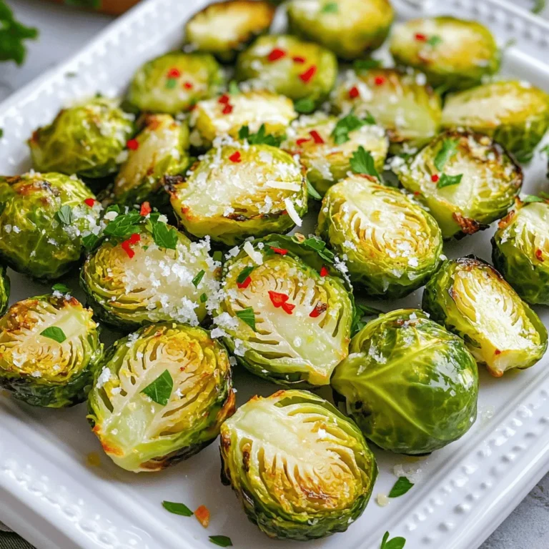 - 1 lb Brussels sprouts, trimmed and halved - 3 tablespoons olive oil - 4 cloves garlic, minced - Zest and juice of 1 lemon - 1 teaspoon honey - Salt and pepper to taste - 1/4 teaspoon red pepper flakes (optional for heat) - 2 tablespoons grated Parmesan cheese (optional for garnish) - Fresh parsley, chopped for garnish Brussels sprouts are small but mighty. They are full of vitamins and minerals. They bring a nutty flavor that works well with garlic and lemon. Garlic adds depth and richness. The lemon brightens up the dish, making it fresh and lively. A serving of Lemon Garlic Roasted Brussels Sprouts has about 100 calories. Each serving contains: - 6g of fat - 10g of carbs - 4g of protein Brussels sprouts are a great source of vitamins C and K. They also help with digestion due to their fiber content. Garlic offers health benefits too. It may support immune function and heart health. Enjoying this dish gives you tasty flavors and nutrition. For the full recipe, check [Full Recipe]. First, you need to trim the Brussels sprouts. This means cutting off the tough stem end. Then, slice each sprout in half. This helps them cook evenly. Next, prepare the garlic and lemon. Mince four cloves of garlic until fine. For the lemon, zest it first, then squeeze it for juice. This will give a bright flavor to our dish. Now, let's mix our ingredients. In a large bowl, combine the halved Brussels sprouts with three tablespoons of olive oil. Add the minced garlic, lemon zest, lemon juice, and one teaspoon of honey. Don’t forget to season with salt, pepper, and if you like it spicy, add a pinch of red pepper flakes. Toss everything well. You want the Brussels sprouts to be nicely coated. Preheat your oven to 425°F (220°C). This high heat helps to caramelize the sprouts. Spread the Brussels sprouts on a baking sheet. Make sure they are cut-side down. This will give them a nice, crispy edge. Roast for 20-25 minutes. Check them halfway through and stir for even cooking. The sprouts should be tender and caramelized when done. If you like, sprinkle grated Parmesan cheese on top while they are hot. Garnish with chopped parsley to add color and freshness. For the full recipe, click here. To get the best results, set your oven to 425°F (220°C). This temperature is key for a crispy outside and tender inside. You want to ensure the Brussels sprouts cook evenly. Place them cut-side down on your baking sheet. This position helps them caramelize. The caramelization adds rich flavor and a nice texture. To amp up the taste, consider adding more spices. A sprinkle of smoked paprika can give a smoky flavor. If you like heat, try adding cayenne pepper instead of red pepper flakes. You can also mix in some fresh herbs, like thyme or rosemary, before roasting. For garnishes, Parmesan cheese is great, but you can switch things up. Try crumbled feta or goat cheese for a tangy twist. A squeeze of fresh lemon juice right before serving adds brightness. Play with flavors to find what you love best! For the full recipe, check out the [Full Recipe]. {{image_2}} If you want to switch things up, try using different oils or sweeteners. Instead of olive oil, you can use avocado oil for a richer taste. If you prefer a little sweetness, maple syrup works great instead of honey. Brussels sprouts are tasty, but you can use other veggies too. Broccoli, cauliflower, or green beans are great options. Just cut them into similar sizes to cook evenly. You can make Lemon Garlic Roasted Brussels Sprouts in different ways. The stovetop is quick and easy. Heat some oil in a pan, add the sprouts, and sauté until they are golden brown. This method takes about 10-15 minutes. Oven roasting gives a deeper flavor. The heat makes the edges crispy. For a faster option, try an air fryer. Set it to 400°F (200°C) and cook for 15 minutes. Shake the basket halfway through for best results. For the full recipe, check out the details above. To keep your Lemon Garlic Roasted Brussels Sprouts fresh, store them properly. Place them in an airtight container. Glass or plastic containers work well. Leave a little space at the top to prevent squishing. You can keep them in the fridge for up to three days. If you want to enjoy them later, make sure they are cool before sealing. When it's time to enjoy your leftovers, you want them to taste great. Reheat your Brussels sprouts in the oven for the best results. Preheat the oven to 350°F (175°C) and place them on a baking sheet. Heat for about 10-15 minutes. This method helps keep their crispiness. If you're short on time, the microwave is a quick option. Place them in a microwave-safe dish. Heat for about 1-2 minutes. Check them halfway through to avoid overcooking. Remember, reheating adds time, so keep a close eye! Yes, you can use frozen Brussels sprouts. However, fresh ones taste better. Frozen sprouts may have more water. To use them, thaw first. Pat them dry with a towel. This helps them roast well. You may need to bake them longer, about 30 minutes. Check for the same signs of doneness. Brussels sprouts are done when they are tender. Look for a golden-brown color on the edges. If you poke one with a fork, it should feel soft inside. You can also taste one to check. They should have a nice, sweet flavor when cooked well. Lemon garlic roasted Brussels sprouts pair well with many dishes. Try them with grilled chicken or fish. They also go great with pork chops or steak. For a vegetarian meal, serve them with quinoa or a hearty salad. These sprouts add a bright flavor to any meal. For the full recipe, visit the detailed cooking instructions. This blog post covered how to make delicious Lemon Garlic Roasted Brussels sprouts. We discussed key ingredients, the cooking process, and tips for perfecting your dish. You learned about storage and reheating methods, plus variations to try. Enjoy these tasty Brussels sprouts as a side or main dish. They are healthy and easy to make. I hope this inspires you to cook and share a joyful meal with others.