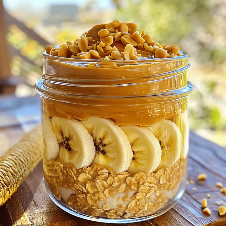 To make Peanut Butter Banana Overnight Oats, you need these simple ingredients: - 1 cup rolled oats - 2 cups almond milk (or any milk of choice) - 2 ripe bananas, sliced - 1/2 cup creamy peanut butter - 2 tablespoons honey or maple syrup (optional) - 1 teaspoon vanilla extract - 1/2 teaspoon cinnamon - A pinch of salt - Chopped peanuts and banana slices for topping This mix creates a tasty, filling breakfast that keeps you energized. You can change the recipe to suit your taste. Here are some fun add-ins and variations: - Add chia seeds for more fiber. - Use Greek yogurt for extra protein. - Swap peanut butter with almond or cashew butter. - Mix in some chocolate chips for a sweet treat. - Try different fruits like berries or apples. These options let you enjoy your oats in new ways. Understanding the nutrition can help you make informed choices: - Rolled oats: High in fiber, they help with digestion and keep you full. - Almond milk: Low in calories and dairy-free, it's a great milk alternative. - Bananas: They add natural sweetness and provide potassium. - Peanut butter: Packed with protein and healthy fats, it boosts energy. - Honey or maple syrup: Adds sweetness but should be used in moderation. - Vanilla extract: Enhances flavor without extra calories. - Cinnamon: It may help regulate blood sugar levels. - Salt: Balances flavors and enhances taste. Each ingredient brings its own benefits, making this dish not only delicious but also healthy. For the complete recipe, you can check the [Full Recipe]. Making peanut butter banana overnight oats is simple. You only need ten minutes to prep. The oats soak overnight, so they are ready in the morning. This dish is great for busy days. 1. Start with a large mixing bowl. Add 1 cup of rolled oats and 2 cups of almond milk. 2. Next, add 1/2 cup of creamy peanut butter. If you want some sweetness, mix in 2 tablespoons of honey or maple syrup. 3. Pour in 1 teaspoon of vanilla extract and 1/2 teaspoon of cinnamon. Add a pinch of salt to boost the flavor. 4. Stir everything until it blends well. Make sure the peanut butter mixes in fully. 5. Now, fold in half of the sliced bananas. Save the rest for topping later. 6. Divide the mix evenly into two jars or airtight containers. Seal them tightly to keep them fresh. Place the jars in the fridge overnight. This allows the oats to soak and soften. In the morning, stir the oats before eating. Top with the remaining banana slices and some chopped peanuts for a nice crunch. You can enjoy them cold or heat them in the microwave for 30 seconds if you like them warm. For the full recipe, check out the complete guide. To make the best peanut butter banana overnight oats, use rolled oats. They soak up the liquid well and give the right texture. Always use ripe bananas for the sweetest flavor. If you want extra creaminess, use creamy peanut butter. You can even mix in yogurt for a protein boost. One mistake is not mixing well enough. Make sure the peanut butter blends in fully. If you leave clumps, the oats won't taste great. Another issue is not sealing the jars tightly. If air gets in, your oats may dry out. Finally, don’t forget to stir your oats before eating. This ensures even flavor and texture. These oats are perfect for meal prep. You can make a batch for the week. Just double the recipe and store in jars. Use mason jars for easy transport. They fit well in your bag and look nice, too. If you want variety, try different toppings each day. Chopped nuts, berries, or a sprinkle of chocolate can change things up. For the full recipe, check out the Peanut Butter Banana Bliss Overnight Oats section. {{image_2}} You can switch your oats for different types. Steel-cut oats give a chewy texture. Quick oats are softer and soak faster. Choose what you like best! For milk, use almond, cow, or oat milk. Each adds its own flavor. You can even try coconut milk for a tropical twist. Want to spice up your oats? Add a scoop of cocoa powder for chocolatey goodness. You can also mix in some chia seeds for extra fiber. If you like a hint of spice, try adding nutmeg or cardamom. These flavors blend well with banana and peanut butter. Toppings make your oats more fun! Try adding chopped nuts, like walnuts or pecans, for crunch. A sprinkle of granola adds a nice texture too. You can also drizzle some honey or maple syrup on top for sweetness. Fresh berries or shredded coconut bring a bright touch to your dish. For a full list of ingredients and their uses, check out the Full Recipe. To keep your Peanut Butter Banana Overnight Oats fresh, use airtight containers. Glass jars work great. Make sure to seal them tightly. This helps to keep air out and prevents spoiling. If you plan to make a batch, divide it into individual servings. This way, you can grab one easily when you need it. These oats can last in the fridge for about 3 to 5 days. After a few days, the bananas may brown and change texture. The oats will still taste good, but fresh slices on top will make them look better. If you notice a change in smell or texture, it's best to toss them. Always trust your senses! If you like your oats warm, you can heat them in the microwave. Take off the lid, then heat for 30 seconds. Stir them well, and check the temperature. If they need more heat, do it in 10-second bursts. Remember, you can also enjoy them cold straight from the fridge! Yes, you can use quick oats. Quick oats will cook faster. They absorb liquid more quickly than rolled oats. This means your oats might turn out creamier, but they may also lose some texture. If you like a softer oat, quick oats work well. If you want a chewier bite, stick with rolled oats. Soaking overnight is key for the best texture. It allows the oats to absorb the liquid fully. This makes them soft and creamy. If you skip soaking, your oats may be too chewy. However, if you’re in a hurry, you can soak them for just a few hours. Just remember, the longer they soak, the better they taste! You can add many tasty ingredients to make it your own. Here are some ideas: - Chia seeds: For extra fiber and nutrition. - Cocoa powder: For a chocolatey twist. - Greek yogurt: To boost protein and creaminess. - Different fruits: Try berries, apples, or mango for variety. - Nut butters: Swap peanut butter for almond or cashew butter. These options let you create different flavors each time. Feel free to experiment with what you love! For the full recipe, check out the detailed instructions above. Overnight oats are easy and fun to make. We covered key ingredients, step-by-step instructions, and smart tips. You can customize them with flavors and toppings to fit your taste. Remember to store them well for freshness. With these ideas, you can enjoy tasty oats any day. Experiment with your favorite ingredients and make them your own. Now, you have all the tools to make perfect overnight oats. Enjoy every bite!