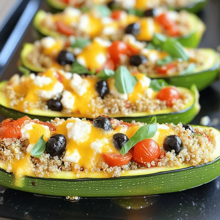 To create delicious stuffed zucchini boats, gather these fresh ingredients: - 4 medium zucchinis - 1 cup quinoa, rinsed - 2 cups vegetable broth - 1 cup cherry tomatoes, halved - 1/2 cup black olives, sliced - 1/2 cup feta cheese, crumbled - 1/4 cup fresh basil, chopped - 1 teaspoon dried oregano - 2 tablespoons olive oil - Salt and pepper to taste - 1/2 cup mozzarella cheese, shredded These ingredients come together to make a balanced meal. The quinoa adds protein, while the zucchini serves as a low-carb base. The combination of feta, olives, and basil brings a burst of Mediterranean flavor. For the full recipe, refer to Cheesy Mediterranean Stuffed Zucchini Boats. Each bite will surely delight your palate! How to prepare zucchini To start, grab your zucchinis. Slice them in half lengthwise. Use a spoon to scoop out the center flesh. Leave about a 1/4-inch thick shell. Set the scooped-out flesh aside for later. This will make your zucchini boats ready for stuffing. Cooking the quinoa Next, boil 2 cups of vegetable broth in a medium saucepan. Add 1 cup of rinsed quinoa. Reduce the heat and cover it. Let it simmer for about 15 minutes. The quinoa will become fluffy and absorb all the liquid. Once it's done, take it off the heat and set it aside. Sautéing the filling mixture Now, heat 2 tablespoons of olive oil in a skillet over medium heat. Add the reserved zucchini flesh, 1 cup of halved cherry tomatoes, and 1/2 cup of sliced black olives. Sauté this mix for about 5 to 7 minutes. You want the mixture to soften and blend together nicely. Stuffing the zucchini boats In a large bowl, combine the cooked quinoa, sautéed mixture, 1/2 cup of crumbled feta cheese, 1/4 cup of chopped basil, 1 teaspoon of dried oregano, salt, and pepper. Mix everything well. Generously stuff each zucchini half with this tasty filling. Press it down lightly to pack it in. Baking instructions Preheat your oven to 375°F (190°C) and line a baking dish with parchment paper. Place the stuffed zucchini in the dish. Sprinkle 1/2 cup of shredded mozzarella cheese on top of each boat. Tips for checking doneness Bake in the oven for 25 to 30 minutes. The zucchini should be tender, and the cheese should be bubbly and golden brown. To check, use a fork to poke the zucchini. If it goes in easily, they are ready. Let them cool for a few minutes before serving. Enjoy your healthy meal! For the full recipe, see above. To get the perfect texture when cooking zucchini, choose fresh and firm zucchinis. Cut them evenly to ensure they cook at the same rate. When you scoop out the center, leave a little flesh for flavor. This helps the zucchini stay strong while baking. To prevent sogginess, avoid overcooking your zucchini. Bake them just until they are tender. You can also sprinkle them with salt before baking. This draws out extra moisture so they stay firm. For tasty seasonings, try garlic powder, paprika, or even a pinch of cayenne. These spices add depth without overpowering the dish. You can also toss in fresh herbs like parsley or thyme for freshness. If you want to change up the cheese, consider using goat cheese for a tangy flavor, or even vegan cheese for a plant-based twist. Each cheese brings its own charm, so feel free to mix and match based on your taste. For the full recipe, check out Cheesy Mediterranean Stuffed Zucchini Boats. {{image_2}} You can change the filling in stuffed zucchini boats to fit your taste. For meat lovers, ground turkey or beef works great. Simply brown the meat before mixing it with the other filling ingredients. You can also use cooked chicken for a lighter option. For those who prefer plant-based meals, try lentils or black beans. Both add protein and are full of flavor. You can also use cooked rice or farro for a hearty filling. If you're vegan, skip the cheese or use a plant-based cheese alternative. Want to add some heat? Chop up jalapeños or add crushed red pepper to your filling. This gives your dish a nice kick. For milder flavors, add sweet bell peppers or fresh herbs like parsley or cilantro. Spices can also enhance your dish. Try adding cumin, smoked paprika, or garlic powder for depth. Fresh herbs like thyme or rosemary bring a unique taste. The beauty of stuffed zucchini boats is their versatility, so feel free to get creative! For the full recipe, check out the Cheesy Mediterranean Stuffed Zucchini Boats. To keep your stuffed zucchini boats fresh, place them in a sealed container. You can store them in the refrigerator for up to three days. Make sure they cool to room temperature before sealing. If you have more zucchini boats than you can eat, freezing is a great option. Wrap each boat in plastic wrap and place them in a freezer bag. They can last up to three months in the freezer. When it comes to reheating, I suggest using the oven. Preheat your oven to 350°F (175°C). Place the stuffed zucchini boats in a baking dish and cover with foil. Heat for about 15 minutes or until warmed through. This method keeps the zucchini tender and the filling moist. You can also use the microwave for quick reheating. Place them on a microwave-safe plate and cover. Heat in short bursts of one minute until hot. Just be careful, as the microwave may make the zucchini a bit soggy. Can I make stuffed zucchini boats in advance? Yes, you can! Prepare the zucchini and filling ahead of time. Stuff the zucchini just before baking. This helps keep them fresh and tasty. You can also freeze the stuffed zucchini before baking. Just thaw before cooking. What other vegetables can I use? You can use bell peppers, eggplants, or mushrooms. These veggies add great flavor and texture. Mix and match based on what you like. Just remember to adjust cooking times if needed. Are there gluten-free options for this recipe? Absolutely! Quinoa is naturally gluten-free. Use it as your base. Make sure to check your vegetable broth for gluten-free labels. This way, everyone can enjoy the dish with no worries! Caloric content and macros per serving Each serving has about 300 calories. It contains 10 grams of protein and 15 grams of fat. You also get 35 grams of carbs, making it a balanced meal. Health benefits of the main ingredients Zucchini is low in calories and high in water. This keeps you hydrated. Quinoa is a complete protein, full of fiber. Cherry tomatoes provide vitamins A and C. Feta cheese adds calcium and flavor. All these ingredients work together to nourish your body! Stuffed zucchini boats offer a tasty and healthy dish. We covered the ingredients, from fresh zucchinis to flavorful quinoa. You learned how to prepare, stuff, and bake them. Plus, I shared tips to avoid sogginess and enhance flavor. Exploring variations keeps this dish exciting for everyone, regardless of dietary needs. Remember, you can store leftovers and enjoy them later. With these steps, you can create a delicious meal that's sure to please. Happy cooking!