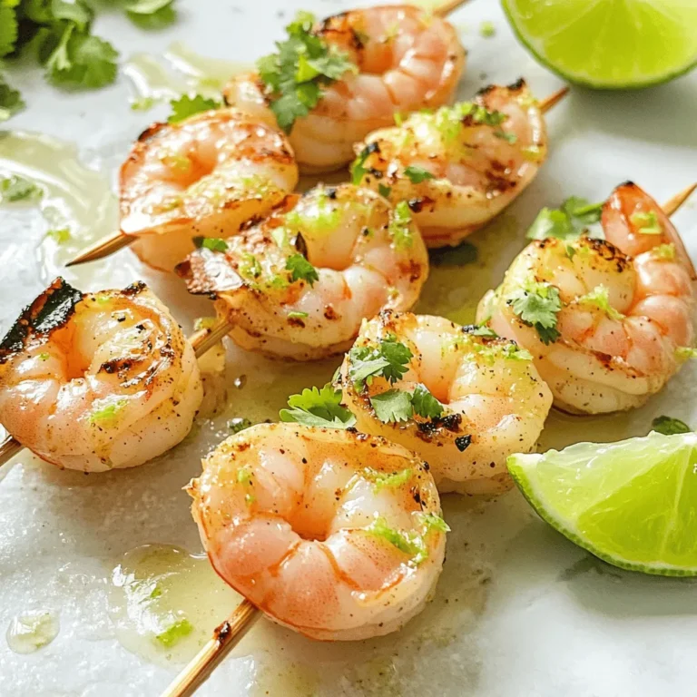 To make zesty lime grilled shrimp, you need fresh and quality ingredients. Here’s what you need: - 1 pound large shrimp, peeled and deveined - 2 limes (zested and juiced) - 2 tablespoons olive oil - 2 cloves garlic, minced These ingredients build the base for a great flavor profile. Large shrimp give a nice bite. Fresh limes add bright acidity. Olive oil helps to keep the shrimp moist. Garlic brings a savory note. The marinade is what makes this dish shine. Here’s what else to include: - 1 tablespoon honey - 1 teaspoon chili powder - 1 teaspoon smoked paprika - Salt and pepper to taste Honey balances the lime's tartness. Chili powder adds a little heat. Smoked paprika gives a rich flavor. Salt and pepper enhance all the tastes. Combining these creates a vibrant marinade that makes the shrimp pop. After grilling, garnishes add a nice touch. I suggest: - Fresh cilantro, chopped (for garnish) - Lime wedges (for serving) Cilantro adds freshness and a pop of color. Lime wedges offer an extra squeeze of zing. Together, they elevate your dish and make it look beautiful. For the full recipe, check out the details above. To create the marinade, grab a mixing bowl. Start with zesting the limes. Use a grater to get the bright green skin. Next, juice the limes to get their tangy flavor. Add two tablespoons of olive oil for richness. Then, toss in two minced garlic cloves for depth. Follow this with one tablespoon of honey for sweetness. Sprinkle in one teaspoon of chili powder and smoked paprika for spice. Finally, season with salt and pepper. Whisk until everything blends well. Now, it’s time to marinate the shrimp. Take one pound of large shrimp, already peeled and deveined. Place them in the bowl with the marinade. Toss the shrimp so they get fully coated. Cover the bowl with plastic wrap and place it in the fridge. Let them marinate for at least 30 minutes. If you want a bolder taste, leave them for up to 2 hours. Once your shrimp are marinated, preheat your grill to medium-high heat. If you use wooden skewers, soak them in water for 30 minutes. This helps them not burn. Now, thread the shrimp onto the skewers, about 4-5 shrimp each. Place the skewers on the grill. Grill the shrimp for 2-3 minutes per side. Look for that nice pink color and slight char. Take care not to overcook them. Overcooked shrimp become rubbery and tough. When done, remove the skewers from the grill. Let them rest for just a minute. Serve with fresh cilantro and lime wedges on the side. For the complete process, check out the Full Recipe. To make the best zesty lime grilled shrimp, start with a hot grill. Preheat your grill to medium-high heat. This helps the shrimp cook fast and stay juicy. If you use wooden skewers, soak them in water for 30 minutes. This keeps them from burning on the grill. Cook shrimp for 2-3 minutes on each side. Watch for color change. When shrimp turn pink, they are done. Overcooking makes shrimp tough. If you have a meat thermometer, aim for 120°F. This shows the shrimp are cooked just right. Add extra flavors to your shrimp. Try using fresh herbs like cilantro or parsley. A pinch of red pepper flakes gives a nice kick. You can also squeeze extra lime juice on the shrimp right before serving. These simple tricks boost the taste and make your dish pop. For the full recipe, check out the details above. Enjoy your grilling! {{image_2}} If you love shrimp, try other seafoods too. Scallops are great. They grill fast and taste sweet. Salmon has a rich flavor and pairs well with lime. You can also use white fish like tilapia or cod. These fish soak up the marinade nicely. Just adjust the cooking time based on thickness. Want to change things up? Add spices like cumin or coriander for a warm taste. You can also use fresh herbs, like basil or mint, for a fresh twist. If you like heat, add more chili powder or diced jalapeños. For a sweet touch, try using orange juice instead of lime juice. Each change gives a new flavor, making your dish unique. Zesty lime grilled shrimp pairs well with many sides. Try serving it with rice or quinoa for a filling meal. A fresh salad with greens, tomatoes, and avocado adds crunch. Grilled veggies like zucchini or bell peppers also work well. For a fun touch, serve it in tacos with slaw and avocado. You can find the full recipe for zesty lime grilled shrimp to explore all these options! To keep leftover shrimp fresh, place them in an airtight container. This helps seal in flavors. Store the container in the fridge. Use the shrimp within two days for best taste. If you want to keep them longer, consider freezing. When reheating shrimp, do it gently. You can use the microwave, but be careful. Heat them in short bursts of 30 seconds to avoid overcooking. Alternatively, heat a pan over low heat. Add a splash of water or olive oil to keep them moist. Stir until they are warm all the way through. To freeze shrimp, first, let them cool completely. Then, place them in a freezer-safe bag. Remove as much air as possible before sealing. Label the bag with the date. Frozen shrimp can last up to three months. When ready to use, thaw them in the fridge overnight or under cold running water. For the full recipe, check the details above. Shrimp should marinate for 30 minutes to 2 hours. This time helps the shrimp soak up all the zesty lime flavor. If you marinate for too long, the lime can actually cook the shrimp. This can make them tough and rubbery. Shrimp are done when they turn pink and opaque. They should also curl into a C shape. If they stay straight or become tight, they may be overcooked. This usually takes about 2-3 minutes per side on the grill. Yes, you can use frozen shrimp! Just make sure to thaw them first. You can do this overnight in the fridge or by placing them in cold water for about 15-20 minutes. Once thawed, follow the Full Recipe to create that zesty flavor. Enjoy your grilling! In this post, we explored how to make zesty lime grilled shrimp. We started with key ingredients and learned to prepare a tasty marinade. Next, I walked you through grilling steps, plus tips for perfect results. We also discussed variations and how to store leftovers. Enjoy this easy dish any day. With the right tools and techniques, you’ll impress everyone with your cooking skills! Happy grilling!