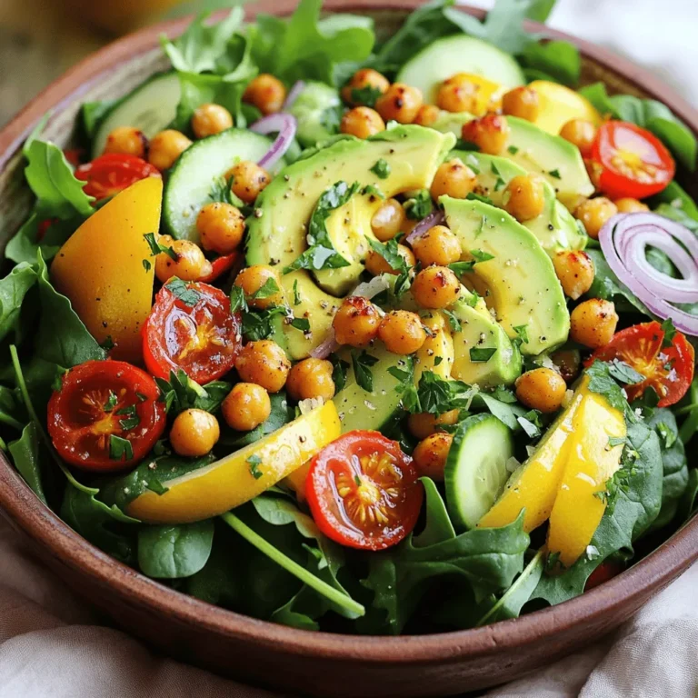 For this salad, you will need: - 1 can (15 oz) chickpeas, drained and rinsed - 2 tablespoons olive oil - 1 teaspoon smoked paprika - 1 teaspoon garlic powder - 1/2 teaspoon cumin - Salt and pepper, to taste - 4 cups mixed greens (spinach, arugula, romaine) - 1 cup cherry tomatoes, halved - 1 cucumber, diced - 1/2 red bell pepper, diced - 1/4 red onion, thinly sliced - 1 avocado, sliced - Juice of 1 lemon - Fresh parsley, chopped, for garnish These main ingredients give your salad a great mix of flavors and textures. The chickpeas add protein and crunch. The veggies bring freshness and color. You can tweak the salad with some extra seasonings or add-ins. Here are some ideas: - Chili powder for a spicy kick - Feta cheese for a creamy touch - Nuts or seeds for added crunch - Fresh herbs like cilantro or dill for more flavor Adding any of these will make your salad unique and fun. Feel free to mix and match! Garnishing your salad makes it look pretty and adds flavor. Here are some garnishes to consider: - Sliced radishes for extra crunch - A sprinkle of sesame seeds for nuttiness - A few slices of lemon for a bright finish - Extra parsley for a fresh touch These garnishes will elevate your salad. They make it more appealing and colorful. For the full recipe, check out the steps to create this delightful dish. To start, preheat your oven to 400°F (200°C). This helps make the chickpeas crispy. Next, take a can of chickpeas. Drain and rinse them well. This removes extra salt and liquid. In a bowl, mix the chickpeas with olive oil, smoked paprika, garlic powder, cumin, salt, and pepper. Make sure every chickpea gets coated. Spread the chickpeas on a baking sheet. Lay them out in a single layer for even cooking. Roast them for 25-30 minutes. Shake the tray halfway through to ensure they cook evenly. When they turn golden brown and crispy, they are ready. While your chickpeas roast, gather the salad base. In a large bowl, combine mixed greens like spinach, arugula, and romaine. Add halved cherry tomatoes, diced cucumber, diced red bell pepper, and thinly sliced red onion. This mix adds a variety of colors and textures. Toss the ingredients gently to combine. This step makes sure the flavors mix well. Once the chickpeas cool for a few minutes, add them to the salad. Drizzle fresh lemon juice over the top. This adds brightness and flavor. Toss the salad gently to mix everything. Top it with sliced avocado and sprinkle fresh parsley on top for a pop of color. For a nice presentation, serve the salad in a large bowl or on a rustic platter. For added crunch, consider sprinkling some sesame seeds on top. This dish is not just healthy; it's beautiful too! For the full recipe, refer to [Full Recipe]. To make your chickpeas super crispy, start by drying them well. After rinsing, lay them on a clean towel. Pat them dry to remove extra moisture. The drier they are, the better they will crisp up in the oven. Use a hot oven, around 400°F (200°C). Roast them for about 25-30 minutes. Shake the tray halfway through so they cook evenly. If you want an extra crunch, let them cool briefly after roasting before adding them to your salad. You can mix and match your salad greens for fun. Spinach and arugula are great choices. If you want a crunchier texture, try romaine or kale. For a milder flavor, use butter lettuce. Don’t hesitate to add herbs like cilantro or mint for a fresh twist. This way, you can change up the flavors each time you make the salad. A simple lemon juice dressing can brighten your salad. Just squeeze fresh lemon over the top. You can also experiment with different oils, like avocado oil or sesame oil, for added flavor. If you want more zing, add some Dijon mustard to your dressing. To make it creamy, mix in a bit of yogurt or tahini. Each dressing can change the taste of your salad, making it unique every time. For the full recipe, check out the Crispy Chickpea Sunshine Salad. {{image_2}} This salad is naturally vegan and gluten-free. Chickpeas add protein and fiber. You can use any oil you like, such as avocado or coconut oil. Just make sure the oil you choose is also vegan. For gluten-free options, all the ingredients in this salad are safe. You can enjoy this dish without worry. Feel free to swap ingredients for your taste. Don't like cumin? Try coriander instead. You can use any greens you prefer. If you want a crunch, add nuts or seeds. Instead of cherry tomatoes, use diced bell peppers for a sweet touch. You can also add other veggies like carrots or radishes for more color. Change the salad with the seasons. In summer, add fresh corn or berries for sweetness. In fall, include roasted butternut squash for warmth. In winter, add hearty kale instead of mixed greens. You can also use citrus fruits like oranges or grapefruits to brighten the dish. Each season brings new flavors to explore! To keep your crispy chickpea salad fresh, store it in the fridge. Use an airtight container. Make sure the salad and chickpeas are cool before sealing. This helps maintain their texture and flavor. The salad lasts for about three days. If you want to enjoy crispy chickpeas later, reheat them in the oven. Preheat your oven to 350°F (175°C). Spread the chickpeas on a baking sheet. Heat for about 10 minutes. This method helps them regain their crunch. Avoid using the microwave, as it can make them soggy. You can prep your salad ahead of time. Wash and chop your veggies a day before. Store them in the fridge in separate containers. For the chickpeas, roast them right before serving. This keeps them crispy and tasty. You can squeeze lemon juice on the salad just before eating for a fresh flavor boost. To see the full recipe, check out the Crispy Chickpea Sunshine Salad. Yes, you can use dried chickpeas. Just soak them overnight, then cook until soft. Use about 1 cup of dried chickpeas for this recipe. After cooking, drain and rinse them. They will have a fresher taste and a firmer texture. Chickpeas are a great source of protein and fiber. They help keep you full longer. They also have many vitamins and minerals. Some benefits include: - Supports heart health - May help control blood sugar - Aids in digestion - Good for skin health Eating chickpeas can boost your overall health. They fit well in many diets, too. To make your salad more filling, add grains like quinoa or farro. You can also include nuts or seeds for extra crunch. Consider adding cheese like feta or goat cheese for creaminess. Protein-rich foods like grilled chicken or tofu work well, too. These additions will keep you satisfied longer. Check out the Full Recipe for more tips! Crispy chickpea salad is tasty and fun to make. We covered key ingredients for the salad, from chickpeas to garnishes. I shared easy steps to get crispy chickpeas and put together a fresh salad. You learned tips for flavor, storage ideas, and fun swaps. Remember, you can personalize this dish to match your taste. Enjoy experimenting and make it your own! Use this guide to create salads you'll love.
