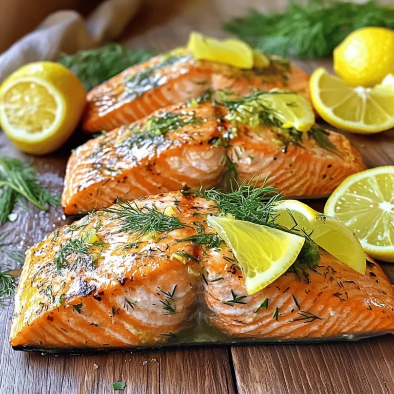 To make Lemon Herb Grilled Salmon, you need fresh and simple ingredients. Here’s the list: - 4 salmon fillets (6 ounces each) - 2 tablespoons olive oil - Zest and juice of 1 large lemon - 2 cloves garlic, minced - 1 tablespoon fresh dill, chopped - 1 tablespoon fresh parsley, chopped - 1 teaspoon salt - ½ teaspoon black pepper - Lemon slices for garnish - Fresh dill sprigs for garnish These ingredients work together to create a bright and tasty dish. The salmon fillets should be fresh, as they hold flavor well. Olive oil adds richness and helps in cooking. The lemon zest and juice give a zesty kick. Garlic adds depth, while the herbs bring freshness. Salt and pepper enhance all the flavors. When you prepare your ingredients, make sure they are ready to go. This makes the cooking process smoother. You can find the Full Recipe in the cooking section for detailed steps. Enjoy your cooking! To start, gather all your ingredients for the marinade. In a small bowl, mix: - 2 tablespoons olive oil - Zest and juice of 1 large lemon - 2 cloves garlic, minced - 1 tablespoon fresh dill, chopped - 1 tablespoon fresh parsley, chopped - 1 teaspoon salt - ½ teaspoon black pepper Whisk these together until they blend well. The lemon juice brightens the flavor, while the herbs add depth. This marinade is key to making your salmon burst with taste. Next, prepare your salmon. Rinse the fillets under cold water and pat them dry with paper towels. Place the salmon in a shallow dish or a resealable bag. Pour the marinade over the salmon, ensuring it coats every piece. Cover the dish or seal the bag and place it in the fridge for at least 30 minutes. This allows the flavors to seep into the salmon, making it more delicious. Once the marinating time is up, it's time to grill. Preheat your grill to medium-high heat. Lightly oil the grill grates to keep the salmon from sticking. Place the salmon skin-side down on the grill. Cook for 4 to 5 minutes. Then, gently flip the fillets and grill for another 4 to 5 minutes. You know the salmon is done when it flakes easily with a fork and reaches an internal temperature of 145°F (63°C). After grilling, take the salmon off the grill and let it rest for a few minutes. This helps keep the fish juicy. For a lovely touch, garnish with fresh lemon slices and sprigs of dill. This dish looks as good as it tastes. For the full recipe, check out the complete details in the earlier section. Grilling salmon is fun and easy. Start with good quality salmon. Fresh fish makes a big difference. Always preheat your grill. This helps the salmon cook evenly. Lightly oil the grill grates to prevent sticking. Cook the salmon skin-side down. This keeps the fish moist. Avoid flipping too soon. Let it develop nice grill marks. To check if the salmon is done, look for its color. It should change from bright pink to a pale, opaque color. Use a fork to test it. If the fish flakes easily, it is ready. You can also check the internal temperature. It should reach 145°F (63°C). A simple food thermometer can help you with this task. You can boost the flavors in your salmon dish. Try adding different herbs like thyme or basil. A dash of smoked paprika can give it a nice twist. Lemon zest brightens the taste, so don't skip it! Consider adding a bit of honey for a sweet contrast. Serve the grilled salmon with a fresh salad for extra crunch. For the full recipe, check out the Lemon Herb Grilled Salmon section. {{image_2}} You can switch up the herbs in this dish. If you don’t have dill or parsley, try basil or tarragon. Cilantro can also add a fresh taste. Each herb brings a unique flavor to the salmon. Feel free to mix and match to find what you love! If you don’t have a grill, you can use an oven or pan-sear the salmon. For the oven, set it to 400°F (200°C). Bake the salmon for about 12-15 minutes. For pan-searing, heat oil in a skillet over medium heat. Cook the salmon for 4-5 minutes on each side. Both methods work well and still give you delicious salmon. Pair your lemon herb grilled salmon with fresh veggies. Grilled asparagus or a crisp salad complements the dish nicely. You can also serve it over rice or quinoa for a hearty meal. Don’t forget to drizzle extra lemon juice for a bright finish. For more ideas, check out the Full Recipe for inspiration! After cooking, you can store Lemon Herb Grilled Salmon in the fridge. Place the salmon in an airtight container or wrap it tightly with plastic wrap. It stays fresh for up to three days. Make sure it cools down before you put it away. This helps keep the salmon from getting soggy. Always label the container with the date. This way, you’ll know how long it’s been stored. If you want to save your grilled salmon for later, freezing is a great option. First, let the salmon cool completely. Then, wrap each fillet in plastic wrap. Next, place the wrapped fillets in a freezer-safe bag. Remove as much air as you can before sealing. This helps prevent freezer burn. The salmon can last up to three months in the freezer. When you're ready to eat it, just thaw it in the fridge overnight. To reheat your salmon, avoid using the microwave if possible. It can make the fish dry. Instead, preheat your oven to 350°F (175°C). Place the salmon on a baking sheet and cover it loosely with foil. Heat for about 10-15 minutes or until warmed through. You can also reheat it on the grill for a few minutes on low heat. This keeps the salmon moist and tasty. If you want, you can add a splash of lemon juice to enhance the flavor. For more details, check out the Full Recipe. You can pair this dish with many sides. Consider serving it with: - Steamed broccoli - Garlic mashed potatoes - Quinoa salad - A fresh garden salad - Roasted asparagus These sides balance the salmon's rich flavor and bring freshness to your meal. Yes, you can use frozen salmon. Just make sure to thaw it first. Place it in the fridge overnight or submerge it in cold water for a quick thaw. Using thawed salmon ensures even cooking and better flavor. Marinate the salmon for at least 30 minutes. This time lets the flavors soak into the fish. For even better taste, you can marinate it for up to 2 hours. Just don’t go longer, or the citrus can change the texture. To store leftover salmon, place it in an airtight container. Keep it in the fridge for up to three days. If you want to save it longer, freeze it. Wrap it well in plastic wrap and then in foil. Absolutely! You can make the marinade ahead of time. Store it in the fridge for up to three days. This makes meal prep easier. Just remember to whisk it again before using, as the ingredients may settle. For the full recipe, check out the details above! This blog post covered everything you need for Lemon Herb Grilled Salmon. We discussed ingredients, marinating, and grilling steps. You learned tips for the best results and fun variations. We also explored storage and answered common questions. Cooking salmon can be easy and tasty. Use fresh herbs and follow the steps for great flavor. Remember, trying different methods or herbs can make the dish fun and unique. Enjoy this recipe and share it with others!
