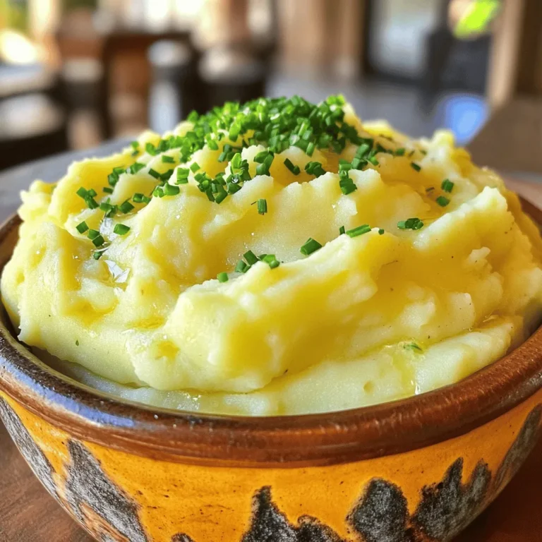 - 2 pounds Yukon Gold potatoes, peeled and cubed - 4 cloves garlic, peeled and minced - ½ cup unsalted butter - ½ cup sour cream - ½ cup whole milk (or coconut milk for a dairy-free option) - Salt and pepper to taste - Fresh chives, chopped (for garnish) Choosing the right type of potatoes for creaminess I love Yukon Gold potatoes for their rich flavor. They have a smooth texture that makes them perfect for creamy mashed potatoes. Avoid starchy potatoes like Russets; they can turn gummy. Fresh vs. jarred garlic for flavor Fresh garlic gives a brighter taste compared to jarred garlic. When you mince fresh garlic, it releases oils that add depth. Always use fresh for the best flavor. How butter and milk enhance texture Butter adds richness and a silky feel. Milk or coconut milk helps to achieve that perfect creamy consistency. Use warm milk for better blending; this keeps the mash soft and smooth. For a full recipe, check the detailed instructions to make your creamy garlic mashed potatoes shine! To make creamy garlic mashed potatoes, start by boiling your potatoes. First, peel and cube 2 pounds of Yukon Gold potatoes. Place them in a large pot and cover them with water. Make sure the water covers the potatoes by at least one inch. This helps them cook evenly. Add a pinch of salt to the water. Salting the water is crucial. It adds flavor to the potatoes as they cook. Bring the pot to a boil over medium-high heat. Once boiling, reduce the heat to a simmer. Cook for about 15 to 20 minutes. The potatoes are ready when you can pierce them easily with a fork. While the potatoes cook, it’s time to prepare the garlic. Take 4 cloves of garlic and mince them finely. In a skillet, melt ½ cup of unsalted butter over medium heat. When the butter is melted, add the minced garlic. Sauté the garlic for about 2 to 3 minutes. You want it to become fragrant and slightly golden. Watch carefully, as burnt garlic can ruin your dish. Perfectly sautéed garlic should smell amazing and have a light golden color. Once the potatoes are cooked, drain them well. Return them to the pot. Now, pour in the sautéed garlic and butter mixture. Add ½ cup of sour cream and ½ cup of whole milk (or coconut milk if you prefer). To achieve the right mash consistency, use a potato masher or a hand mixer. Mash the potatoes until smooth and creamy. If you like it chunkier, mash to your liking. Season the mashed potatoes with salt and pepper to taste. Taste is key here. Adjust the seasoning to enhance the flavor. Finally, transfer your creamy garlic mashed potatoes to a serving dish. Sprinkle chopped fresh chives on top for a lovely garnish. For the complete recipe, check the [Full Recipe]. To make creamy garlic mashed potatoes, you must choose the right tools. A potato ricer gives a smoother finish than a masher. When using a ricer, the potatoes become light and fluffy. If you use a masher, they may be a bit chunkier, which some people prefer. Temperature matters too. Warm potatoes blend better with butter and cream. If the potatoes are cold, they can become gluey. Always mash them while they are hot. This helps keep the texture smooth and creamy. To boost garlic flavor, consider adding roasted garlic. Roasting mellows its taste and adds depth. You can also mix in garlic powder for an extra kick. Balance the flavors with a pinch of lemon juice. It brightens the dish and cuts through the richness. If you want more flavor layers, add fresh herbs. Chopped parsley or thyme can enhance the garlic taste. They add freshness and make your dish shine. Make your creamy garlic mashed potatoes look stunning. A sprinkle of fresh chives adds color and freshness. For a fancy touch, drizzle some olive oil or melted butter on top. Serve these potatoes alongside roasted meats or grilled veggies. They pair well with steak, chicken, or a hearty salad. For a festive look, use a piping bag to create swirls on your serving dish. This makes the dish more appealing and shows off your cooking skills. For the full recipe, check out the detailed guide. {{image_2}} To make creamy garlic mashed potatoes dairy-free, swap out the butter, milk, and sour cream. Use coconut milk instead of whole milk for a rich flavor. You can try plant-based butter or olive oil in place of regular butter. For the sour cream, use cashew cream or a store-bought dairy-free alternative. These swaps keep the taste great while meeting dietary needs. You can boost flavor by adding fresh herbs like rosemary or thyme. These herbs bring a lovely aroma and taste. Mix in cheese types for extra creaminess. Cream cheese or mascarpone works well for a richer dish. Even a sprinkle of Parmesan can elevate the taste. Each addition offers a new twist to your creamy garlic mashed potatoes. Explore flavors from around the world by adapting this recipe. For an Italian flair, mix in some roasted garlic and a pinch of oregano. An Indian twist could include spices like cumin or coriander for warmth. Each culture has unique tastes that can enhance your mashed potatoes. This way, you create a dish that reflects your favorite cuisines. To keep your creamy garlic mashed potatoes fresh, store them in the fridge. Use an airtight container. This helps prevent moisture loss and keeps them creamy. Make sure to cool them to room temperature before sealing. They will stay good for about three to five days in the fridge. When reheating, I recommend using the stovetop or microwave. For the stovetop, add a splash of milk to restore creaminess. Heat on low, stirring often until warm. If using a microwave, cover the dish with a lid. Heat in short bursts of one minute, stirring in between. This keeps them from drying out. Yes, you can freeze creamy mashed potatoes! Portion them into freezer-safe bags or containers. Make sure to leave some space for expansion. When ready to eat, thaw them in the fridge overnight. To reheat, warm them on the stove with a bit of milk to regain that smooth texture. Enjoy your creamy garlic mashed potatoes anytime! For the full recipe, check out the detailed steps above. Sticky mashed potatoes often come from overcooking the potatoes or using the wrong type. When potatoes cook too long, they release too much starch. This makes them gluey. To fix this, ensure you cook them just until they are tender. Solutions for a smoother consistency: - Use Yukon Gold or Russet potatoes for their fluffy texture. - Drain them well after cooking to remove excess moisture. - Mash them gently to keep the starch from getting too gummy. Yes, you can use different potatoes. Each type has its own texture and flavor. Comparison of potato types and their impact on texture: - Yukon Gold: Creamy and buttery, great for smooth mash. - Russet: Fluffy and light, good for a more rustic texture. - Red Potatoes: Waxy and firm, gives a chunkier mash. - Fingerling Potatoes: Earthy flavor, adds a fun twist. There are many tasty add-ins for mashed potatoes. Common add-ins and their flavor profiles: - Cheddar cheese: Adds sharpness and creaminess. - Roasted garlic: Deepens the garlic flavor and adds sweetness. - Herbs: Fresh parsley or thyme can brighten the dish. - Cream cheese: Gives a rich and tangy taste. Suggestions for unique and creative variations: - Try adding caramelized onions for a sweet touch. - Mix in sautéed mushrooms for an earthy flavor. - A splash of lemon juice can add brightness and balance. For the full recipe, check out the Creamy Garlic Mashed Potatoes section. Now you know how to create creamy mashed potatoes that excite your taste buds. We covered every step, from selecting ingredients to presentation tips. The right potatoes and garlic can make a big difference. You can also try out various flavors to make it your own. Follow these tips for perfect mashed potatoes, and enjoy every bite. Remember, cooking is about experimenting and finding what you love. Happy cooking!