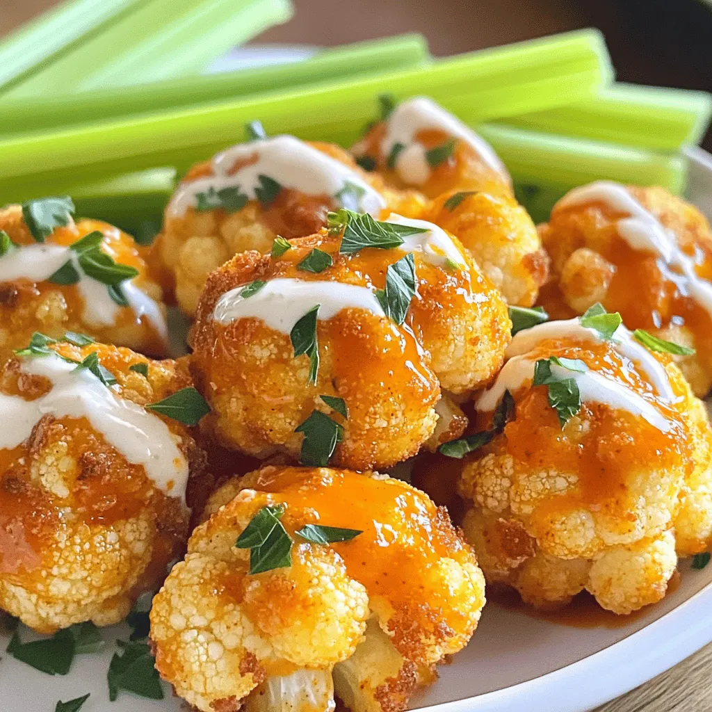 For these tasty bites, you need: - Medium head of cauliflower - All-purpose flour - Buffalo sauce These ingredients form the base of your dish. The cauliflower gives a nice crunch. The flour helps create a light batter. Buffalo sauce adds that bold, spicy flavor. To make these bites even better, add: - Garlic powder - Onion powder - Smoked paprika - Cayenne pepper These spices bring warmth and depth. Garlic and onion powders add aroma. Smoked paprika gives a hint of smokiness. Adjust the cayenne pepper for your spice level. For a complete snack, consider: - Ranch or blue cheese dressing - Fresh parsley - Celery sticks These add freshness and crunch. The dressing cools down the heat from the buffalo sauce. Parsley makes the dish pop with color. Celery sticks add a nice crunch and are great for dipping. For the full recipe with step-by-step instructions, check out the [Full Recipe]. - Preheat the oven: Set your oven to 450°F (230°C). Line a baking sheet with parchment paper. This helps the bites crisp up nicely. - Make the batter: In a bowl, mix the flour, garlic powder, onion powder, smoked paprika, cayenne pepper, and salt. Slowly add water or non-dairy milk. Whisk until smooth. The batter should be thick but pourable, like pancake mix. - Dipping technique: Take each cauliflower floret and dip it into the batter. Make sure the floret is well-coated. Let any extra batter drip off. This step ensures even cooking and crispness. - Arranging on the baking sheet: Place the coated florets on the lined baking sheet. Make sure they have space between them. This helps them get crispy and not steam. - Baking time: Bake the cauliflower bites for 20-25 minutes. Halfway through, flip them over. This ensures they cook evenly and get golden brown. - Final steps with buffalo sauce: Once they are crispy, take them out and drizzle the buffalo sauce over the bites. Toss them gently to coat all sides. Return them to the oven for another 10 minutes. This allows the sauce to stick and caramelize. For the full recipe, check out the detailed steps above. Enjoy your savory Buffalo Cauliflower Bites! To get your cauliflower bites crispy, I have a few key tips. First, make sure to dry the cauliflower florets well after washing them. Extra moisture can make them soggy. You want the batter to stick but not too much water. When coating the florets, use a dipping technique. Dip each piece into the batter, then shake off the excess. This step helps them cook evenly. Arrange the coated florets on your baking sheet with space in between. Crowding the pan can lead to steaming instead of crisping. If you need a gluten-free option, swap all-purpose flour with almond or chickpea flour. Both work well and add a nice flavor. You can also use gluten-free breadcrumbs for an extra crunchy texture. For those who want to change up the sauce, try different options. A spicy BBQ sauce can add sweetness and heat. You could also use a teriyaki sauce for a fun twist. Experiment with dressings like ranch or a creamy avocado dip for added flavor. Serving your buffalo cauliflower bites can be fun. You can create a platter with celery sticks, carrot sticks, and various dips. This adds color and flavor to your table. Another idea is to serve them in tacos. Just add some shredded cabbage and a drizzle of ranch. You can also place them on a salad for a crunchy topping. The options are endless! For the full recipe, check out the detailed instructions above. Enjoy your cooking! {{image_2}} You can easily change the flavor of your Buffalo cauliflower bites. For a spicy kick, add more cayenne pepper or a pinch of chili powder. You can also try chili flakes for an extra punch. If you want a sweet and spicy version, mix honey or maple syrup into the buffalo sauce. This combo adds depth and balances the heat. You can cook your cauliflower bites in different ways. If you want them extra crispy, use an air fryer. Set the temperature to 400°F (200°C) and cook for about 15 minutes. Shake the basket halfway through for even cooking. Grilling is another fun option. It gives your bites a smoky flavor. Just toss them on a preheated grill for about 10 minutes, turning occasionally. If you need to avoid dairy, you have great options. Instead of regular milk, use non-dairy milk like almond or oat milk for the batter. It gives the same creamy texture without the dairy. For dips, choose vegan ranch or a cashew-based dressing. These options keep your dish delicious and allergen-friendly. For the Full Recipe, check the earlier section. Enjoy your cooking adventure! To keep your Buffalo Cauliflower Bites fresh, use an airtight container. Glass containers work well. They help prevent moisture loss. Store the bites in the fridge for up to three days. For best results, let them cool before placing them in the container. This keeps them crispy longer. When reheating, the oven is best. Preheat it to 350°F (175°C). Place the bites on a baking sheet. Heat for about 10-15 minutes. This method keeps them crispy. If you use a microwave, they may become soft. To avoid this, heat in short bursts. Check often to maintain texture. To freeze, let the bites cool completely. Arrange them in a single layer on a baking sheet. Freeze for a few hours until solid. Then, move them to a freezer-safe bag. Remove as much air as possible. They can last for up to three months. When ready to enjoy, thaw in the fridge overnight. Reheat in the oven for best results. This way, you get that nice crunch again. Buffalo Cauliflower Bites can last about 3 to 5 days in the fridge. Store them in an airtight container. This keeps them fresh and tasty. Yes, you can make these bites ahead of time. Prepare them and store in the fridge before baking. Bake them just before serving for the best taste. You can serve Buffalo Cauliflower Bites with several tasty sides. I like pairing them with celery sticks and ranch or blue cheese dressing. These add crunch and creaminess. Yes, they are a healthier option compared to traditional buffalo wings. Cauliflower is low in calories and high in fiber. Baking instead of frying keeps the fat content lower. The heat level depends on the cayenne pepper you use. You can adjust it to fit your taste. For milder bites, use less cayenne. For more heat, add extra buffalo sauce. Buffalo cauliflower bites are a tasty and fun snack. You learned about the main ingredients, seasonings, and how to bake them. We also covered tips for making them crispy and variations to try. These bites are easy to store and reheat. Whether you want them spicy, sweet, or vegan, you can adapt them to your taste. Enjoy your cooking adventure and share these bites with others. They'll love this healthy treat!