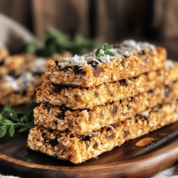 - Rolled oats: These form the base of the bars. They add fiber and texture. - Unsweetened shredded coconut: This adds a sweet, nutty flavor and chewy texture. - Nut butter options: Almond butter is my favorite. You can use peanut or cashew butter too. - Sweetener options: Honey works well, but maple syrup is a great vegan choice. - Chopped nuts: Almonds or walnuts add crunch and healthy fats. - Dark chocolate chips or chunks: They bring sweetness and richness to the bars. - Sea salt and vanilla extract: These enhance all the flavors in your bars. - Optional ingredients (dried fruits): Try cranberries, apricots, or raisins for extra sweetness. These simple ingredients make a delicious snack. You can find the full recipe at the end of this section. Using fresh and quality ingredients makes a big difference in taste. Enjoy your homemade granola bars! 1. Preheat the Oven: Start by preheating your oven to 350°F (175°C). Line an 8x8 inch baking pan with parchment paper. Leave some paper hanging over the sides. This will help you lift the bars out later. 2. Mix Dry Ingredients: In a large bowl, combine 2 cups of rolled oats, 1 cup of unsweetened shredded coconut, 1/2 cup of chopped nuts, and 1/2 cup of dark chocolate chips. Add 1/4 teaspoon of sea salt. Stir everything well to mix. 3. Combine Wet Ingredients: In a small saucepan, add 1/2 cup of almond butter and 1/4 cup of honey (or maple syrup). Heat on low while stirring until it melts and becomes smooth. Remove from heat and mix in 1/2 teaspoon of vanilla extract. 4. Combine Mixtures: Pour the melted almond butter mix over the dry ingredients. Fold everything together until it’s well mixed. If you want to add dried fruit, like cranberries or apricots, fold them in now. 5. Press into Pan: Transfer the granola mixture to your prepared baking pan. Press down firmly with a spatula or your hands. Make sure it is tightly packed. This helps the bars hold together. 6. Bake: Place the pan in your preheated oven. Bake for 20-25 minutes, or until the edges turn golden brown. Keep an eye on them to prevent burning. 7. Cool and Slice: After baking, remove the pan from the oven. Let it cool for about 10 minutes. Use the parchment paper to lift the bars out of the pan. Let them cool completely on a wire rack before slicing into bars. 8. Store: Place your granola bars in an airtight container. They can stay fresh at room temperature for up to one week. For longer freshness, store them in the fridge. Follow these steps from the Full Recipe, and you will have a tasty and healthy snack ready in no time! To get the right texture for your granola bars, mix the dry and wet ingredients well. You want a thick, sticky mix. This helps hold the bars together. If your mixture feels too dry, add a splash of water or a bit more nut butter. Press the mixture down firmly in the pan. This step is key to avoid crumbling. Tips for avoiding crumbling: - Use parchment paper for easy lifting. - Pack the mixture tightly into the pan. - Bake until the edges are golden brown. Spices can boost the taste of your granola bars. A pinch of cinnamon adds warmth. Nutmeg brings a lovely depth of flavor. Feel free to experiment! Using nut butters: - Almond butter gives a mild flavor. - Peanut butter adds a rich, nutty taste. - Sunflower seed butter is a great nut-free option. Presentation can make your bars more appealing. Arrange the bars neatly on a plate for serving. Garnish them with a sprinkle of shredded coconut or a few chocolate chips on top. This adds a nice touch. For a fun idea, wrap each bar in parchment paper. This makes them portable and cute for snacks on the go. {{image_2}} To make these granola bars vegan, swap honey for maple syrup. Maple syrup adds sweetness without animal products. You can also use plant-based protein like pea protein or hemp protein. This keeps your bars nutritious and friendly for vegans. For gluten-free bars, choose certified gluten-free oats. These oats ensure no cross-contamination with gluten. You can also replace nuts with seeds like sunflower or pumpkin seeds. This keeps the crunch while avoiding gluten. Get creative with flavor! Adding seeds like chia or flax boosts nutrition. They offer healthy fats and fiber. You can also mix in nut or seed butters, such as peanut or sunflower butter. These add creaminess and extra flavor to your bars. Feel free to explore variations that suit your taste. You can make these bars truly your own! For the full recipe, check out the Crunchy Coconut-Chocolate Granola Bars. To keep your homemade granola bars fresh, store them in airtight containers. This helps keep moisture out. You can keep them at room temperature for a week. If you want them to last longer, put them in the fridge. The cold helps maintain their crunch. When stored at room temperature, these granola bars last about a week. In the fridge, they can stay fresh for up to two weeks. If you want to enjoy them longer, consider freezing them. Just wrap each bar in plastic wrap before placing them in a freezer bag. Yes, you can make these bars without nuts. If you have nut allergies, use seeds instead. Sunflower seeds or pumpkin seeds work well. You can also use more dried fruit or extra oats to replace the nuts. This keeps the bars tasty and safe for everyone. Granola bars last about one week at room temperature. Store them in an airtight container to keep them fresh. If you put them in the fridge, they can last longer, up to two weeks. Be sure to check for any signs of spoilage before eating. Yes, you can freeze these bars. Wrap each bar tightly in plastic wrap or foil. Place them in a freezer bag for easy storage. To thaw, just take them out and let them sit at room temperature for about 30 minutes before eating. These granola bars are healthy! They contain rolled oats, which are high in fiber. The nuts provide healthy fats, and dark chocolate adds antioxidants. Using honey or maple syrup gives natural sweetness without too much sugar. Plus, adding dried fruits boosts vitamins and minerals. To make these bars vegan, replace honey with maple syrup. For gluten-free options, make sure to use certified gluten-free oats. You can also swap almond butter for a seed butter to accommodate nut-free diets. This way, everyone can enjoy these tasty snacks! Making granola bars at home is fun and easy. We covered essential ingredients and step-by-step instructions to create perfect bars. I shared tips to enhance flavor and texture. You can try different variations, from vegan to gluten-free, to suit your needs. Storing your bars correctly helps keep them fresh longer. With these ideas, you can create healthy snacks that fit your diet. Now, go ahead and enjoy your homemade granola bars, knowing they are tailored just for you!