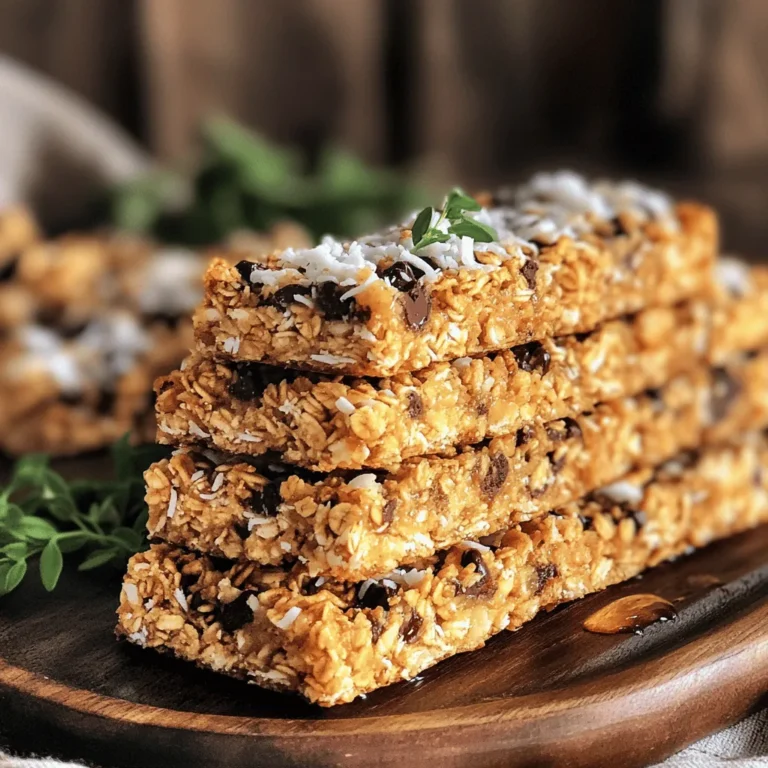 - Rolled oats: These form the base of the bars. They add fiber and texture. - Unsweetened shredded coconut: This adds a sweet, nutty flavor and chewy texture. - Nut butter options: Almond butter is my favorite. You can use peanut or cashew butter too. - Sweetener options: Honey works well, but maple syrup is a great vegan choice. - Chopped nuts: Almonds or walnuts add crunch and healthy fats. - Dark chocolate chips or chunks: They bring sweetness and richness to the bars. - Sea salt and vanilla extract: These enhance all the flavors in your bars. - Optional ingredients (dried fruits): Try cranberries, apricots, or raisins for extra sweetness. These simple ingredients make a delicious snack. You can find the full recipe at the end of this section. Using fresh and quality ingredients makes a big difference in taste. Enjoy your homemade granola bars! 1. Preheat the Oven: Start by preheating your oven to 350°F (175°C). Line an 8x8 inch baking pan with parchment paper. Leave some paper hanging over the sides. This will help you lift the bars out later. 2. Mix Dry Ingredients: In a large bowl, combine 2 cups of rolled oats, 1 cup of unsweetened shredded coconut, 1/2 cup of chopped nuts, and 1/2 cup of dark chocolate chips. Add 1/4 teaspoon of sea salt. Stir everything well to mix. 3. Combine Wet Ingredients: In a small saucepan, add 1/2 cup of almond butter and 1/4 cup of honey (or maple syrup). Heat on low while stirring until it melts and becomes smooth. Remove from heat and mix in 1/2 teaspoon of vanilla extract. 4. Combine Mixtures: Pour the melted almond butter mix over the dry ingredients. Fold everything together until it’s well mixed. If you want to add dried fruit, like cranberries or apricots, fold them in now. 5. Press into Pan: Transfer the granola mixture to your prepared baking pan. Press down firmly with a spatula or your hands. Make sure it is tightly packed. This helps the bars hold together. 6. Bake: Place the pan in your preheated oven. Bake for 20-25 minutes, or until the edges turn golden brown. Keep an eye on them to prevent burning. 7. Cool and Slice: After baking, remove the pan from the oven. Let it cool for about 10 minutes. Use the parchment paper to lift the bars out of the pan. Let them cool completely on a wire rack before slicing into bars. 8. Store: Place your granola bars in an airtight container. They can stay fresh at room temperature for up to one week. For longer freshness, store them in the fridge. Follow these steps from the Full Recipe, and you will have a tasty and healthy snack ready in no time! To get the right texture for your granola bars, mix the dry and wet ingredients well. You want a thick, sticky mix. This helps hold the bars together. If your mixture feels too dry, add a splash of water or a bit more nut butter. Press the mixture down firmly in the pan. This step is key to avoid crumbling. Tips for avoiding crumbling: - Use parchment paper for easy lifting. - Pack the mixture tightly into the pan. - Bake until the edges are golden brown. Spices can boost the taste of your granola bars. A pinch of cinnamon adds warmth. Nutmeg brings a lovely depth of flavor. Feel free to experiment! Using nut butters: - Almond butter gives a mild flavor. - Peanut butter adds a rich, nutty taste. - Sunflower seed butter is a great nut-free option. Presentation can make your bars more appealing. Arrange the bars neatly on a plate for serving. Garnish them with a sprinkle of shredded coconut or a few chocolate chips on top. This adds a nice touch. For a fun idea, wrap each bar in parchment paper. This makes them portable and cute for snacks on the go. {{image_2}} To make these granola bars vegan, swap honey for maple syrup. Maple syrup adds sweetness without animal products. You can also use plant-based protein like pea protein or hemp protein. This keeps your bars nutritious and friendly for vegans. For gluten-free bars, choose certified gluten-free oats. These oats ensure no cross-contamination with gluten. You can also replace nuts with seeds like sunflower or pumpkin seeds. This keeps the crunch while avoiding gluten. Get creative with flavor! Adding seeds like chia or flax boosts nutrition. They offer healthy fats and fiber. You can also mix in nut or seed butters, such as peanut or sunflower butter. These add creaminess and extra flavor to your bars. Feel free to explore variations that suit your taste. You can make these bars truly your own! For the full recipe, check out the Crunchy Coconut-Chocolate Granola Bars. To keep your homemade granola bars fresh, store them in airtight containers. This helps keep moisture out. You can keep them at room temperature for a week. If you want them to last longer, put them in the fridge. The cold helps maintain their crunch. When stored at room temperature, these granola bars last about a week. In the fridge, they can stay fresh for up to two weeks. If you want to enjoy them longer, consider freezing them. Just wrap each bar in plastic wrap before placing them in a freezer bag. Yes, you can make these bars without nuts. If you have nut allergies, use seeds instead. Sunflower seeds or pumpkin seeds work well. You can also use more dried fruit or extra oats to replace the nuts. This keeps the bars tasty and safe for everyone. Granola bars last about one week at room temperature. Store them in an airtight container to keep them fresh. If you put them in the fridge, they can last longer, up to two weeks. Be sure to check for any signs of spoilage before eating. Yes, you can freeze these bars. Wrap each bar tightly in plastic wrap or foil. Place them in a freezer bag for easy storage. To thaw, just take them out and let them sit at room temperature for about 30 minutes before eating. These granola bars are healthy! They contain rolled oats, which are high in fiber. The nuts provide healthy fats, and dark chocolate adds antioxidants. Using honey or maple syrup gives natural sweetness without too much sugar. Plus, adding dried fruits boosts vitamins and minerals. To make these bars vegan, replace honey with maple syrup. For gluten-free options, make sure to use certified gluten-free oats. You can also swap almond butter for a seed butter to accommodate nut-free diets. This way, everyone can enjoy these tasty snacks! Making granola bars at home is fun and easy. We covered essential ingredients and step-by-step instructions to create perfect bars. I shared tips to enhance flavor and texture. You can try different variations, from vegan to gluten-free, to suit your needs. Storing your bars correctly helps keep them fresh longer. With these ideas, you can create healthy snacks that fit your diet. Now, go ahead and enjoy your homemade granola bars, knowing they are tailored just for you!