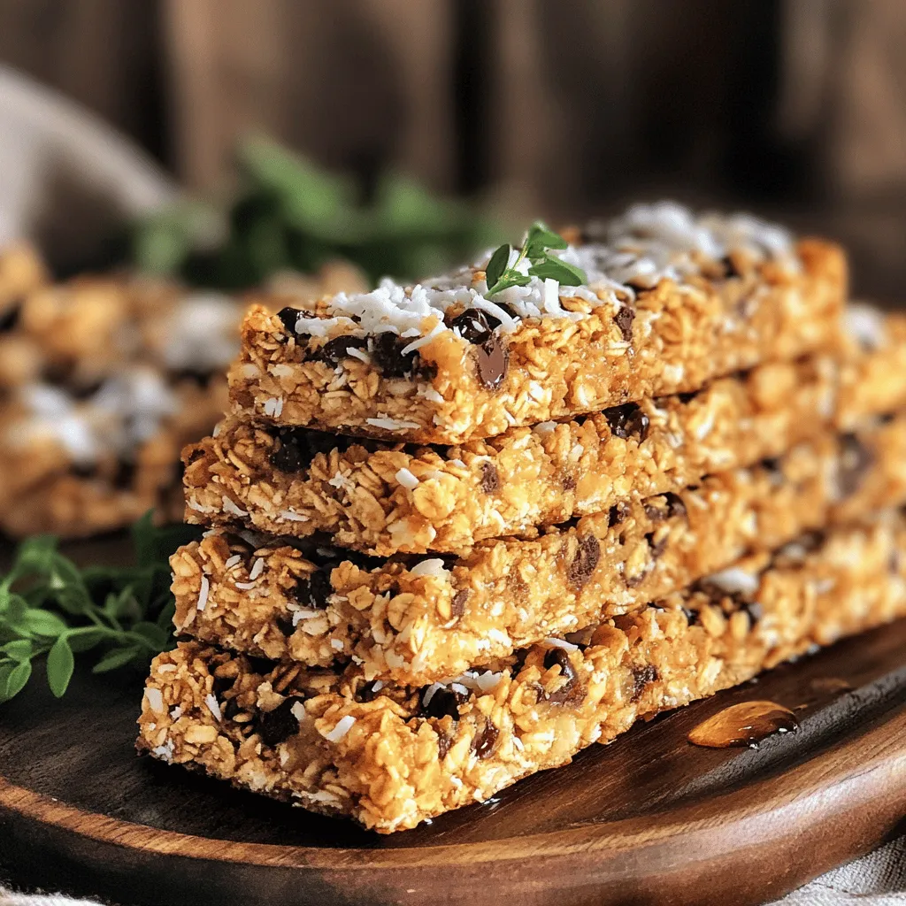 - Rolled oats: These form the base of the bars. They add fiber and texture. - Unsweetened shredded coconut: This adds a sweet, nutty flavor and chewy texture. - Nut butter options: Almond butter is my favorite. You can use peanut or cashew butter too. - Sweetener options: Honey works well, but maple syrup is a great vegan choice. - Chopped nuts: Almonds or walnuts add crunch and healthy fats. - Dark chocolate chips or chunks: They bring sweetness and richness to the bars. - Sea salt and vanilla extract: These enhance all the flavors in your bars. - Optional ingredients (dried fruits): Try cranberries, apricots, or raisins for extra sweetness. These simple ingredients make a delicious snack. You can find the full recipe at the end of this section. Using fresh and quality ingredients makes a big difference in taste. Enjoy your homemade granola bars! 1. Preheat the Oven: Start by preheating your oven to 350°F (175°C). Line an 8x8 inch baking pan with parchment paper. Leave some paper hanging over the sides. This will help you lift the bars out later. 2. Mix Dry Ingredients: In a large bowl, combine 2 cups of rolled oats, 1 cup of unsweetened shredded coconut, 1/2 cup of chopped nuts, and 1/2 cup of dark chocolate chips. Add 1/4 teaspoon of sea salt. Stir everything well to mix. 3. Combine Wet Ingredients: In a small saucepan, add 1/2 cup of almond butter and 1/4 cup of honey (or maple syrup). Heat on low while stirring until it melts and becomes smooth. Remove from heat and mix in 1/2 teaspoon of vanilla extract. 4. Combine Mixtures: Pour the melted almond butter mix over the dry ingredients. Fold everything together until it’s well mixed. If you want to add dried fruit, like cranberries or apricots, fold them in now. 5. Press into Pan: Transfer the granola mixture to your prepared baking pan. Press down firmly with a spatula or your hands. Make sure it is tightly packed. This helps the bars hold together. 6. Bake: Place the pan in your preheated oven. Bake for 20-25 minutes, or until the edges turn golden brown. Keep an eye on them to prevent burning. 7. Cool and Slice: After baking, remove the pan from the oven. Let it cool for about 10 minutes. Use the parchment paper to lift the bars out of the pan. Let them cool completely on a wire rack before slicing into bars. 8. Store: Place your granola bars in an airtight container. They can stay fresh at room temperature for up to one week. For longer freshness, store them in the fridge. Follow these steps from the Full Recipe, and you will have a tasty and healthy snack ready in no time! To get the right texture for your granola bars, mix the dry and wet ingredients well. You want a thick, sticky mix. This helps hold the bars together. If your mixture feels too dry, add a splash of water or a bit more nut butter. Press the mixture down firmly in the pan. This step is key to avoid crumbling. Tips for avoiding crumbling: - Use parchment paper for easy lifting. - Pack the mixture tightly into the pan. - Bake until the edges are golden brown. Spices can boost the taste of your granola bars. A pinch of cinnamon adds warmth. Nutmeg brings a lovely depth of flavor. Feel free to experiment! Using nut butters: - Almond butter gives a mild flavor. - Peanut butter adds a rich, nutty taste. - Sunflower seed butter is a great nut-free option. Presentation can make your bars more appealing. Arrange the bars neatly on a plate for serving. Garnish them with a sprinkle of shredded coconut or a few chocolate chips on top. This adds a nice touch. For a fun idea, wrap each bar in parchment paper. This makes them portable and cute for snacks on the go. {{image_2}} To make these granola bars vegan, swap honey for maple syrup. Maple syrup adds sweetness without animal products. You can also use plant-based protein like pea protein or hemp protein. This keeps your bars nutritious and friendly for vegans. For gluten-free bars, choose certified gluten-free oats. These oats ensure no cross-contamination with gluten. You can also replace nuts with seeds like sunflower or pumpkin seeds. This keeps the crunch while avoiding gluten. Get creative with flavor! Adding seeds like chia or flax boosts nutrition. They offer healthy fats and fiber. You can also mix in nut or seed butters, such as peanut or sunflower butter. These add creaminess and extra flavor to your bars. Feel free to explore variations that suit your taste. You can make these bars truly your own! For the full recipe, check out the Crunchy Coconut-Chocolate Granola Bars. To keep your homemade granola bars fresh, store them in airtight containers. This helps keep moisture out. You can keep them at room temperature for a week. If you want them to last longer, put them in the fridge. The cold helps maintain their crunch. When stored at room temperature, these granola bars last about a week. In the fridge, they can stay fresh for up to two weeks. If you want to enjoy them longer, consider freezing them. Just wrap each bar in plastic wrap before placing them in a freezer bag. Yes, you can make these bars without nuts. If you have nut allergies, use seeds instead. Sunflower seeds or pumpkin seeds work well. You can also use more dried fruit or extra oats to replace the nuts. This keeps the bars tasty and safe for everyone. Granola bars last about one week at room temperature. Store them in an airtight container to keep them fresh. If you put them in the fridge, they can last longer, up to two weeks. Be sure to check for any signs of spoilage before eating. Yes, you can freeze these bars. Wrap each bar tightly in plastic wrap or foil. Place them in a freezer bag for easy storage. To thaw, just take them out and let them sit at room temperature for about 30 minutes before eating. These granola bars are healthy! They contain rolled oats, which are high in fiber. The nuts provide healthy fats, and dark chocolate adds antioxidants. Using honey or maple syrup gives natural sweetness without too much sugar. Plus, adding dried fruits boosts vitamins and minerals. To make these bars vegan, replace honey with maple syrup. For gluten-free options, make sure to use certified gluten-free oats. You can also swap almond butter for a seed butter to accommodate nut-free diets. This way, everyone can enjoy these tasty snacks! Making granola bars at home is fun and easy. We covered essential ingredients and step-by-step instructions to create perfect bars. I shared tips to enhance flavor and texture. You can try different variations, from vegan to gluten-free, to suit your needs. Storing your bars correctly helps keep them fresh longer. With these ideas, you can create healthy snacks that fit your diet. Now, go ahead and enjoy your homemade granola bars, knowing they are tailored just for you!