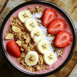 - 1 cup frozen strawberries - 1 ripe banana - 1/2 cup Greek yogurt (plain or vanilla) - 1/2 cup almond milk (or any milk of choice) - 1 tablespoon honey - 1 tablespoon maple syrup - Granola - Sliced fresh banana - Halved strawberries - Shredded coconut - Nuts or seeds For a tasty Strawberry Banana Smoothie Bowl, you need fresh and frozen ingredients. The main ingredients are simple and easy to find. You start with one cup of frozen strawberries. These berries give a cold and creamy base. Next, grab one ripe banana. The banana adds natural sweetness and creaminess. Greek yogurt makes the bowl rich and filling. You can use plain or vanilla yogurt for extra flavor. Adding half a cup of almond milk helps blend everything smoothly. You can also use any milk you prefer. If you like your smoothie bowl sweeter, try adding one tablespoon of honey or maple syrup. They enhance the natural flavors of the fruits. Now, let's talk toppings! Toppings are what make this bowl fun and unique. You can sprinkle on some crunchy granola for texture. Sliced fresh banana and halved strawberries add bright colors. Shredded coconut gives a tropical twist. Lastly, nuts or seeds boost nutrition and crunch. This recipe lets you mix and match, so feel free to get creative! For the full recipe, check the details outlined above. - Combine the main ingredients in a blender - Add 1 cup frozen strawberries, 1 ripe banana, 1/2 cup Greek yogurt, and 1/2 cup almond milk. - If you like it sweeter, add 1 tablespoon honey or maple syrup. - Blend on high until smooth and creamy. - If it’s too thick, add a little more almond milk. - Stir in 1 tablespoon chia seeds. - This gives your smoothie bowl a nice texture and boosts nutrition. - Pour the smoothie mixture into a bowl. - Now, it's time to arrange your toppings! - Start with a layer of granola for crunch. - Add sliced fresh banana and halved strawberries on top. - Finish with a sprinkle of shredded coconut and nuts or seeds. Enjoy your delicious Strawberry Banana Smoothie Bowl! For the full recipe, check out the sections above. To make your smoothie bowl just right, focus on the thickness. If you find the mix too thick, simply add a splash of almond milk. Blend again until smooth. This small change makes a big difference in texture. A great-looking bowl can be fun to make. Start by adding the smoothie to the bowl first. Then, layer your toppings. Use fresh banana slices, halved strawberries, and a sprinkle of granola. Arrange them artfully to create a feast for the eyes. This not only looks good, but also makes eating more enjoyable. Frozen strawberries and chia seeds are key to this bowl. Frozen strawberries pack nutrients and taste great. They give a refreshing flavor while being low in calories. Chia seeds bring extra fiber, protein, and omega-3s. These tiny seeds help you feel full longer. Together, they make your smoothie bowl not just tasty but also healthy. For the full recipe, check out the Strawberry Banana Bliss Smoothie Bowl. {{image_2}} You can change the fruits in your smoothie bowl. Swap strawberries for blueberries, raspberries, or blackberries. Each berry has a unique taste and adds color. You can also mix in spinach or kale. These greens add nutrients without changing the flavor much. They sneak in vitamins and minerals, making your bowl even healthier. If you want a dairy-free option, use plant-based yogurt. Almond, coconut, or soy yogurt works well. They all give a creamy texture. Plus, they add their own flavors to the smoothie bowl. This makes it a great choice for those who are lactose intolerant or vegan. To boost the flavor, try adding a splash of vanilla extract. It gives sweetness without sugar. You can also sprinkle in a bit of nutmeg for warmth. Just a pinch can change the whole taste. These simple tweaks make your smoothie bowl extra special. Feel free to explore these variations to make your smoothie bowl your own! You can find the full recipe to get started. Store any leftovers in the fridge. Use an airtight container for best results. The smoothie bowl can last up to two days. However, the taste and texture may change over time. You can freeze smoothie bowl mixture for later use. Pour the mixture into ice cube trays. Once frozen, pop out the cubes and store them in a freezer bag. This way, you can enjoy a quick breakfast anytime! Enjoy your smoothie bowl immediately for the best taste. Fresh fruits and creamy yogurt offer great flavor when served right away. If you must store it, remember that toppings should be added just before eating. Yes, you can make this smoothie bowl ahead of time. Just blend the ingredients and store them in the fridge. It stays fresh for about a day. When ready to eat, stir well and add your toppings. This makes mornings easy and quick! You can use fresh strawberries and bananas. However, frozen fruits give a creamier texture. If you use fresh fruit, add ice to chill the bowl. This way, you still get that cold smoothie vibe! You have many healthy topping options! Here are some ideas: - Granola for crunch - Sliced fresh banana for sweetness - Halved strawberries for freshness - Shredded coconut for a tropical touch - Nuts or seeds for protein Feel free to mix and match these toppings! They add flavor, texture, and nutrients to your bowl. For the full recipe, check the instructions above. Enjoy! This blog post showed how to make a delicious smoothie bowl. We covered key ingredients like strawberries and bananas, plus yogurt and milk. I shared tips for adding texture and flavor. You learned fun ways to top your bowl and variations for different tastes. In the end, enjoy this smoothie bowl fresh or save some for later. Healthy food can taste great and be fun to make. Give it a try!