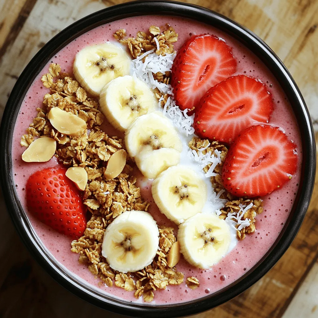 - 1 cup frozen strawberries - 1 ripe banana - 1/2 cup Greek yogurt (plain or vanilla) - 1/2 cup almond milk (or any milk of choice) - 1 tablespoon honey - 1 tablespoon maple syrup - Granola - Sliced fresh banana - Halved strawberries - Shredded coconut - Nuts or seeds For a tasty Strawberry Banana Smoothie Bowl, you need fresh and frozen ingredients. The main ingredients are simple and easy to find. You start with one cup of frozen strawberries. These berries give a cold and creamy base. Next, grab one ripe banana. The banana adds natural sweetness and creaminess. Greek yogurt makes the bowl rich and filling. You can use plain or vanilla yogurt for extra flavor. Adding half a cup of almond milk helps blend everything smoothly. You can also use any milk you prefer. If you like your smoothie bowl sweeter, try adding one tablespoon of honey or maple syrup. They enhance the natural flavors of the fruits. Now, let's talk toppings! Toppings are what make this bowl fun and unique. You can sprinkle on some crunchy granola for texture. Sliced fresh banana and halved strawberries add bright colors. Shredded coconut gives a tropical twist. Lastly, nuts or seeds boost nutrition and crunch. This recipe lets you mix and match, so feel free to get creative! For the full recipe, check the details outlined above. - Combine the main ingredients in a blender - Add 1 cup frozen strawberries, 1 ripe banana, 1/2 cup Greek yogurt, and 1/2 cup almond milk. - If you like it sweeter, add 1 tablespoon honey or maple syrup. - Blend on high until smooth and creamy. - If it’s too thick, add a little more almond milk. - Stir in 1 tablespoon chia seeds. - This gives your smoothie bowl a nice texture and boosts nutrition. - Pour the smoothie mixture into a bowl. - Now, it's time to arrange your toppings! - Start with a layer of granola for crunch. - Add sliced fresh banana and halved strawberries on top. - Finish with a sprinkle of shredded coconut and nuts or seeds. Enjoy your delicious Strawberry Banana Smoothie Bowl! For the full recipe, check out the sections above. To make your smoothie bowl just right, focus on the thickness. If you find the mix too thick, simply add a splash of almond milk. Blend again until smooth. This small change makes a big difference in texture. A great-looking bowl can be fun to make. Start by adding the smoothie to the bowl first. Then, layer your toppings. Use fresh banana slices, halved strawberries, and a sprinkle of granola. Arrange them artfully to create a feast for the eyes. This not only looks good, but also makes eating more enjoyable. Frozen strawberries and chia seeds are key to this bowl. Frozen strawberries pack nutrients and taste great. They give a refreshing flavor while being low in calories. Chia seeds bring extra fiber, protein, and omega-3s. These tiny seeds help you feel full longer. Together, they make your smoothie bowl not just tasty but also healthy. For the full recipe, check out the Strawberry Banana Bliss Smoothie Bowl. {{image_2}} You can change the fruits in your smoothie bowl. Swap strawberries for blueberries, raspberries, or blackberries. Each berry has a unique taste and adds color. You can also mix in spinach or kale. These greens add nutrients without changing the flavor much. They sneak in vitamins and minerals, making your bowl even healthier. If you want a dairy-free option, use plant-based yogurt. Almond, coconut, or soy yogurt works well. They all give a creamy texture. Plus, they add their own flavors to the smoothie bowl. This makes it a great choice for those who are lactose intolerant or vegan. To boost the flavor, try adding a splash of vanilla extract. It gives sweetness without sugar. You can also sprinkle in a bit of nutmeg for warmth. Just a pinch can change the whole taste. These simple tweaks make your smoothie bowl extra special. Feel free to explore these variations to make your smoothie bowl your own! You can find the full recipe to get started. Store any leftovers in the fridge. Use an airtight container for best results. The smoothie bowl can last up to two days. However, the taste and texture may change over time. You can freeze smoothie bowl mixture for later use. Pour the mixture into ice cube trays. Once frozen, pop out the cubes and store them in a freezer bag. This way, you can enjoy a quick breakfast anytime! Enjoy your smoothie bowl immediately for the best taste. Fresh fruits and creamy yogurt offer great flavor when served right away. If you must store it, remember that toppings should be added just before eating. Yes, you can make this smoothie bowl ahead of time. Just blend the ingredients and store them in the fridge. It stays fresh for about a day. When ready to eat, stir well and add your toppings. This makes mornings easy and quick! You can use fresh strawberries and bananas. However, frozen fruits give a creamier texture. If you use fresh fruit, add ice to chill the bowl. This way, you still get that cold smoothie vibe! You have many healthy topping options! Here are some ideas: - Granola for crunch - Sliced fresh banana for sweetness - Halved strawberries for freshness - Shredded coconut for a tropical touch - Nuts or seeds for protein Feel free to mix and match these toppings! They add flavor, texture, and nutrients to your bowl. For the full recipe, check the instructions above. Enjoy! This blog post showed how to make a delicious smoothie bowl. We covered key ingredients like strawberries and bananas, plus yogurt and milk. I shared tips for adding texture and flavor. You learned fun ways to top your bowl and variations for different tastes. In the end, enjoy this smoothie bowl fresh or save some for later. Healthy food can taste great and be fun to make. Give it a try!