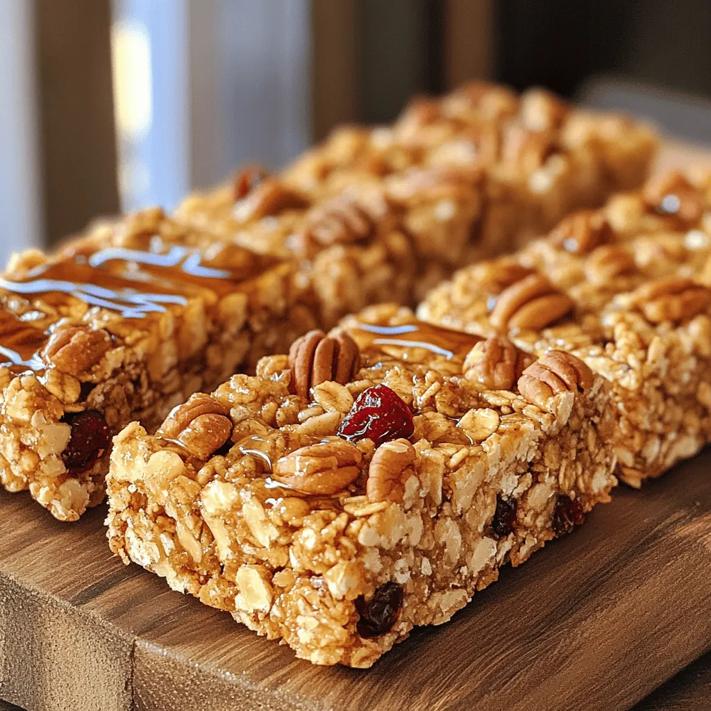 The main ingredients in these bars make them tasty and filling. Here’s what you need: - 2 cups rolled oats - 1 cup pecans, roughly chopped - 1/2 cup almond butter - 1/3 cup pure maple syrup - 1/2 cup honey (or agave syrup for a vegan option) - 1/4 teaspoon salt - 1/2 teaspoon vanilla extract - 1/2 cup dried cranberries (or raisins) - 1/2 teaspoon cinnamon These ingredients come together to form a chewy and crunchy snack. You can customize these bars easily. Here are some fun ideas: - Swap pecans for walnuts or almonds if you prefer. - Use peanut butter instead of almond butter to change the flavor. - Add seeds like sunflower or pumpkin for extra crunch. - Mix in chocolate chips for a sweeter treat. - If you want a nut-free version, use seeds instead of nuts. These swaps keep it fresh and fun! Each ingredient serves a purpose. Here’s what they offer: - Rolled oats provide fiber and energy. - Pecans are rich in healthy fats and protein. - Almond butter adds creaminess and nutrients. - Maple syrup gives natural sweetness and antioxidants. - Honey offers hydration and boosts energy. - Dried cranberries add vitamins and a fruity taste. Together, these ingredients create a snack that is both nutritious and satisfying. For the full recipe, check out Maple Pecan Granola Bars. Start by preheating your oven to 350°F (175°C). This step is key to getting the right texture. Next, grab an 8x8-inch baking dish. Line it with parchment paper, leaving some paper hanging over the edges. This makes it easy to lift your bars out later. In a large mixing bowl, add 2 cups of rolled oats and 1 cup of roughly chopped pecans. Sprinkle in 1/4 teaspoon of salt and 1/2 teaspoon of cinnamon. Mix these dry ingredients well. In a small saucepan, combine 1/2 cup of almond butter, 1/3 cup of pure maple syrup, and 1/2 cup of honey (or agave syrup for a vegan option). Add 1/2 teaspoon of vanilla extract. Heat this mixture on low. Stir until it is smooth and mixed well. Don’t let it boil. Once the mixture is ready, pour it over the dry ingredients. Stir until everything is coated. Lastly, fold in 1/2 cup of dried cranberries or raisins. Transfer your mixture into the prepared baking dish. Use a spatula to press it down firmly in an even layer. Bake in your preheated oven for about 20 to 25 minutes. Look for the edges to turn golden brown. After baking, remove the dish from the oven and let it cool completely on a wire rack. Once cool, use the parchment paper to lift the bars out. Cut them into squares or rectangles. You can store your homemade granola bars in an airtight container at room temperature for up to one week. For the complete recipe, check out the section above. To get the best texture in your granola bars, use rolled oats. They hold together well. When mixing, make sure to coat every oat and pecan with the almond butter mix. Press the mixture firmly into the pan. This helps create a solid bar that won't crumble. A common mistake is not measuring the ingredients correctly. Too much liquid can make the bars soggy. Also, don’t skip the baking step. Baking helps bind the bars together. Lastly, avoid overbaking. Check for a light brown edge to get the right texture. Let the bars cool completely before cutting. This helps them hold their shape. Use a sharp knife for clean cuts. For storage, keep them in an airtight container to stay fresh. They last up to one week at room temperature. For longer storage, try freezing them. Just wrap each bar tightly before freezing. Enjoy your tasty and healthy snack! For the complete recipe, check the Full Recipe section. {{image_2}} You can change the flavor of your granola bars easily. Want chocolate? Add 1/2 cup of dark chocolate chips. This makes the bars rich and sweet. If you want nut-free bars, swap pecans for seeds. Sunflower or pumpkin seeds work well. You can also add coconut flakes for a tropical twist. Maple syrup is a great sweetener, but you have options. Honey gives a nice flavor, too. If you want a vegan choice, use agave syrup. You can also try brown rice syrup for a different taste. Each option gives your bars a unique flavor that you can enjoy. Use seasonal ingredients to keep your bars fresh. In the fall, add pumpkin puree and spice for a cozy taste. In spring, mix in dried apricots or fresh berries. Summer is perfect for coconut or chopped peaches. Each season offers fun ways to twist the recipe. Explore different flavors to find your favorite. For the full recipe, check out the Maple Pecan Granola Bars section. To keep your maple pecan granola bars fresh, store them in an airtight container. This helps keep moisture out and prevents them from getting stale. You can use a glass jar or a plastic container with a tight lid. If you want to pack them for a trip, use parchment paper to separate the bars. This way, they won’t stick together. These granola bars stay good at room temperature for about one week. If you want to keep them longer, freezing is a great option. Wrap each bar in plastic wrap, then place them in a freezer bag. They can stay in the freezer for up to three months. When you're ready to eat, just thaw them in the fridge overnight. Check your bars for any signs of spoilage. If they smell off or have a change in texture, it’s best to throw them out. Look for any mold or discoloration. If they seem dry but smell fine, they are still safe to eat. Trust your senses; if something seems wrong, don’t risk it. Enjoy your treats while they are fresh! Yes, you can make these bars vegan. Just swap honey for agave syrup. Agave syrup works well with almond butter and maple syrup. This change keeps the bars sweet and tasty without any animal products. You can find pre-packaged maple pecan granola bars at most grocery stores. Look in the snack aisle or health food section. Brands like Nature Valley and KIND often have options. You can also buy them online from stores like Amazon or health-focused websites. To make these bars gluten-free, choose certified gluten-free rolled oats. Most oats are processed in facilities that handle gluten. This can lead to cross-contamination. Always check labels to ensure they meet gluten-free standards. Honey is thick and sweet, while agave syrup is smoother and less sweet. Honey offers a rich flavor, while agave has a milder taste. Both sweeteners work well in this recipe, but agave is vegan. Use what you prefer for the best results. For a full recipe on making these delicious bars, check out the complete guide above! In this blog post, we covered how to make maple pecan granola bars. We looked at the main ingredients, optional additions, and the nutritional benefits. You learned step-by-step instructions to mix and bake the bars. I shared tips on texture and common mistakes. You now have ideas for flavor variations and ways to store them. Try making these bars at home. They are tasty and easy to customize. Enjoy your cooking journey!