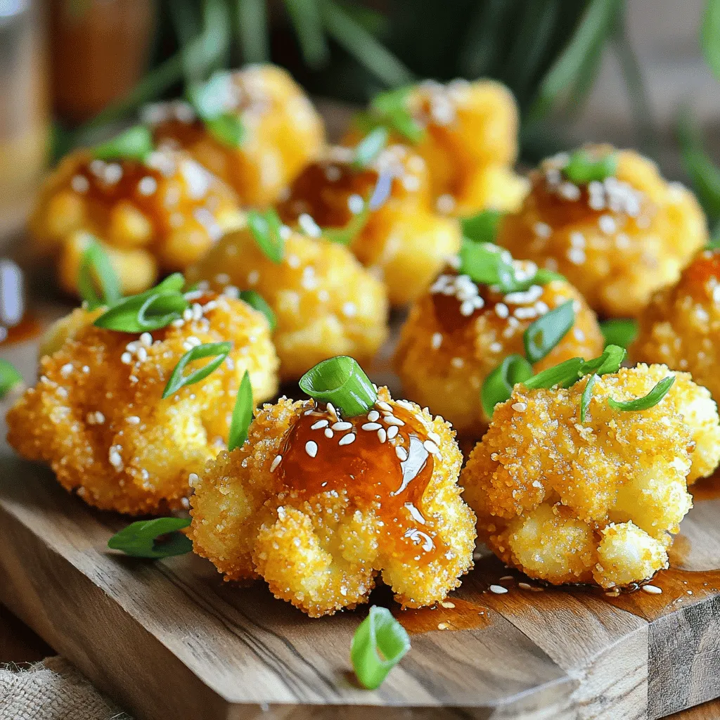 To make Sriracha honey cauliflower bites, gather these simple ingredients: - 1 medium head of cauliflower, cut into bite-sized florets - 1 cup all-purpose flour - 1 cup almond milk (or any milk of choice) - 1 cup breadcrumbs (panko for extra crunch) - 1 tablespoon olive oil - 1 teaspoon garlic powder - 1 teaspoon onion powder - ½ teaspoon salt - ½ teaspoon black pepper - ¼ cup Sriracha sauce - ¼ cup honey (or maple syrup for a vegan option) - 1 tablespoon soy sauce (or tamari for gluten-free) - Chopped green onions and sesame seeds for garnish You can swap ingredients for what you have on hand: - Use coconut milk or oat milk instead of almond milk. - Substitute whole wheat flour for all-purpose for a healthier option. - If you prefer a spicy kick, add more Sriracha to your sauce. - Maple syrup works great if you want a vegan option for honey. To keep your cauliflower bites fresh and tasty: - Choose a firm cauliflower head. It should feel heavy for its size. - Use fresh spices for the best flavor. Old spices can lose their punch. - Store leftover bites in an airtight container in the fridge. - For extra crispiness, reheat them in an oven or air fryer. For the complete recipe, check out the [Full Recipe]. To start, preheat your oven to 425°F (220°C). This keeps the bites crispy. Line a baking sheet with parchment paper for easy cleanup. Next, take a medium head of cauliflower and cut it into bite-sized florets. In a large bowl, toss the florets with one tablespoon of olive oil, one teaspoon of garlic powder, one teaspoon of onion powder, half a teaspoon of salt, and half a teaspoon of black pepper. Make sure all the florets are well-coated. This adds great flavor. In another bowl, whisk together one cup of all-purpose flour and one cup of almond milk until smooth. This will be your batter. Take each floret and dip it into the batter, letting any extra drip off. Then, roll it in one cup of breadcrumbs, making sure it is fully coated. Place each coated floret on the prepared baking sheet in a single layer. Bake in the oven for about 20 minutes. Turn them halfway through for even cooking. They should be golden and crispy. While the cauliflower bakes, prepare the sauce. In a small saucepan over low heat, mix together a quarter cup of Sriracha, a quarter cup of honey, and one tablespoon of soy sauce. Stir until warm and well-mixed. When the cauliflower is done baking, transfer it to a large bowl. Pour the warm Sriracha honey sauce over the bites and gently toss to coat them evenly. A few tips can help you achieve the best coating. First, use panko breadcrumbs for extra crunch. They make a big difference. Make sure the cauliflower is dry before coating. Moisture can prevent the batter from sticking well. If you want more flavor, add more spices to the flour batter. You can also let the coated bites rest for a few minutes before baking. This helps the coating stick better during cooking. For the full recipe, check out the details above. Enjoy your delicious snack! When making Sriracha honey cauliflower bites, avoid these pitfalls: - Not Preheating the Oven: Preheating helps the bites cook evenly. - Overcrowding the Baking Sheet: Give the bites space to get crispy. - Skipping the Coating Steps: The flour batter and breadcrumbs add texture and flavor. - Not Tasting the Sauce: Adjust the spice or sweetness to fit your taste. Using the right tools makes cooking easier. Here are my go-to items: - Baking Sheet: Use a large one to spread the bites out evenly. - Parchment Paper: It helps prevent sticking and makes cleanup easy. - Mixing Bowls: Have a couple ready for batter and coating. - Whisk: A whisk is handy for mixing the batter smoothly. - Tongs: Use tongs for easy flipping and coating of the cauliflower. These bites are great as a snack or party treat. Try these ideas: - With Dipping Sauce: Serve with ranch or blue cheese for a cool contrast. - On a Salad: Toss them on a bed of greens for a spicy crunch. - As a Side Dish: Pair with grilled meats or a hearty grain bowl. - Garnished: Add extra green onions or sesame seeds for a pop of color. For the full recipe of these bites, check out the complete guide above! {{image_2}} If you want a vegan twist, swap honey with maple syrup. This change keeps sweetness but makes it plant-based. You can also use any non-dairy milk. Almond, oat, or soy milk works well. For the batter, ensure you pick flour that fits your needs. Gluten-free flour can substitute all-purpose flour easily. Love heat? Add more Sriracha to the sauce for a fiery kick. You can also mix in chili powder or cayenne pepper. If you prefer a milder taste, reduce the Sriracha. A hint of sweet chili sauce can add flavor without too much spice. Balance is key to keep everyone happy! Get creative with add-ins! Try tossing in some chopped nuts for crunch or sesame seeds for extra flavor. You can also mix in grated carrots or zucchini for added nutrition. Top your bites with fresh herbs like cilantro or parsley for a fresh taste. Each variation brings a new twist to this dish! To keep your Sriracha honey cauliflower bites fresh, place them in an airtight container. Make sure they cool down first. Store them in the fridge for up to three days. This way, you can enjoy the flavors later without losing too much texture. Reheating these bites is simple. Preheat your oven to 350°F (175°C). Spread the cauliflower bites on a baking sheet. Bake for about 10-15 minutes. This method helps restore their crispy goodness. You can use an air fryer, too. Just heat them for 5-7 minutes at 350°F (175°C). If you want to freeze the bites, do it right after cooking. Let them cool entirely first. Place them in a freezer-safe bag or container. They can last up to three months in the freezer. When you’re ready to eat, thaw them overnight in the fridge. Reheat as mentioned above for best results. Keep the flavors fresh by following these steps! To make these bites extra crispy, use panko breadcrumbs. They add a nice crunch. You can also double-bake them. Bake the first time until golden, then coat in sauce and bake again. This helps lock in the crispiness. Don’t crowd the baking sheet; give them space. This allows hot air to circulate and crisp them up nicely. Yes, you can use frozen cauliflower. Just thaw it first and pat it dry. This helps remove excess moisture. When cauliflower is too wet, it won't crisp up well. After thawing, follow the same steps in the recipe. The flavor will still be great, but fresh cauliflower gives a better texture. To make these bites gluten-free, swap all-purpose flour for a gluten-free flour blend. You can also use gluten-free breadcrumbs instead of regular ones. Make sure the soy sauce is gluten-free or use tamari. This way, everyone can enjoy these tasty bites without concern. For the full recipe, check out the details above. We explored ingredients, steps, and tips to make delicious bites. You learned swaps for fresh ingredients and how to store leftovers. I shared common mistakes to avoid and how to make your dish unique. Remember, adjustments in spice and toppings can change flavor. With these insights, you can create bites that everyone will love. Enjoy your cooking adventure!