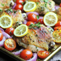 - 4 bone-in, skin-on chicken thighs - 2 tablespoons olive oil - 4 cloves garlic, minced - 2 lemons (1 zested and juiced, 1 sliced) - 1 teaspoon dried oregano - 1 teaspoon dried thyme - 1 teaspoon smoked paprika - 1 teaspoon salt - ½ teaspoon black pepper - 1 cup cherry tomatoes, halved - 1 medium red onion, sliced - Fresh parsley, for garnish