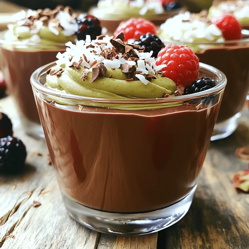 For a rich and creamy chocolate avocado mousse, gather these main ingredients: - 2 ripe avocados - 1/2 cup unsweetened cocoa powder - 1/4 cup maple syrup (or honey) - 1/4 cup almond milk (or any non-dairy milk) - 1 teaspoon vanilla extract - A pinch of sea salt These ingredients work together to create a smooth and velvety texture. Ripe avocados are key because they provide creaminess. Cocoa powder gives the mousse its rich chocolate flavor. Maple syrup or honey offers natural sweetness, while almond milk keeps it light. Vanilla adds depth, and sea salt enhances all the flavors. After you blend the mousse, you can add fun toppings to make it even better. Consider these options: - Shredded coconut - Cacao nibs - Fresh berries These toppings not only add flavor but also a nice crunch or freshness. Shredded coconut gives a tropical touch. Cacao nibs add a bit of bitterness and crunch. Fresh berries, like raspberries or strawberries, bring a pop of color and a burst of sweetness. This mousse is not just tasty; it's also good for you. Here’s a quick look at its nutrition: - Calories: About 150 per serving - Fats: 10g (mostly healthy fats from avocados) - Carbs: 15g - Protein: 2g Enjoying this mousse can be a guilt-free treat. The healthy fats from avocados help keep you full. The natural sweeteners add flavor without refined sugars. Overall, this dessert fits well into many diets while still satisfying your sweet tooth. To make a great chocolate avocado mousse, start with ripe avocados. Here’s how to peel and pit them: - Cut the avocado in half lengthwise. - Twist the two halves to separate them. - Carefully use a spoon to scoop out the flesh. Next, measure your dry ingredients. You will need: - 1/2 cup unsweetened cocoa powder. - A pinch of sea salt. For blending, use a food processor. Here are the steps: 1. Add the avocado flesh, cocoa powder, maple syrup, almond milk, vanilla extract, and sea salt into the processor. 2. Blend on high speed. Stop to scrape down the sides as needed. You want a smooth consistency. This should take about 1-2 minutes. If needed, blend longer until creamy. Chill the mousse in the refrigerator for at least 30 minutes. This helps it firm up. For serving, scoop the mousse into bowls or glasses. Here are some garnishing tips: - Top with shredded coconut for crunch. - Add cacao nibs for a chocolatey bite. - Fresh berries give a nice pop of color. This mousse is not just tasty; it also looks beautiful! Enjoy your rich and creamy treat. To get the best mousse, start with ripe avocados. Ripe avocados are soft, creamy, and blend easily. They give the mousse a rich texture. If your avocados are hard, let them sit on the counter for a few days until they soften. When blending, remember to scrape down the sides of the food processor. This helps mix all the ingredients well. If you don't scrape, you may end up with lumps. Smoothness is key to a perfect mousse. Sweetness is important in this recipe. You can use natural sweeteners like maple syrup or honey. Start with the amount in the recipe, then taste. If it needs more sweetness, add a bit more syrup or honey. Blend again until smooth. Always taste as you go to get it just right. The way you serve your mousse matters. Layer it in clear glass cups for a beautiful look. You can see the rich color and texture. Top with shredded coconut, cacao nibs, or fresh berries for added flair. A sprig of mint on top adds a nice green touch. This makes your dessert not only tasty but also visually appealing. For the full recipe and more tips, check out the [Full Recipe]. {{image_2}} You can make this mousse even more exciting! First, try adding espresso or coffee. This gives a rich flavor that pairs well with chocolate. Just add one shot of espresso to the blending step. Blend until smooth. It adds depth and warmth to every bite. Another fun twist is using peanut butter. Just a few tablespoons can change the taste to a nutty delight. Mix it in with the other ingredients. This gives a creamy texture and adds healthy fats. Your mousse will have a unique twist that everyone will love! If you need a nut-free version, it’s easy to adjust. Simply swap out almond milk for oat milk or coconut milk. Both work great and keep your mousse creamy. Always check labels to avoid any hidden nuts. For those with allergies, you can also use agave syrup instead of maple syrup. This makes it safe for those allergic to certain sweeteners. You can adjust to fit your needs and still enjoy the rich taste. Serving styles can change your mousse experience! Try layering the mousse in parfait glasses. This makes it look fancy and fun. Add layers of fresh berries or granola for crunch. Your guests will be impressed! You can also use the mousse as a filling for desserts. It works well in cakes or as a topping for brownies. The creamy texture adds a rich layer to any dessert. Just spread it between layers or on top. The options are endless! For the full recipe, don’t forget to check the details! To keep your Chocolate Avocado Mousse fresh, place it in airtight containers. Cover the mousse tightly with plastic wrap before sealing. This helps avoid exposure to air and keeps it creamy. Remember, air can cause the mousse to brown. When stored in the fridge, your mousse lasts about three days. Check for any changes in color or smell. If it smells sour or looks darker, it’s time to toss it. Fresh mousse should have a rich chocolate scent and a smooth texture. Yes, you can freeze Chocolate Avocado Mousse! Use freezer-safe containers for storage. Just remember to leave some space at the top, as the mousse expands when frozen. To serve, thaw it in the fridge overnight. Stir it well before serving to restore its creamy texture. Enjoy your delicious mousse again! For the full recipe, refer to the earlier section. Chocolate avocado mousse has a rich, chocolatey flavor. It tastes creamy and smooth. The cocoa brings deep chocolate notes. Unlike traditional mousse, this version lacks eggs. It feels light yet satisfying. You won’t taste the avocado at all. The texture is velvety and thick, perfect for a dessert. Yes, this recipe is great for vegans. It uses simple, plant-based ingredients. The ripe avocados serve as the creamy base. Cocoa powder adds the rich chocolate flavor. Maple syrup provides natural sweetness. Almond milk keeps it dairy-free. This mousse has no animal products, making it vegan-friendly. You can use other sweeteners like honey or agave. Each sweetener changes the mousse's flavor. Honey adds a floral note, while agave is milder. You could also try coconut sugar for a deeper taste. Just remember to adjust the amount to your liking. Always taste as you go to find your perfect match. In this blog post, we explored how to make a rich chocolate avocado mousse. We covered key ingredients, step-by-step instructions, and helpful tips. You learned about variations and storage methods to keep your mousse fresh. This dessert is simple, tasty, and healthy. It offers a fun way to enjoy chocolate while sneaking in good fats from avocados. Try it out, impress your friends, and enjoy a sweet treat without the guilt.