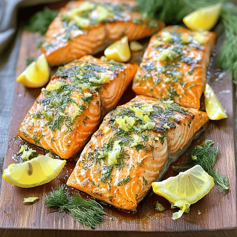 - 4 salmon fillets (about 6 oz each) - 2 tablespoons olive oil - Zest and juice of 1 lemon - 3 cloves garlic, minced - 1 teaspoon fresh dill, chopped - 1 teaspoon fresh parsley, chopped - 1 teaspoon fresh thyme, chopped - Salt and pepper to taste - Lemon wedges - Fresh herbs for garnish When choosing salmon, look for bright color and firm texture. Fresh salmon makes a big difference. The olive oil adds richness, while lemon brightens the dish. The zest gives a strong, fresh lemon flavor. For herbs, fresh is best. They enhance the salmon’s taste. Garlic adds depth and aroma. Dill, parsley, and thyme complement the fish perfectly. Finally, garnish your dish with lemon wedges and extra herbs. This adds beauty and fresh flavor. You can find the full recipe for Lemon Herb Grilled Salmon [here](#). - First, prepare the marinade. In a small bowl, whisk together: - 2 tablespoons olive oil - Zest and juice of 1 lemon - 3 cloves garlic, minced - 1 teaspoon fresh dill, chopped - 1 teaspoon fresh parsley, chopped - 1 teaspoon fresh thyme, chopped - Salt and pepper to taste This mix adds a bright flavor to the fish. - Next, coat the salmon fillets in the marinade. Make sure to cover them well. Place the fillets in a shallow dish and pour the marinade over them. Cover the dish and refrigerate for at least 30 minutes. For more flavor, you can marinate them for up to 2 hours. - Now, it's time to preheat the grill. Set it to medium-high heat. This helps the salmon cook evenly. - Oil the grill grates to prevent sticking. You can use a paper towel soaked in oil or a grill spray. This step is key to keeping the salmon intact while grilling. - Once the grill is hot, carefully place the salmon fillets on the grill, skin-side down. This helps protect the fish while it cooks. - Grill the salmon for about 6 to 8 minutes. The cooking time depends on the thickness of the fillets. Check for doneness: the salmon should be opaque and flake easily with a fork. - Flip the salmon halfway through cooking for nice grill marks. This also ensures even cooking. - After grilling, remove the salmon from the grill. Let it rest for a couple of minutes. Resting allows the juices to settle, making the salmon more tender. Feel free to check out the Full Recipe for more details! Grilling salmon can be fun and simple. Here are some tips to make it perfect. - Ideal grill temperature: Set your grill to medium-high heat. This gives you nice grill marks and helps the salmon cook evenly. Aim for about 375°F to 400°F. - Timing for varying thicknesses: The cook time depends on how thick your salmon is. For fillets that are about one inch thick, grill for 6-8 minutes. Thicker fillets will need more time, around 10-12 minutes. Always check if the salmon flakes easily with a fork. To make your grilled salmon even better, try these ideas. - Adding other herbs or spices: You can mix in herbs like basil or cilantro for a twist. A pinch of paprika can also add a smoky taste. Experiment with what you like! - Suggestions for citrus variations: Lemon is great, but don’t stop there! Try lime or orange juice for a fresh flavor. Citrus adds brightness and pairs well with the fish. If grilling isn't an option, you can still enjoy this dish. - Oven-baking instructions: Preheat your oven to 400°F. Place the salmon on a lined baking sheet. Bake for about 12-15 minutes, or until it is cooked through and flakes easily. - Stovetop options: Heat a non-stick skillet over medium heat. Add a bit of oil and cook the salmon for about 4-5 minutes on each side. This method gives a nice sear and keeps the salmon moist. For the full recipe, check out the instructions above and enjoy! {{image_2}} You can change the flavor of your salmon with different marinades. One fun option is honey mustard. To make this, mix honey, Dijon mustard, and olive oil. This blend adds a sweet tang that pairs well with the fish. Another great choice is a spicy chipotle version. Just add chipotle in adobo sauce to your olive oil and lemon juice. This will give your salmon a nice kick. Both of these marinades are easy to prepare and will excite your taste buds. If you want to switch up the fish, you have many options. Try using trout or mackerel instead of salmon. Both have rich flavors and grill well. They can absorb the lemon herb marinade nicely, too. For a vegetarian option, consider using portobello mushrooms. Their meaty texture makes them a great stand-in for fish. Marinate them just like the salmon and grill until tender. You will enjoy the smoky, herb-infused flavor. Pair your grilled salmon with tasty side dishes. Roasted vegetables or a fresh salad work well. You can also serve it with rice or quinoa for a heartier meal. These sides will complement the bright flavors of the salmon. When it comes to drinks, consider a crisp white wine, like Sauvignon Blanc. Its acidity balances the richness of the salmon. For a non-alcoholic option, serve sparkling water with lemon. This keeps the meal refreshing and light. For the full recipe, check out the [Full Recipe]. To store leftover salmon, place it in a shallow dish. Cover it tightly with plastic wrap or foil. You can also use an airtight container for better freshness. Make sure to refrigerate the salmon within two hours of cooking. This keeps it safe and tasty. Leftover salmon lasts in the fridge for up to three days. You can freeze salmon both before and after cooking. If you freeze it raw, wrap each fillet in plastic wrap. Then, place them in a freezer bag. Be sure to remove as much air as possible. Frozen raw salmon can last up to three months. If you freeze cooked salmon, let it cool first. Wrap it tightly in foil or plastic wrap. Place it in a freezer-safe bag. Cooked salmon also stays good for about three months. When you're ready to eat frozen salmon, thaw it in the fridge overnight. This helps keep the texture nice and smooth. For quicker thawing, you can use cold water. Just put the salmon in a sealed bag and submerge it in cold water for an hour. To reheat grilled salmon, you have a few good options. You can use the oven, stovetop, or microwave. If using the oven, preheat it to 275°F (135°C). Place the salmon on a baking sheet. Cover it with foil to avoid drying out. Heat for about 15 minutes, or until warmed through. If you prefer the stovetop, use a skillet over low heat. Add a splash of water or broth to keep it moist. Heat for about 5 minutes, flipping halfway through. For the microwave, place the salmon on a microwave-safe plate. Cover it with a damp paper towel. Heat in short bursts of 30 seconds to avoid overcooking. No matter how you reheat, check for dryness. Keeping it moist is key to enjoying your leftover salmon. I recommend marinating the salmon for at least 30 minutes. This time allows the flavors to soak in. You can marinate it for up to 2 hours if you want a stronger taste. Just don't go over 2 hours, as the acid from the lemon can make the fish mushy. Grilled salmon should reach an internal temperature of 145°F. This ensures the fish is safe to eat and still moist. You can use a meat thermometer to check the temperature. When it flakes easily with a fork, it is likely ready. Yes, you can use frozen salmon. However, it is best to thaw it before grilling. Cooking frozen salmon directly can lead to uneven cooking. To thaw, place it in the refrigerator overnight. If you are short on time, you can run it under cold water for about 30 minutes. Make sure to pat it dry before marinating and grilling. You now know how to grill salmon perfectly. We covered key ingredients, marinade tips, and cooking methods. I shared ways to elevate your salmon's flavor and explore variations. You learned proper storage to keep leftovers tasty. With these steps, you can enjoy delicious grilled salmon any time. Enjoy experimenting with new flavors and techniques. Happy cooking!